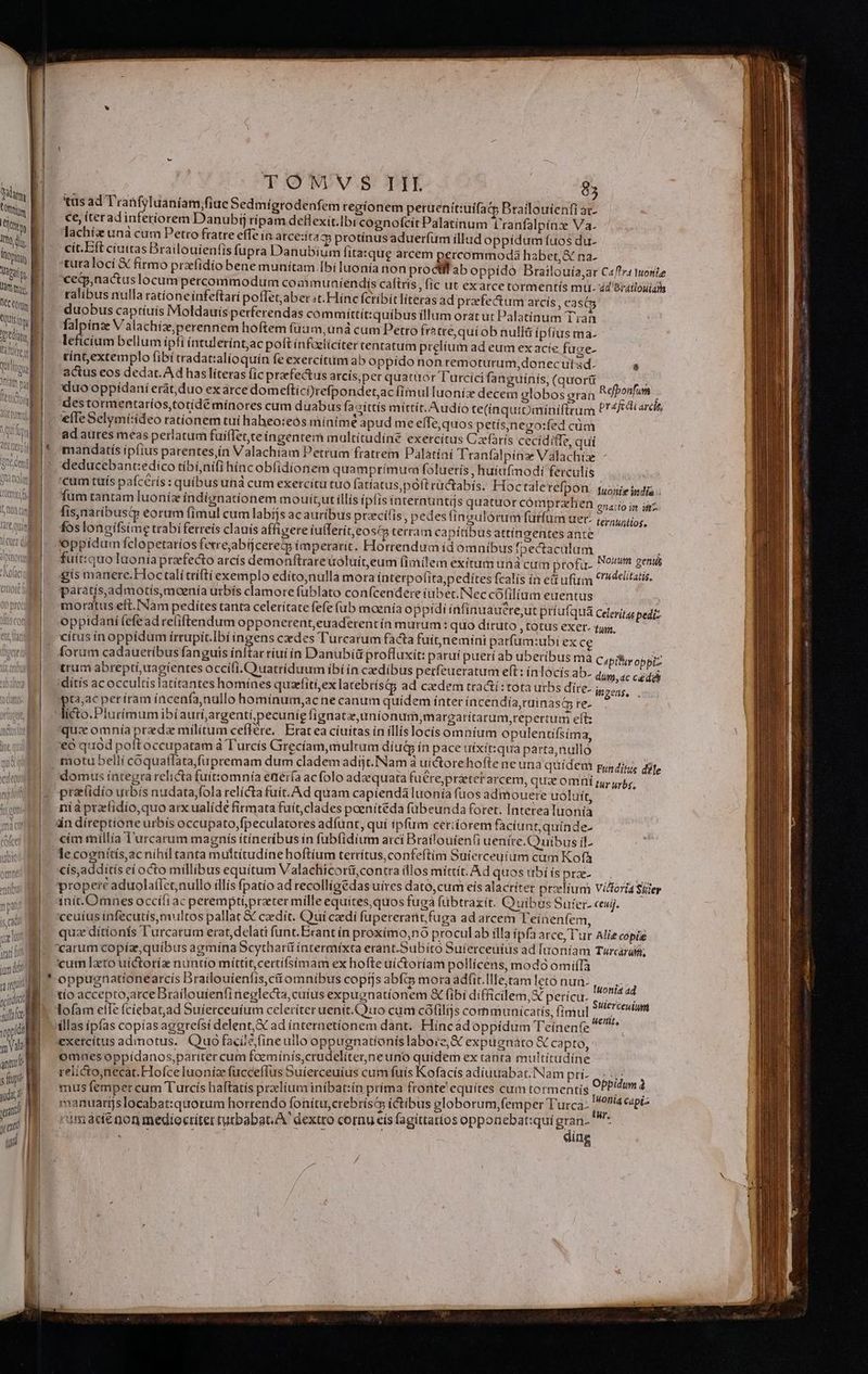 CO 4 fts b Io di. | opis | n [ Tantra flee MU [ quis iy reta Me EB | quilt | € à ! ) l D» n^ eal | e(l BUT | tertii e I Qon tam dO JA. ] SWF | ] v Va m quu yd I i gd | jam TOMVS III $5 tas ad Tranfyluaniam fiue Sedmígrodenfem regionem peruenít:uifac Brailouienfi at- ce, iteradinferiorem Danubij rípam deflexit.Ibi cognofcit Palatinum l'ranfalpínz Va. lachíz unà cum Petro fratre effe in arce:íta protínus aduerfum illud oppidum fuos du- cít.Eft ciuitas Brailouíenfis fupra Danubium fita:que arcem percommodá habet, na- turalocí € firmo przfidío bene munitam.Ibi luonía non proctifab oppídó Brailouía,ar C«/tra uoste cej,nactuslocum percommodum coamuniendis caftris fic ut exarce tormentís mu. dd Brailouiam ralibus nulla rationeínfeftari pofTet,aber t. Hínc fcribit literas ad praefectum arcis, cas ^ leficíam bellum ipfi íntuleríntac poft infuzliciter tentatum prelium ad eum exacíe fuge- tínt,extemplo (ibi tradatzalioquín fe exercítum ab oppído non remoturum,doneculad. actus eos dedat. A d has líteras fic prafectus arcís,per quatiror Tutcici fanguínis, (quorü 22 duo oppídaníerat,duo exarce domeftici)refpondet,ac fimulluoníz decem globos gran RefPonfum destormentaríos,totídé mínores cum duabus faoittís mittít.Audío te(ínquiDminiftrum P'4/cd arcis elTe Selymií:ideo rationem tui habeo:eós mínimé apud me efTe,quos petis;nezo:fed cüm adaures meas perlatum fuifler,te ingentem maultitudiné exercitus Cfàrís cecídiffe, quí mandatís ipfius parentes,in Valachiam Petrum fratrem Palatíaí Tranfalpinz Valachíze deducebant:edico tibí,ni(i híncobíidíionem quamprímur foluerís , huíafmodi ferculís 'Cum tuís pafcerís : quibus unà cum exetcitu tuo fatíatus,poftrüctabis. Hoctalerefpon. quojre indi fum tantam luoníx índígnationem mouiít;ut íllís ípíisinternuntijs quatuor cómprxhen gna:to im im fis,naríbusq eorum fimul cum labiis ac auribus pracítis, pedes (íngulorum fütfum uec. foslongiífsime trabiferreis clauis affiyere iufferít, eost cerram capitibus attíngentes ante oppidum fclopetaríos feereabijcereG (mperarit. Horrendum íd ómníbus fpectacülum Hn ; fuit:quo Iuonia prefecto arcís demonftrareuoluiteum (fimilem exitum unà cim ptofü- diens is gís manere.Hoctalitríftí exemplo edíto;nulla mora ínterpofita,pedites fcalís ín ett ufum eeitans. paratisjadmotís,moenía utbís clamore fublato con(cendere iubet. Nec colilium euentus. moratus eft.INàm pedites tanta celerítate fefe (ub moenía opptdi ínfinuauere,ut príufquá Celeritas pediz oppidani fefead reliftendum opponerent,euaderentín murum: quo dituto , totus exer. ru, cítus inoppídum irrupít.Ibí ingens cedes Turcarum facta fuit;nemini parfum:ubi ex ce forum cadauetíbus fanguis ínftar riui in Danübi&amp; profluxit: paruí puerí ab uberibus mà trum abrepti,uagíentes occífi.C uatriduum íbíin caedibus perfeueratum eft: inlocís ab. dum, ac cede 'dítís ac occultis latítantes homines quzefíti,ex latebrísqg ad cedem tracti :totà urbs dire- ingens, pta,ac periram íncenfa,nullo homínum,ac ne canum quídem ínter incendía,ruinas&amp; re. | licto.Pluríimumibíaurí,argenti pecunie lignatz,unionum,margarítarum, repertum ett: qua omnía przedz militum cefflere. Erat ea cíuitas in illis locís omníum opulentifsíma, €ó quod poftoccupatam à Turcis Girecíam, multum díug ín pace uiíxít:qua parta, nullo | Á maui üídeun rusditus dife domus integra relicta fuit:omnía eaería ac folo adaequata fuére,prtet arcem, quz omni tür urbs, cd Valachíz,;perennem hoftem füam, una cum Petro Íratré, qui ob nullá ipfius ma. &amp; ternunitos. Capifur oppiz nia przfidio,quo arx ualíde firmata fuit,clades poeníteda fübeunda foret. Interea Itionía án díreptioneurbis occupato,fpeculatores adíunt, quí ipfum certiorem faciunt,quínde- ye . ' ' m ? c 24 z  , cim míllía l'urcarum maenis ítíneríbus ín fub(idium arci Brailouíenfi uenire. Quibus il. ís,addítis ei octo millibus equitum Valachicorti,contra íllos mittit. Adquos ubi is pri- propere aduolaflet,nullo illís fpatío ad recolligedas ufres dato,cum eís alacriter prelium Vitoria Siier ínít. Omnes occííiac peremptíprater mille equites, quos fuga fübtrazit. Quibus Sufer. ceuij. ceuíus infecutis,multos pallat &amp; czedít. Quí cedi fupererant;fuga ad arcem 1 eínenfem, — quz ditionfís l'urcatum erat, delati funt.Erant ín proxímo,no proculab illa ipfa arce, l'ur Alie copie 'carum copize,quíbus agmína Scytharit íntermíxta erant.ubito sulerceuíus ad iuontam Turcárain, cum lato uíctoríz nuntío míttit,certífsímam ex hofte uictoríam pollícens, modo omifTa tío accepto,arceDBrailoufeníi neglecta, cutus expugnatíonem &amp; fibi difficilem, X perícu. S lofam ele fcíebat,ad Suíerceufum celeriter uenít.CQuo cum cólilijs communícatis, fimul acd. illas ipfas copías aggre(si delent, &amp; ad internetionem dant. Híncadoppidum Teínenfe exercitus adimotus. Quo facile ,(ineuilo oppugnatíonis labore, X expugnato e capto, omnes oppídanos,pariter cum foemínís,crudelíter,ne uno quidem ex tanta mütiradihe relicto,necat.Hofce luoniz fuccefTus Suíerceuíus cum fuís Kofacis adiuuabat. Nam pri- Obpidum à mius femper cum Turcís haftatís pralíum inibat:ín príma fronte equítes cum tormentis liio, c: manuarijs locabat:quorum horrendo fonítu,crebrís&amp; ictibus globorum,femper T'rca- ur P mácíénon mediocríter turbabat A dextro cornu eís fagittatios opponebat:qui gran. 9^ ding