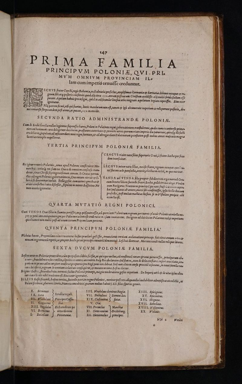 PRIMA FAMILIA PRINCIPVM POLONIZ,QVI.PRÍ, MVM OMNIVM PROVINCIAM iLz lam cum ím perío tenuiffe creduntur, Z E Y yu BCHVS frater Cxecbi,regit Bobemiz,ex Dalmatia profecus amplifimas Germanie € Sarmátie ditiones occupat c» res ue — gnumfibi ata po[leris conftituit: quod alij cirea. s $ o.annum pofl natum Chriffum accidiffe: ali) multà feris facium effe putant. Aquilam habuit pro infigui , quod in edificanda Gnefna urbe nidgnam aquilarum topiamreperiffet. | Bius uxor 8) ignoratur. A25] Fili patrem fecuti etfi qui fuerint, literis tandatum non efl,tamen c ipft obtinuerunt imperium co reliquerunt pofleris , dos nec uniuerfa flirps tandem poft annos,ut putant, s o intercidit, SECVNDA RATIO ÀDMINISTRANDE POLONIX. Cum de Lechi faniilia nullus legitimus fupere[fet heres, riorum bominum catu delegerunt duodecim, prafta erudeliorés, populum ad inftituendam noui regni fo. licentia exemplis impellerent. Poloni in Palatinos regni gubernationem tranftulerunt quales tum ex uniterfo primds ntes autoritáte cy potentia uiros: quorum etiam imperio diu paruerunt, quoufa, illi facti rmám, € ád abrogandami Palatimorum poteftatem poft inultós annos inufitatis magna TERTIA PRINCIPVM POLONI&amp; FAMILIA. r CRA CVS niaior natu filius fuperioris Craci,à fratre Lecho per frau dem interficitur, Sic igitur remotis Palatinis , noua apud Polonos conffituittr Mo» | LECHWVS in narchiá : totiutg rei fima Craco de omnium confenfu mans datur ,cirea Chrifli feptingentefimum annum. Is Cracus pertrds clus ad regni Polonici gubernationem, Cracouiam extruit cxil, à V AND A uel VENDA filia propter fübditorum ergd mortui Cras lam à fe denominari uoluit. Bellá geftit cum uicinis gentibus cj cum benenol'étiam fuccedit fratri Lecho,pulcberrina uirgo. Verum etate confectus é uita difcefiit ; fepultüs in monte LafJotino. No cum Rutigarus Teutonicus princepi(qui eará fru[lrà uxorem men uxoris ignoratür; inor natu filius, occifo fratre,regnum occupat:quo)! tas mé ffatim cede patefacla amitiit,cóietlus in exiliái, in quo moritur. €upies bat)infatuatus ab amore mortz fibi confciffet, ipfa à bello donum profeca , poft inultás maclátas hofliás fe in Viflulam progjcit : ubi extincia eft, QVARTA MVTATIO REGNI POLONICI Curi V EN D A Cracifilia in flumine perijffetnea quifquam e[fet,ad quem iure Polonicum regnum pertineret: placuit Polonis utreiecta nu; per c pent iám antiquata regni per Palatinos admini[lrandi ratio in ufum reuocaretur, Sicigitur ad duodecim Palatinos redyjt imperium; quod támen non multà poft ad unum iterum Prxemislaum peruenit, QVINTA PRINCIPVM POLONI£&amp; FAMILIA: Plebeius horto , Przemislaus cim vem contra bofles praclaré gefsiffet , renunciatut omnium acclamatione princeps fuit circa annum 760: . : . . e T » £034 DK 4 nouum cognomienta reperit,ut propter Lechi primi priicipis memorià deminutiue. Lefcbus diceresur , Mortis tai idé nullos reliquit liberos SEXTA DVCVM POLONIX FAMILIA. Lefcu unus ex Polonie proceribus,cum propofita coditio fuiffet,ut qui equo uectus, ad conflitutd metam primus peruenifTet , principatum obs Sisi ti : Vt rA rie ah tineret fraudulento vfus confilio,cópetitores omnes anteuertit. Ita Rex declaratus:fed flatim , €um de dolo cenar: Lmifert tracidatus ims perium ir primo aditu teirpiter amifit:ut propterea pro Regi poni non debeat. Sed ewm alitis ir curfu proxime infecutus , in tenui familia na tut c lolefcens,regnum de omnium ioluntate confequitur, co mutato nomine Lefcus dicitur. RE im ca Tiigitur Lefcu:, fecundus buius nomnis factus Polonie princeps, mágna moderatione gefsit imperium . De Imperij uerà c5-de uite ipfiusdius turniiate literie nibil traditum eff. Bius uxor ignoratur. x » i | ELLIVS Lrfci fecundi, Lefeus tertius, fuccedit patri;in regno Polonico , moritur pofl rem aliquandiu laudabiliter adminiflratamvelidlis y ut Poloni fcribunt, plurimis liberis, Nam ex concubinis(quarum multas babuit) XX.filios fpurios genuit, X. $emianus | IU Fratisaus dominus Rugie. XIIIL Spicigneut. 1X. laxa Sordbie reguli. VIL Pribislaus : Domini Lis X V. Spicimirus. ATL WAladisaus 1. Principes Caffus P4254 Ciefrimirus fatie. XVL Gbigneus. IL Cazmirus i Lie. V. Otd, DI XVII. Sobeslaus, . XIIL Bogdalus | Exbareditate pa VIII. Premislus Marchie XVI. Vifsimirus. Vl Barmimus ternadomimi XI. Ziemmouitus Brádeburg. | XX. Wisaur: l«- Bolelaw Pomeranie, XIL, Ziemomislus .J principes;