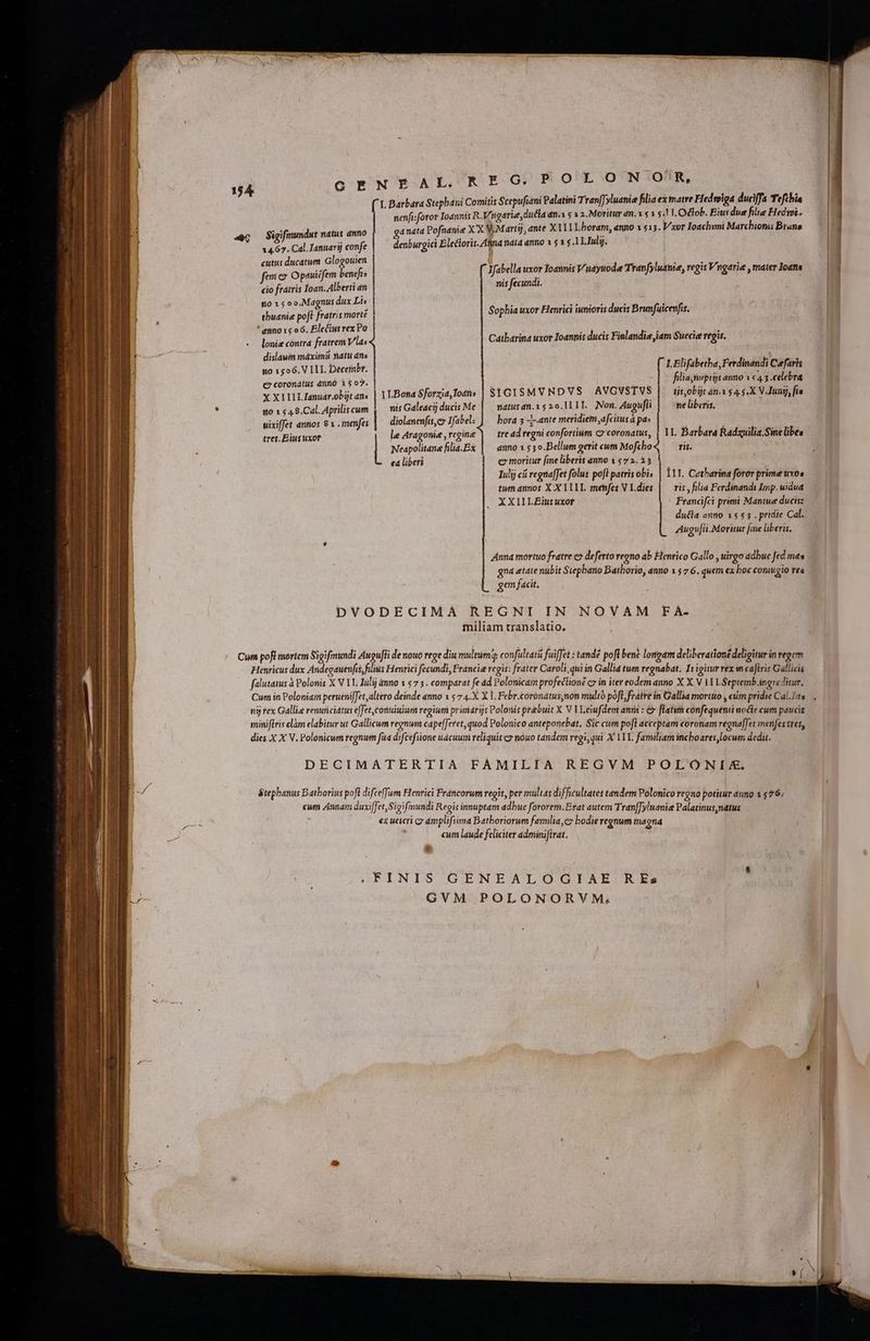 C E NE AL. KR EG. POLON OR, [ I. Barbara Stepbani Comitis Scepufiami Palatini TranfJyluanie filia ex matre Hedwoiga duciffa Teftbia 54 nenfi:foror Ioannis R.Vngarie,dutia an. 5 2. Moritur an. 1 5 s. 1L OGlob. Eiusdue filie Hedwi- ga nata Pofnanie X X V.Martij, ante Xl1I Lhoram, anno 1 515. V xor Ioachwmi Marcbiomi Brana Sigifmundus natus anno : Uu. p denburgici Electoris. Afna nata anno » $1 $ ALJulyj. 14.67. Cal. Ianuarij confe cutus ducatum Glogouien femi co Opauicfem e cio fratris Ioan. Alberti an n0 1 5 oo. Magnus dux Li: tbuanie poft fratris mortz anno 15 o6. Electus rex Po Ws lonis contra fratrem V/las N' ; dislaum máximit natu dna : no 1506. V LLL. Deceiibr. e» corondtus dnnó 1502. X XIII Zanüar.obüjt ans Yfabella uxor Ioannis Vudyuode Tranfyluamia, regis Vngarie , mater Iona nis fecundi. Sophia uxor Henrici iunioris ducis Brunfuicenfis, Catharina uxor Ioannis ducis Finlandie iam Suecie regis, L.Elifabetha, Ferdinandi Cafaris filiayiupigs anno 1 «4 3 celebra 1LBona Sforzia,foaàs | SIGISMVNDVS | AVGVSTVS |. üisobijr án. $4. 5.X V Jung), fis  80 1 5 48.Cal. Aprilis cum nis Galeacij ducis Me natus dn.1520.1l j L Non. Augufii ne liberis, wixiffet annos € 1 . menfes diolanenfis,co Jfabel: ] — bora 5 -7-.ante meridiem ,Afcitus á pas | / tres. Eius uxor le Aragonie,regine |) — tre 4d regni confortium co coronatus, | 11. Barbara Radzyilia.Sine libes | Neapolitanefilia.Ex | | anno 1 $3o.Bellum gerit cum Mofcho ris. ed liberi cx moritur fine liberis anno 1 $72.35 Iulij cá regnaffet folus po[l patris obis | 111. Catharina foror prime uxoa tym annos X X 111L. menfes VI.dies | — ris, filia Ferdinandi Imp. uidua XXIILEius uxor Francifci primi Mantue ducis: duca anno 1553 . pridie Cal. Augv[li.Moritur [ime liberis. Anna mortuo fratre e deferto regno ab Henrico Gallo , uirgo adbuc fed mas gna etate nubit Stepbano Batborio, anno 1 57 6. quem ex boc coniugio res gem facit. DVODECIMAÁ REGNI IN NOVAM FA- iiliam translatio. Cum pofi mortem Sigifmundi Anja denouo rege diu multum, confultatà fuiffet : tandé pofl bent longam deliberationz eligitur in regem Henricus dux Andegauenfis, filiis Henrici fecundi, Francie regis: frater Caroli, qui in Gallia tum regnabat. Is igitur vex w caflris Gallicis falutatus à Polonis X V LT. lulij anno 1 $7 5. comparat fe ád Polonicam profectione c» in iter eodem anno X X V 11 L.Septemb.ingreditur. nij tex Galli renunciatus effet, conuiuium regium primarijs Polonis prebuit X V Vi.eiufdem ania : &amp; [latim cónfequenti nocte cum pauci miniflris clám elabitur ut Gallicum regnum capefJeret, quod Polonico anteponebat. Sic cum poft acceptam coronam regna[fet menfes tres, dies X X V. Polonicum regnwm faa difcefsione uácuum reliquit cy nóuo tandem regi, qui X 1L. familiam inchoaret,locum dedit. DECIMATERTIA FAMILIA REGVM POLONIX. Stephanus Datborius pofl difcefJum Henrici Práncorum regit, per multas difficultates tandem Polonico regno potitur anno 1 $76; cum Annam duxi[fet,Sigifmundi Regis innuptam adbuc fororem. Erat autem TranfJyluanie Palatinus,natus ex ueteri c dmplifsima Batboriorum familia, bodie regnum magnd cum laude feliciter adminifirat. .FINIS GENEALOGIAE REs GVM POLONORVM,