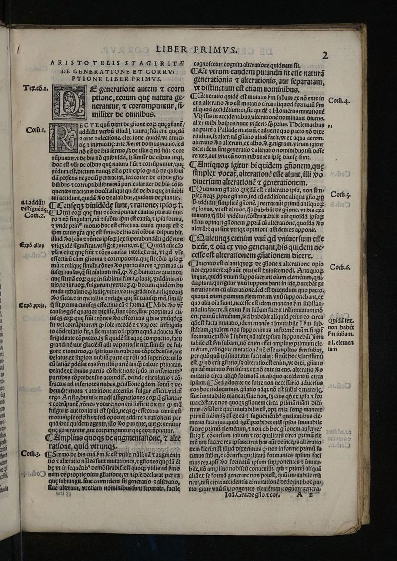 ARISTOTELIS STAGIRITÉE E generatione autem ⁊ coꝛru 2| Rr WS ptionc,cozum que natura ge 2 A nerantur, ⁊ coꝛrumpuntur, fi —militer de omnibus. | R NE C E quii Grit de gñone eoꝑ que gñant᷑ Com̃ i. 3 addidit verbii illud [natura jii eni qugdã SE arie «electione. electione quidé/yt amici/ eig ⁊ inimicitic:arte o / vt oomus/aauis.íed In eſt de his ſermo, ſʒ de illis q nã fiũt «coz Π T hdi 2 at. addũt / diſtiguẽdę, Com̃. 2. | | (, Amplius quoq oe augmentatione, alte | Coi; fiae alterum, vt etiam nominibus funt ſeparata, facile ; 3MÉ ui cognofcetur cognita alteratione quidnam (it, ¶ Et vtrum eandem putandũ fit eſſe naturã generationis alterationíe, aut ſeparatam, vt diſtinctum eft etiam nominibus, ¶ Generatio quidé eft mutauio Pm ſubam ex nó ente in ens: alteratio 22ο eft mutatio circa aliquod foꝛmatũ $m aliquod accidétium ei, ſic quidé « Homerus mutationẽ VIxſſis in accidentibus / alterationẽ nominauit dicens. alter mihi hoſpes nunc videris q; pꝛius. T'bclemacbue ad patrẽ a Pallade mutatũ.⁊ aduerte quo pacto nó dixe rit alius, ſʒ alter:nã gñatio aliud facit / yt ex aqua aerem. alteratio o alierum, ex albo.vᷣ.g.nigrum. virum igitur dicit idem ſint generatio ⁊ alteratio nominibus tm̃ diffe rentes,aut vna cũ nominibus res ipfe diuiſę (unt. Antiquoꝝ igitur hi quidem gñonem, que implex vocat, alterationẽ effe aiunt, illi po diuerſum alterationẽ ⁊ generationein. 6 Quoniam gñatio quędã eft « alteratio ipfa, non fim plex neqʒ ꝓpꝛie gñ atio, ſed cũadditione aliqua gño, ꝑꝑ D addiditi fimplicé giioné, | narrat aũt primirantiquozz opionee, vt eft ei mos, qs babebát de giione. vt his exa minatis /q̃ fibi vidẽtur / cõſtruat.dicit aũt quoſdã ipfozz dem opinari gñonem ꝓpꝛiã cũ alteratione, quoſdã vᷣo alterũ:⁊ qui (int vtriqʒ opinioni affidentes apponit, ¶ Quicunq; etenim vnũ qd vniuerſum eſſe diclit, ⁊ ola ex vro generant. his quide me^ ceſſe eſt alterationem gñationem dicere. ¶ Intentio eft ei antiquoꝝ oe gione ⁊ alieratione opio nes exponere:qð aũt dicit / eſt huiuſcemodi. Antiquog inquit, quidã vnum ſuppoſuerunt oium elemẽtum, qui / dá plura. qui igitur vn ſupponebant in ide, ducebãt ge quoniã enim pꝛimum elementum vnũ ſupponebant, ex quo alia oia fiunt, neceſſe eft idem maneas fin ſubſtan⸗ tiã alia facere.ſi enim fi ſubam fucrit irãſmutatum / nõ erit pꝛimũ elemẽtum, ſed habebit aliquid pꝛius eo circa qʒð eft facia mutatio, idem manẽs ⁊ ĩmutabile T Pm fub: ſtãtiam, qualem nos ſupponimus in foꝛmẽ mãm.ſi igit foꝛmatũ exiſtẽs Τ ſubm(e nã tale ipfum ſupponebãt) ĩmu tabile eft Pm ſubam, nõ enim eiſet amplius pꝛimum ele: mẽtum, relinꝗtur mutationẽ nó e(Te amplias fm ſubaz, per quá quii trãſmutatur facit alia: fi aũt hoc ſclariſſimũ eſt / q nó erit gñatio, ſʒ alteratio.eft enim, vt dixi, gñatio quidé mutatio Pm ſubaʒ ex nõ ente in ens, alteratio vo mutatio circa aliqð foꝛmatũ in aliquo accidentiũ circa ipſum.¶ Sed aduerte ne foꝛte non neceſſario aduerſus eos hoc inducamus.giiatio náq5 nõ cft ſubti ⁊ materie, fiuc imutabilis maneat / ſiue non, (5 eius qð ex ipfa ⁊ foꝛ ma cõſtat.⁊ nos quoqs gionem circa pꝛimã mam dici / pꝛimũ fubm:fs tñ ex ea ⁊ ſaꝑueniẽtibꝰ qualitatibus ele / menta facimus.quid igit pꝛohibet etiã ipfos ĩmutabile fitigit cõcurſum talium ⁊ tot qualitatũ circa pꝛimũ ele metum facete res ipfas:circa has atit deinceps alteratio nem fieri:niſt illud dixerimus ꝙ nos informe pꝛimũ fa cimus fub, cõcurſu qualitatũ foꝛmantes ipfam faci mus res.ipſt ovo foꝛmatũ ipfam fapponentes « ĩmuta⸗/ bile, nõ amplius nobiſcũ conucnitit. qm̃ ⁊ pꝛimũ aliquá aliã ex fe foꝛmã generare non poteft, quũ ĩimutabile ma , uta tio igitur vnũ ſupponentes elemẽtum ſcogů dr genera. * Ioa. Gra.de gio.t Cor, 3- Com̃ 5. Com̃. 6. non habet zm ſubam. a. l. elemen tum |