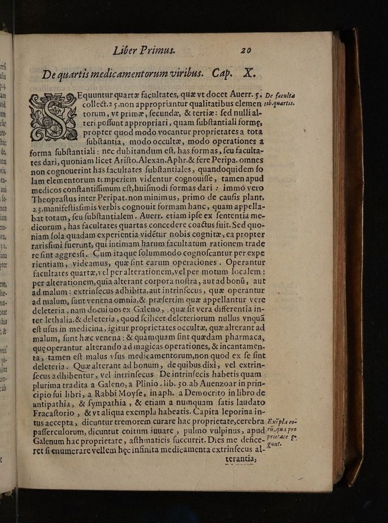 Liber Prisaus. : 20 De quartis medicamentorum viribus. Cap. X. P» torum, vt prime ,fecundz, & tertiz: fed nullial- teri poffunt appropriari, quam fubftantiali forme; propter quod modo vocantur proprietatesa tota fübí(tantia, modooccultz, modo operationes a forma fuübftantiali : nec dubitandum eft, has formas, feu faculta- tes dari, quoniam licet Arifto.Alexan.Aphr.& fere Peripa. omnes non cognouerint has facultates fubftantiales, quandoquidem fo lam elementorum tcmperiem videntur cognouiffe, tamen apud medicos conftantiffimum eft;huifmodi formas dari : immo vero Theopraftus inter Peripat.non minimus, primo de caufis plant. 2.3.manifeftisfimis verbis cognouit formam hanc, quam appella- bat totam, feu fübftantialem . Auerr. etiam ipfe ex fententia me- dicorum , has facultates quartas concedere coactus fuit. Sed quo- niam fola quadam experientia videtur nobis cognitz, ea propter tarisfimi fuerunt; qui intimam harum facultatum rationem trade re fint aggresfi..- Cum itaque folummodo cognofcantur per expe rientiam ,-. videamus, quz fint earum operaciones . Operantur facultates quarta, vel per alterationem,vel per motum localem: per alterationem,quiaalterant corpora noftra, autad bonü, aut ad malum: extrinfecus adhibita,aut intrinfecus, qus operantur ad malum, fant venena omnia, & praferum qus appellantur vere deleteria , nam docuiuosex Galeno, .qua fit vera differentia in- ter lethalia,& deleteria , quod fcilicet deleteriorum nullus vnqu& eft ufus in medicina, igitur proprietates occulte, quz alterant ad malum, funt hac venena: & quamquam fint quzdam pharmaca, queoperantur alterando ad magicas operationes, & incantamen- tà, tamen eft malus vfus medicamentorum,non quod ex fe fint deleteria. Qui alterant ad bonum, dequibusdixi, vel extrin- Íecus adhibentur, vel intrinfecus | Deintrinfecis habetis quam plurima tradita a Galeno; a Plinio .lib. 30.ab Auenzoar in prin- cipio fui libri,a Rabbi Moyfe, inaph. a Democrito inlibro de antipathía, & fympathia , & etiam a numquam fatis laudato Fracaftorio , &vtaliqua exempla habeatis. Capita leporina in- Galenum hac proprietate , afthmaticis fuccurrit. Dies me defice- ret fienumerare vellem hecinfinita medicamenta extrinfecus al- terantia;
