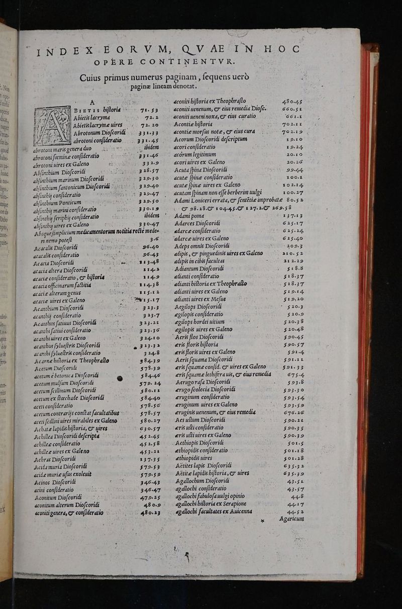 nil; INDEX A DA | pizTis biflorit ^ « 71. $5 ; || Abictis lacryma 72.2 ; ? Abictislacryme uire$ 72. 20 Tt Abrotonum Diofcoridi 331.33 | 7 (5. £'32154 abrotoniconfiderdtio —— 331.45 abrotom maris gerer duo ^ ., ibidem abrotoni fcmina confidcratio 231.46 sbrotoni uires ex Galeno T 3329 Abfintbium Diofcoridi 328.57 abfintbium marinum Diofcoridi 329.30 ab/intbium fantonicum Diofcoridi 329.40 abfintbif confideratio (31547 ab/intbtum Ponticum 329.50 abjintbig marini cor/ider atio 33019 ebfinihu feripbij conjideratio uei ibidem abMinilip ares ex Galeno Davos v 33047 Abigue fimplicium medicantettorum notitia recte medee ni nemo poteft : 3.6 Acacalis Diofcoridi 96.40 ac ac alit con[ideratio uns $96.43 Acaci Diofcoridi 4:33 € 213.48 ac acia altera Diofcoridi R14 acacie confideratio , c7 bifloría 114.9 acacis officinsrum factitia t0 114438 acácie alterum genus 115.12 acacie uires ex Galeno NE - VZML, Acantbiam Diofcoridi jb s 223. acantbij confideratio UA 323.7 Acantbis fatiuus Diofcoridi 32j.21 acantli fatiui confideratio 313.36 ac antbi uires ex Galeno Lx 314.10 acsbus fylueftrrit Diofcoridi 203 13.35 ac anibi fylueftris con/ideratio 324.8 Acartie biloria ex Tbeopbratflo 384.39 Acctum Doofcoridi $78.39 acctam e bctoric a Diofcoridi P $84.46 accum mulfum Diofcor:di $79.14 acetum fcillinum Diofcoridi $80.11 accium ex flacbade Diofcoridi $84-40 accti con[lderatio $78.56 acetum contrarijs conftat facultatibus $78.57 accti fcillini uires mirabiles ex Galeno 580.27 Acbate lapidis bifloria, e uires 630.57 Achillea Diofcoridi defcripta 4.5 2-45 achillee confideratio 452.58 achille.e uires ex Galeno 453.21 Achr.t Diofcoridi 137.3$ Acid muri4 Diofcoridi $79.53 acide muris ufus exolcuit $79.59 Acinos Diofcoridi 346-43 acini confideratio 346-47 Aconitum Diofcoridi 479.25 &conitum alterum Diofcoridi 480.9 «coniti genera, C7 con/ideratio 480.13 &coniiti bifloria ex 'Tbeophrafto 480.45 aconiti uenenum, € cius remedia Diofc. 660.51 aconiti ueneni noxa, €7* elus curatio 661.1 Acontie bifLoría 5702.11 «conte mor(us note , «7 eius curd 79:19 , Acorum Diofcoridi defcriptum : 19.10 acori con[ideratio 19.24. |. acorum lcgitimum 20.10 acori uires ex Galeno 20.26 Acuta fpina Diofcoridi 99.44. acute [pine con[ideratio 100.1 acute fpine uires ex Galeno X924 acutam [pinam non effe berberim uulgi 100.27 Adami Loniceri errata, ev fentétiee inprobate 80.52 €7 98.39.72 104.45. 1 27. 24 269.58 Adami poma i-137:.173 Adarces Diofcoridi 625.17 «darce con[ideratio 625.214 'adarce uires ex Galeno 615.40 Adeps omnis Diofcoridi 209.7 adipis , ez pinguedinis uires ex Galeno aro. $2 adipis in cibis facultas , 212.29 Adiantum Diofcoridi — /. $18.8 «diatiti con[ideratio $18.37 adianti biftoria ex Theophrasto . $18.37 adianti uires ex Galeno $19.14. adianti uircs ex Mefue | $19,20 Acgilops Diofcoridi j *-$20.3 &gilopís con[ideratio $20.9 egilops bordei uitium 520.38 &gilopis uires ex Galeno $20.48 ' Acris flos Diofcoridi ( $90-4$ eris floris bifLoria $90.57 a&ris floris uires ex Galeno $91.4 Aeris [quama Diofcoridi $91.11 eris [quame con[id. ex uires ex Galeno $91.33 eris [quam lethifera uis, cz eius remedia 675.4 Acrugo raf Diofcoridi . $938 «rugo fcolecia Diofcoridi $93.30 evuginum con/ideratio $93.54 eruginum uires ex Galeno $93.59 eruginis uenenum, e eius remedia 676.26 Aces ustum Diofcoridi $90.2t «ris usti confideratio $90.35 eris usti uires ex Galeno $90.39 . Aethiopis Diofcoridi $01.5 etbiopidis con/ideratio . $01.18 etbiopidis uires $01.28 Aetites lapis Diofcoridi 635.32. Aétite lapidis bifLoria, e uires 635.39 Agallochum Diofcoridi dnce agallochi confideratio 43.57 4gallocbi fabulofa uulgi opinio 44.8 agallochi bistoria ex Serapione 44.17 «gallochi facultates ex Auicena 44-5 2 Agaricunt