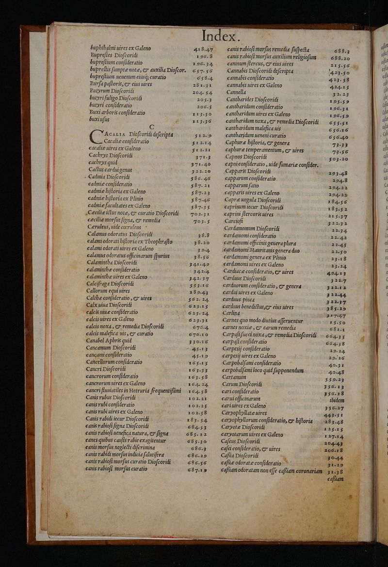 buphbtbalmi uires ex Galeno Bupre[ies Diofcoridi bupreflium confideratio buprestis fumpte note, e auxilia Diofcor. bupreflium uenenum eiusq; curatio Burfa paftoris, ez eius uires Butyrum Diofcovidi butyrifuligo Diofcoridi butyri confideratio Buxi arboris confideratio buxiufus C Acaria Diofcorididefcripta Cacalie confideratio cacalie uires ex Galeno Cacbrys Diofcoridi cácbrys quid Cactus cardui genus . Cadmia Diofcoridi cadmie conjideratio cadmie bijlovia ex Galeno cadiie bijloria ex Plinio cadmiz facultates ex Galeno ,C«cilie iclus note, cz curatio Diofcoridi cecilie morfus fina, ez rentedia Ceruleus, uide coeruleug. Calamus odoratus Diofcoridi calami odorati biflovia ex 'Tbeopbrafto calami odorati tires ex Galeno calamus odoratus officinsrum fpurius Calamintba Diofcoridi calamintbe confideratio calamintbe uires ex Galeno Calcifraga Diofcoridi Callorum equi uires Caltbe con[idevatio , ez uires Calx uiua Diofcoridi - calcis uiue confideratio calcis uires ex Galeno calcis ttoxa , ez remedia Diofcoridi calcis malefica uis , ez curatio Canabel Apbris quid Cancamum Diofcoridi cancaii confideratio Caiicellorum confideratio Cancri Diofcoridi cancrorum confideratio cancrovum tires ex Galeno cancri fluuiatiles in Hetruria frequentifüimi Canis rubus Diofcovidi canis rubi conJideratio canis ubi uires ex Galeno Canis rabidi iecur Diofcoridt canis rabiofi figna Diofcoridi canis rabiofi uenefica natura, c7 figna canes quibus caufis vabie exagitentur canis morfus neglecti difcrimina catiis rabidi morfus indicia falutifera canis rabiofi morfus curatio Dio[coridi caus rabio[i morfus curatio 418.47 196.8 196.34. 657.56 658.4. 281.31 204. 54. 205.3 206.$ 113.30 113.36 $12.9 $12.14. 512.21 371.3 371.409 322.20 $86.46 $87.21 587.23 $87.46 587.35 702.31 793.5 38.8 38.20 394 38.56 341.49 34244. 347.37 553.16 189.45 562.24 623.15 623.24. 623.31 6735.4. 676.10 330.16 - 4«$.13 45.19 165.15 163.33 164.24. 164.58 102.21 102.25 102.58 183.54. 684.53 685.12 685.30 686.3 686.29 686.36 687.19 canis rabioft morfus remedia fufpecta canis rabiofi morfus auxilium religiofunt caninum flercus, e2* eius uives Cannabis Diofcoridi defcripta cannabis confideratio . cannabis uires ex Galeno Cannella Cantbarides Diofcoridi cantbaridum confideratio cantbaridum uires ex Galeno cantbaridum noxa , ez remedia Diofcoridi cantbaridum malefica uis cantbaridum ueneni curatio Caphure bifloria, e» genera caphure temperamentum , ez uires Capnos Diofcoridi capni confideratio , uide fumarie confider. Capparis Diofcoridi capparum confideratio capparum fatio capparis uires ex Galeno Capre ungula Diofcoridi caprinum iecur Diofcoridi caprini fLercoris uires Carciofi Cardamomun Diofcoridi cardamomi confideratio cardamomi officinis generaplura -cardamori Mauritanis genera duo cardamomi genera ex Plinio xardamoni uires ex Galeno Cardiace confideratio, ez uires Carduus Diofcoridi carduorum confideratio , ex genera cardui uires ex Galeno carduus pinea carduus benedictus,ez eius uires Carlina Cartes quo modo diutius a[Jeruentur cárties noxie , € earum remedia Carpafi fucci noxa , c7 remedia Diofcoridi carpafi confideratio Carpcsij confideratio carpesij utres ex Galeno Carpobalfami confideratio carpobalfami loco quid fupponendum Cartamum Carum Diofcoridi cari confideratio carul officinarum cari uires ex Galeno. Caryopbyllate uires caryopbyllorum confideratio, ex bifloria Caryot«&amp; Diofcoridi caryotarum uires ex Galeno Cafeus Diofcoridi cdfei con[iderátio, e» uires Cafiia Diofcoridi 3 cafsie odorat:e con[ideratio:- ^ 688.5 688.20 215.56 (4.23.80 423.58 424.15 32.23 195.59 196.31 196,59 655.51 656.16 656.40 73:33 73:56 $03.20 293.48 294.8 294.22 294.29 184.56 183.52 215.37 $22:32 22.34. 22.4.2 22.45 22.50 23.18 23.24. 494.13 3221.3 322.12 32744 322327 385.29 GrTuT 15.50 681.1 664.35 664.58 29.24. 29.26 40.31 42.4.8 559.23 356.13 356.18 ibidem 356.27 443.51 283.48 225.1$ 127.4 20443 206.18 3044