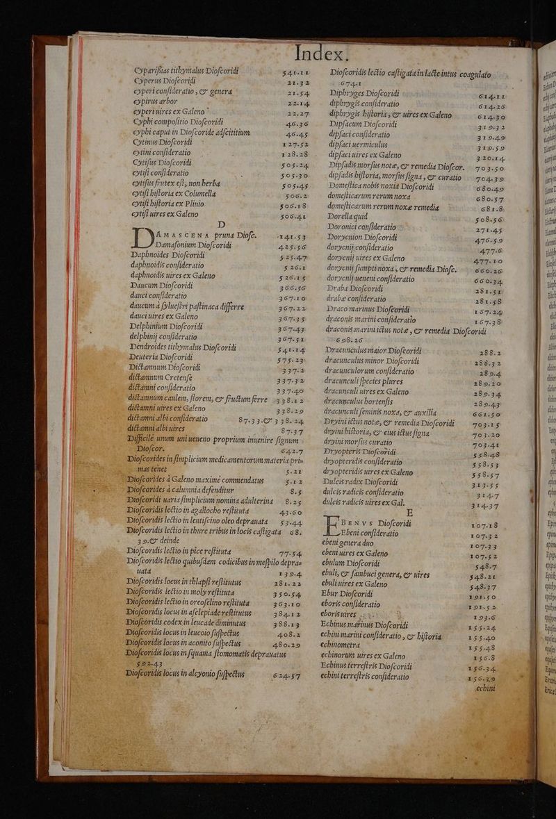 ——— RÓ—Á— Cyparifsias titbyrialus Diofcoridi Cyperus Diofcoridi cyperi confideratio , c genera 21.54. cypirus arbor 22.14. cyperi uires ex Galeno ^ 22.27 Cyphi compo/itio Diofcoridi 46.36 eypbi caput in Diofcoride adfcititium. 46.45 Cotinus Diofcoridi — : 127.52 eytiniconfideratio — | . : 128.2 Cotifus Diofcoridi 505-24 cytifi confideratio $05.30 cytifüs frutex ef-, non berba 505-45 cytifi bifToria ex Columella $06.2 ctifi bifloria ex Plinio $06.18 c)ti/i uires ex Galeno $06.41 D jn: scENA pruna Diofc. 1441.83 Damafonium Diofcoridi 425-56 Dapbnoides Diofcoridi $25.47 dapbnoidis confideratio 526.1 daphnoidis uires ex Galeno 526.15 Daucum Diofcoridi 366.56 datuci confideratio 367.10 daucum à fylueftvi paftinaca differve 367.22 dauci utres ex Galeno 367.35 Delphinium Diofcoridi 367.43 delphinij confideratio 367.51 »Dendroides tithyimalus Diofcoridi $4114 Deuteria Diofcoridi 575.23 . Diclamnum Diofcoridi 337.3 dictamntum Cretenfe 337: 3$ dictamni con/ideratio 337.40 dickamnum caulen, florem, ez fru&um rre 4358.12 dictamni uires ex Galeno 338.29 dictamni albi confideratio 87.33.07 3 38.24 dictamni albi uires 87.37 Difficilé unum uni ueneno proprium inuenire fignum Dio/cor. 642.7 Diofcorides in fiiplicium medicamentorummateria pri- mas tenet $.21 Diofcorides à Galeno maxime commendatus sn Diofcorides à calumnia defenditur 8.5 «Diofcoridi uaria fiplicium nomina adulteria — 8.25 2Diofcoridis lectio in agallocho veflituta 43.60 Diofcoridis lectio in lentifzino oleo deprauata /— $3.44. Diofcoridis lectio in thure tribus inlocis alligata | s 8. 39. deinde Diofcoridis lectio in pice veflituta TT. 54. Diofcoridis lectio quibufdam codicibus in waefpilo depraz uata 139.4 Diofcoridis locus in tblapfi veflitutus 281.22 Diofcoridis lectio in moly veflituta 350.54. Diofcoridis lectio in orcofelino reflituta 363.10 DDiofcoridis locus in afclepiade reitutus 384.12 Diofcoridis codex in leucade diminutus 388.13 Diofcoridis locus in leucoio fufbetkus 4.08.2 DDiofcoridis locus in aconito fufbectus 480.29 IDiofcovidis locus in fquama [Iomomatis deprauatus ET Diofcoridis locus in lcyonio fufpectus 624.57 6724.1 Diphryges Diofcoridi dibbrygis confideratio diphrygis bifloria , ez uires ex Galeno Dipfacum Diofcoridi dipfaci confideratio dipfaci uerimiculus dipfaci uires ex Galeno Dipfadis morfus note, c remedia Diofcor. dipfadis bifloria, morfus figna , ez* curatio DomtefHca nobis noxia Diofcoridi domejlicarum rerum noxa dome[licarum rerum noxe remedia Dorella quid Doronici confideratio Dorycnion Diofcovidi dorycnij.confideratio dorycnij uires ex Galeno dorycnij fumptinoxa , e remedia Diofc. dor»ycnij;ueneni confideratio Draba Diofcoridi drabe confideratio Draco marinus Diofcoridi draconis wtavini confideratio 614.11 6124.26 614.30 319.32 319.49 219.59 320.14 793.50 704-39 680.49 680.57 681.8 $08.56 271.45 476.59 477.6 471.10 660.26 660.34 2861.51 281.58 157.24 167.38 608.26 Dracunculusmator Diofcoridi dracunculus minor Diofcoridi dracunculorum confideratio -dracunculi fpecies plures dracunculi uires ex Galeno dracunculus bortenfis dracunculi feminis noxa, ez auxilia Dryini ictus note, ex remedia Diofcoridi dryini bistoria, e7* eius iftus figna dryini mor (iis curatio Dryopteris Diofcoridi dxyopteridis confideratio dryopteridis uires ex Galeno Dulcis radix Diofcoridi dulcis vadicis confideratio dulcis radicis uires ex Gal. E E ENYs Diofcoridi Ebeni confideratio ebeni genera duo cbeni uires ex Galeno ebulum Diofcoridi ebuli, ez fambuci genera, ez uires ebuli uires ex Galeno Ebur Diofcoridi cboyis con/ideratio eboris uires... s Echinus marinus Diofcoridi ecbini marini confideratio , cz hiftoria echinometra echinorum uires ex Galeno Echinus terreftris Diofcoridi echini terreftris confideratio 288.2 288.32 28 9.4 289.20 289.34 289.43 661.50 79315 79.329 703:4t $58.48 558.53 558.57 3,03*5 9 314.7 214-37 107.18 109592 107.33 107.52 548.7 $48.2t 548.37 191.50 191.52 193.6 155.24 155.40 155.48 156.8 156.34. 156.3,.9 echini qpiby qpidy thi Eti Qj MUT Edi Ert nq
