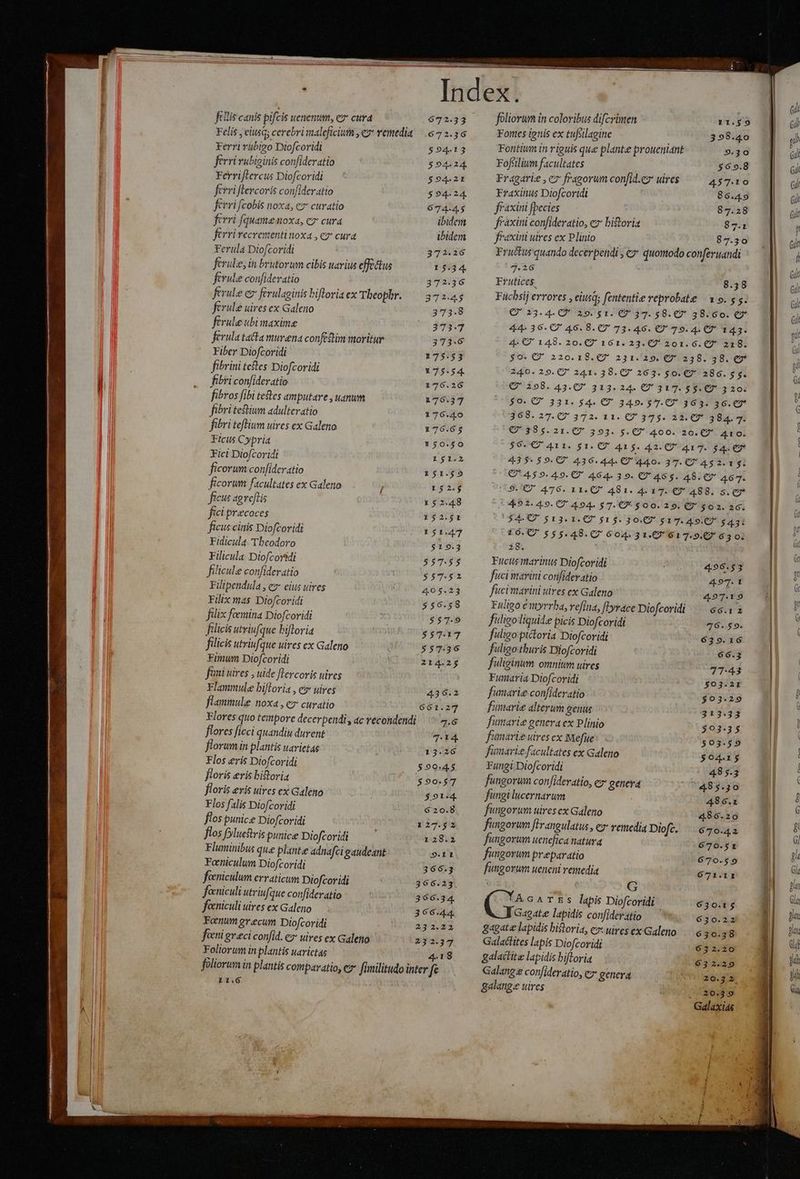 cii fcllis canis pifcis uenenum, e cura 672.33 foliorum in coloribus difcrimen 11.69 cil Felis , eiusQ; cerebrimaleficium ,e7* remedia — 672.36 Fortes ignis ex tufsillagine 3958.40 jh Ferri rubigo Diofcoridi $94.13 Fontium in riguis que plante proueniant 939 X gi ferri rubiginis confideratio $94.24. Foféilium facultates 5698 ] gi Ferriflercus Diofcovidi $94.21 Fragarie , c7 fragorum confid.ez uires 45710 Jd gi ferriflercoris confideratio 594-24. Fraxinus Diofcoridi 8649 ] gi ferri fcobis noxa, ez curatio 674-45 fraxini fpecies | SUN 87.28 M gj ferri fquame noxa, cz cura ibidem fraxini confideratio, e bidoria Sr - j ferri recrementinoxa , cz cura ibidem fraxini uires ex Plinio 87309 .] gi Ferula Diofcoridi 372.26 Fructus quando decerpendi , e? quomodo conferuandi la d ferule, in brutorum cibis arius effectus 15.34 7.26 |. dí ferule confideratio 372.36 Frutices, 8.8 M gy ferule e ferulaginis biflorisex Theophr. — 372.45 Fuchsij errores , eiusq; fententie reprobate | à 9. s s. lu ferule uires ex Galeno 373.8 Q' 23. 4- Q' 29. $1. (7 37. $8. €7 38.60. C7 Gl ferule ubi maxime 371.7 44» 36- C 46.8. 7 73. 46. 7 79. 4. C7 143.  ferula ta&amp;a murena confcQim moritur 373.6 4: C 148. 20. 161. 23. O 201. 6.07 218. M ir, Fiber Diofcoridi 175.53 $0. C' 220.18. 7 231.29. 9* 258. 38. €9*. | E fibrini teftes Diofcoridi 175.54. 240.29.(7 241.38. 7 263. $0. €7 286. $3. T ü fibri confideratio 176.26 €7 298. 43.07 313.24. € 317. 58.€7 320. ll ; fibros fibi tees amputare , uanum 176.37 $0. C' 331. $4. €? 349. 57.7 363. 36.€7* c fibri tetium adulteratio 176.40 368. 27.07 37a. 11. (7 375. 22.7 384.7. fibri tefium uires ex Galeno 176.65 € 385.21.07 393. 5.7 400. 20.7? 410. | : Ficus Cypria 150.50 56. €7 4.11. $1.C 415. 42. C7 417- $4. €2* : Fici Diofcoridi r;i145 435-59. C 436.44. 0 440. 37. 2 452. 13. : ficorum confideratio 251.59 C'459.49.' 464-39. € 465. 48. C7 467. ! ficorum facultates ex Galeno / 1$2.j 9. 476. 11.7 481. 4. 17. €7* 488. 5. c9 d ftcus apreftis 152.48 CR92. 49. 7 494. $7. 69 $00. 29. C7 $02. 26.  fici precoces 152.51 ($4. $13. 1. C7 $15. 30.7 g 17. A9? $43: | ficus cinis Diofcoridi 151.47 L0.C7 $55.48. 7 604.3 1.02 617.97 63 0; li / Fidicula. Tbeodoro 519.3 i8. : Filicula Diofcoysdi 557.55 Fucus marinus Diofcoridi 496.53 | 2 filicule confideratio $57.52 fici marini confidevatio 497.1 ) Filipendula , ez eius uires 405.23 fücimarini uires ex Galeno 497.v9 M ; Filix mas Diofcoridi 556.58 Fnligo e myrrba, vefina, [Iyrace Diofcoridi | 66.12 IX filix femina Diofcoridi $57.9 filigoliquide picis Diofcoridi 76.59. ; filicis utriufque bifloria $57.17 fuligo ptctoria Diofcoridi 639.16 filicis utriufque uires ex Galeno 55736 —— fulizothuris Diofcoridi 66.3 timum Diofcoridi 214.25 fuliginum omnium uires 77-43 | fani uires , uide flercoris uires | Funaria Diofcoridi 503.2t | Flammule bijloria , e» uiyes 436.2 fumarie confideratio $03.29 | ^ li flammule noxa , c» curatio 661.27 fumare alterum genus 313.33 ! : d] Flores quo tempore decerpendi , ac recondendi Mu T fümarie genera ex Plinio $93.35 a flores ficci quandiu durent 7.14. fumariz utres cx Mefüe 503.59 | a florum in plantis uarietas 13.26 famarie facultates ex Galeno $64.15 Ime! 3 Flos eris Diofcoridi $90.45 Fungi Diofcoridi 485.3 2: || floris eris bidoria $90.57 fungorum confidevatio, ez genera 7483.30 TR ! H floris eris uires ex Galeno $914. fungilucernarum 486.1 | d | Flos f: alis Diofcoridi 620.8 fungorum uires ex Galeno 486.20 | ; | flos punice Diofcoridi i 127.52 fungorum ftrangulatus , ez remedia Diofce. |.670.42 | d a flos f»lueftris punice Diofcoridi 128.2 fungorum uenefica natura godvy | 9 M Fluminibus que plante adnafcigaudeant 9.11 fungorum preparatio 670.59 B 5 | Farniculum Diofcoridi 366.3 füngorum ueneni remedia 671.11 J Gi It | fecniculum erraticum Diofcoridi 366.23 G EP n I feniculi utriufque confideratio 366.34 (S GATES lapis Diofcoridi 630.15 | Ga Il feniculi uires ex Galeno 366.44. Gag4tee lapidis confideratio — 630.22 MI we | Foenum grecum Diofcoridi 232.22 gagate lapidis bistoria, ez uires ex Galeno ne : IET l I fni greci confid. ey utres ex Galeno 232.37 Galactites lapis Diofcoridi 63220 WE | an Foliorum in plantis uarictas 4.18 galactite lapidis biftoria 632.29 ! t I foliorum in plantis comparatio, ez [imilitudo inter fe Galang:e con[ideratio, &amp; genera zo;:3 JEEP uU im PES ; galang« uires cba. Gi FU Galaxias Mi | ;