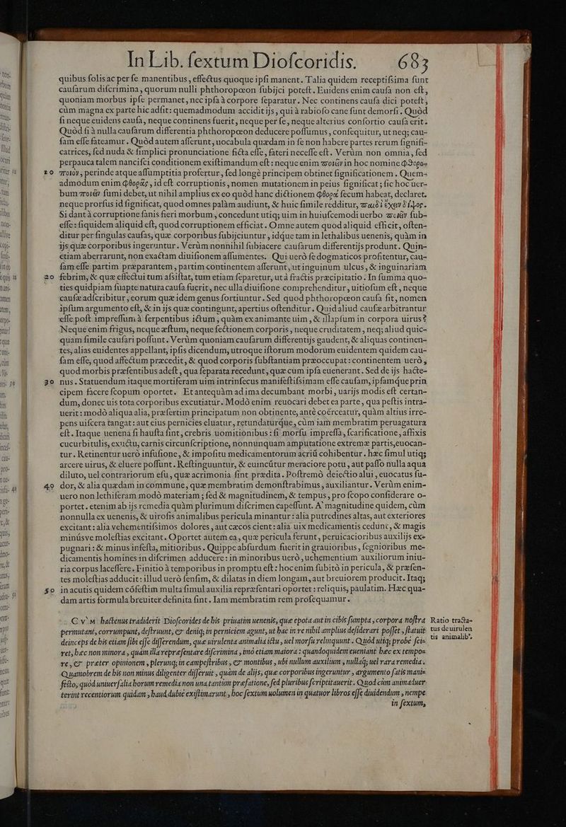 :- E3 Eg i Do tial $ * - e. In Lib. fextum Diofcoridis. — 685 quibus folisac perfe manentibus, effe&us quoque ipfi manent. Talia quidem receptifsima funt caufarum difcrimina , quorum nulli phthoropceon fübijci poteft. Euidens enim caufa non eft, quoniam morbus ipfe permanet, nec ipfa à corpore feparatur. Nec continens caufa dici poteft; cüm magna cx parte hic adit: quemadmodum accidit ijs , qui à rabiofo cane fünt demorfi. Quod fi neque euidens caufa, neque continens fuerit , neque per fe, nequealterius confortio caufa erit. uód f1à nulla caufarum differentia phthoropceon deducere poffumus , confequitur, ut neq; cau- fam effe fateamur . Quód autem afferunt, uocabula quxdam in fe non habere partes rerum hignifi- catrices, fed nuda & fimplici pronunciatione ficta effe, fateri neceffe eft. Verüm non omnia, fed perpauca talem nancifci conditionem exiftimandum eft : neque enim zoiáv in hoc nomine Q30go- 7roloy , perinde atque affumptitia profertur, fed longé principem obtinet fignificationem . Quem- admodum enim d6oga; , id cft corruptionis, nomen mutationem in peius fignificat ; fic hoc uer- bum oi&/ fumi debet, ut nihil amplius ex eo quód hanc dictionem d6oex fecum habcat, declaret. neque prorfus id fignificat, quod omnes palàm audiunt, & huic fimile redditur, zai exe S hor. Sidantà corruptione fanis fieri morbum, concedunt utiq; uim in huiufcemodi uerbo ziv fub- effe : fiquidem aliquid eft, quod corruptionem efficiat. Omneautem quod aliquid efficit, often- ditur per fingulas caufas, que corporibus fübijciuntur , iddue tam in lethalibus uenenis, quàm in 1js quz corporibus ingeruntur. Verüm nonnihil fübiacere caufarum differentijs produnt. Quin- etiam aberrarunt, non exactam diuifionem affumentes. Qui ueró fe dogmaticos profitentur, cau- fam effe partim praparantem , partim continentem afferunt, ut inguinum ulcus, & inguinariam febrim,& que effectui tum afsiftat, tum etiam feparetur, utà fractis przcipitatio . In fümma quo- tiesquidpiam fuapte natura caufa fuerit, nec ulla diuifione comprehenditur , uitiofum eft, neque caufz adícribitur eorum quz idem genus fortiuntur. Sed quod phthoropceeon caufa fit, nomen ipfum argumento eft, & in ijs qux contingunt, apertius oftenditur. Quidaliud caufzarbitrantur effe poft impreffum à ferpentibus i&um , quàm ex animante uim , & illapíum in corpora uirus? INequeenim frigus, neque zftum, neque fe&ionem corporis , neque cruditatem , neq; aliud quic- quam fimile caufari poffunt. Verüm quoniam caufarum differentijs gaudent, & aliquas continen- tes, alias euidentes appellant, ipfis dicendum, utroque iftorum modorum euidentem quidem cau- fam effe, quod affectum pracedit, & quod corporis fubftantiam przoccupat: continentem ueró , quod morbis prarfentibus adeft , qua feparata recedunt, quz cum ipfa euenerant. Sed de ijs ha&te- nus. Statuendum itaque mortiferam uim intrinfecus manifeftifsimam effe caufam, ipfamqueprin cipem facere fcopum oportet. Etantequàm ad ima decumbant morbi, uarijs modis eft certan- dum, donec uis tota corporibus excutiatur. Modó enim reuocari debet ea parte , qua peftis intra- uerit : modó aliqua alia, praefertim principatum non obtinente, anté coérceatur, quàm altius irre- pens uifcera tangat : aut eius pernicies eluatur, retundaturque, cüm iam membratim peruagatura eft. Itaque uenena fi haufta fint, crebris uomitionibus :fi morfu impreffa, fcarificatione, afhixis cucurbitulis, exuctu, carnis circunfcriptione, nonnunquam amputatione extrem partis,euocan- tur. Retinentur ueró infüfione, & impofitu medicamentorum acriü cohibentur. hzc fimul utiq; arcere uirus, & eluere poffunt. Reftinguuntur, & euincütur meraciore potu , aut patfo nulla aqua diluto, uel contrariorum efü , quz acrimonia fint predita. Poftremó deiectio alui, euocatus fu- dor, & alia quzdam in commune, qux membratim demonítrabimus , auxiliantur. Verüm enim- uero non lethiferam modó materiam ; fed & magnitudinem, & tempus, pro fcopo confiderare o- portet. etenim ab ijs remedia quàm plurimum difcrimen capeffunt. A' magnitudine quidem, cüm nonnulla ex uenenis, & uirofts animalibus pericula minantur : alia putrcdines altas, aut exteriores excitant: alia vehementifsimos dolores , aut cecos cient:alia uix medicamentis cedunt, & magis minüsve moleftias excitant. Oportet autem ea , quz pericula ferunt, peruicacioribus auxilijs exe pugnari: & minus infefta, mitioribus. Quippeabfurdum fuerit in grauioribus, fcgnioribus me- dicamentis homines in difcrimen adducere: in minoribus ueró , uehementium auxiliorum iniu- ria corpus laceffere. Finitio à temporibus in promptu eft : hocenim fubitó in pericula, & prefen- tes moleftias adducit: illud ueró fenfim, & dilatas in diem longam, aut breuiorem producit. Itaq; inacutis quidem cófeftim multa fimulauxilia reprzfentari oportet : reliquis, paulatim. Hc qua- dam artis formula breuiter definita fint. Iam membratim rem profequamur. C vw battenus tradiderit Diofcorides de bis priuatim uenenis, que epota aut in cibis fumpta , corpora noftra perinutant, corrumpunt, deferunt, e» deniq; in perniciem agunt, ut bac in ve nibil amplius defiderari po(fet , [Hatuit deinceps de bis etiam fibi cffe differendum, que uirulenta animalia ictu , uel movfu velmquunt . Q uod utiq; probe fci- ret bec non minora , quam lllaveprefentare difcrimina , imó etiam malova : quandoquidem euentant bec ex tempoz ve, €* preter opinionem ,plerunq; in campefLribus , ez montibus , ubi nullum auxilium , nullaq; uel ara remedia . Quamobrem de bis non minus diligenter diJeruit , quàm de alijs, que corporibus ingeruntur , argumento fatis manis fico, quód uniuerfalia borum remedia non una tantàim prefatione, fed pluribus fcviptitauerit. Quod cian animaduer terint recentiorum quidam y baud. dubie exiflimavunt , boc féxtum uolumen in quatuor libros efe diuidendum , nempe in fextum,