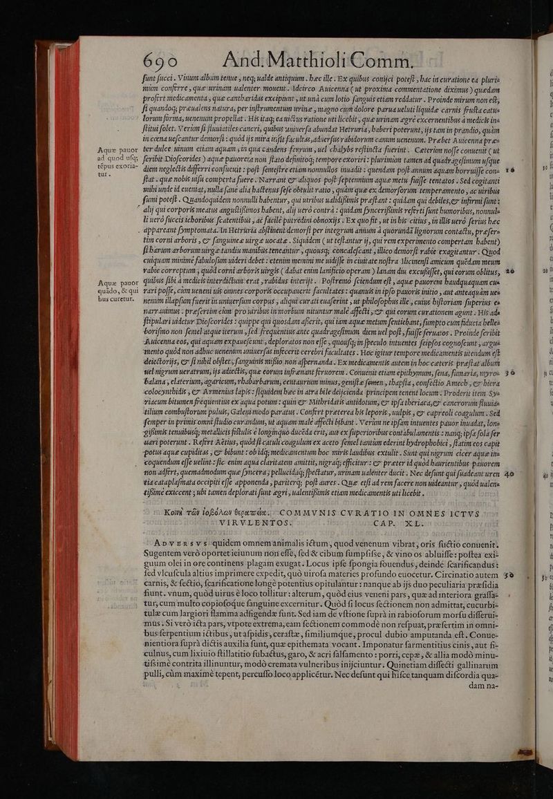 Áque pauor ad quod ufq; tépus exoria- tur. 690 And.Matthioli Comm. fint fucci . Vinum album tenue , neq; ualde antiquum . bec ille Ex quibus conijci poteft , bac in curatione ea pluris mon. conferre , que urinam ualenter: mouent. Adcirco Auicenna (ut proxinta commentatione diximus ) quedam profert medicamenta , que cantbaridas excipiunt , ut uná cum lotio fanguis etiam veddatur . Proinde virum non ed, fi quandoq; preualeus natura, per inftrumentum wrine , magno cii dolore parua ueluti liquide carnis frufta catit- lorum forma, uenenum propellat . His itaq; ea uictus vatione uti licebit , que uvinam egvé excernentibus à medicis in ftitui folet. Verim fi fluuiatiles cancri, quibus uninerfa abundat Hetruria, baberi poterunt, ijs tam in prandio, quám in cata uefcantur denovfi : quod ijs mira itfit facultas aduerfus vabidorum canum uenenum. Prebet Auicenna pra ter dulce uinum ettam aquam sin qua candens fevrum , uel chalybs reflintta fuerint .. Ceterüm no[fe conuenit ( ut feribit Diofcorides ) aque pauovera non. [Lato definitoq; tempore exoriri: plurimi tamen ad quadragefimum ufque diem neglectis differri confüewit : poft. fene[Tre etiam nonnullos inuadit : quendam poe annum aquam borruilfe con- ftat . que nobis uifu comperta fuere - Narvant c aliquos poft feptennium aque metu fuiffe tentatos . Sed cogitanti subi unde id eueniat, nulla fane alia bactenus fefe obtulit ratio , quàm que ex demor[orum temperamento , ac uiribus li ucró füccis icboribus fcatentibus , aé facilé putvedini obnoxijs : Ex quo fit , ut in bis citius , in illis uer ferius bec Aqua pauor quado, & qui bus curetur. tim corni arboris , e fanguinee uirg:e uocat . Siquidem ( ut teflantur ij, qui vem experimento compertam babent) fi barum avborumuirge tandiu manibus teneantur , quousq; concalefzant , illico demor/f rabie exagitantur : Cyuod cuiquam minime fabulofum uideri debet : etenim mernini me uidifJe in ciuitate noftra Micinenfl amicum quédam meum rabie correptum; quód corni arboris uivgis ( dabat enim lanificiooperam ) lanam diu excufsiffet, qui eorum oblitus; quibus fibi à medicis interdictum erat ;rabidus interijt | Poflremo fciendum eft , aque pauorem baudquaquam cus rari poffe, cim ueneni uis onines corporis occupauertt facultates : quanuis in tpfo pauoris initio , aut ánteaquám ues nenum illapfum fuerit in univerfum corpus , aliqui curati euaferint ; ut philofopbus ille , cuius bifloriam fuperius: es narraulmus ; prefertim clem: pro uribus inmorbum nituntur male affecti »€7 qui corum curationem agunt ; His ads füipulari uidetur Diofcorides : quippe qui quosdant affcrit, qui am aque metum fentiebant, fumpto cum fiducia belles borifitto non fesiel atque iterum , fed frequentius atte quadragefimum diem uel-poft , fuiffe feyuatos . Proinde fcribit Auicenna eos, qui aquam expauefcunt ; deploratos non effe , quoufa; in fpeculo intuentes feipfos cognofcunt , areus auento quód non adbuc uenentm umiuer(as infecerit cerebri facultates . Hoc igitur tempore medicamentis utendum et deicctorijs, e fi nibil obftet.; fanguinis vufsio non afpernanda.. Ex medicamentis autem in boc ceteris prejlat album uelnigrum ueratrum ijs adiectis, que corum infranant feruorem . Conuenit etiam epitbymum, fena, fumaria, wtyvoz balana , elatevium; agaricum, vbabarbarum; ceutaurium minus; eenifle femen , tbapfia , confe&tio Amecb , ez bieva xcolocyntbidis , ez Avmenius lapis : fiquidem bwc in atra bile deijcienda principem tenent locum : Proderit iti $y« viacum bitumen frequentitis ex aqua potum : quin e? Mithridatis antidotum, es* ipfa theriaca,ey cancrovum fluuiae tilium combuftorum puluis; Galemimodo paratus - Confert preterea bis leporis , uulpis ; e» capreoli coagulum . Sed femper in primisomri fIudio curandum, ut aquam male affecti bibant . Verám ne ipfam intuentes pauor inuadat, lone gifoimis tenuibusq; metallicis fistulis e longinquo ducéda erit, aut ex fuperioribus contabulamentis : nana; ipfa fola fer uari poterunt . Refert Aétius, quodfi catuli coagulum ex aceto femel tantüm ederint bydrophobici , [latim eos capit potus aque cupiditas , ez bibunt t ob idq; medicamentum boc viris laudibus extulit. Sunt qui nigrum cicer aque ine coquendum effe uelint. fic enint aqua claritatem amittit, nigraq; efficitur : e preter id quod haurientibus pauorem tion adfert, quemadmodum que (yncera ; pellucidaqs [pectatur, urinam ualenter ducit Nec defunt qui fuadeant uren tia cataplafmata occipiti eJe apponenda , pariterq; poft aures . Que etfi ad rem facere non uideantur , quód ualenz tifimé exiccent ; ubi tamen deplorati fünt egri , ualentifoimis etiam medicamentis uti licebit . Koi Ty loBoAoV Ücpotzdu.--.COMMY NIS CVRATIO IN OMNES ICTYS VIRVLENTOS: CAP. XL. Apvrnsvs quidem omnemanimalis idum, quod venenum vibrat; oris fuctio conuenit. Sugentem veró oportet ieiunum nori effe, fed & cibum fumpfifse , & vino os abluiffe: poftea exi- guum olei inore continens plagam exugat. Locus ipfe fpongia fouendus; deindé fcarificandus: carnis, & fe&io, fcarificatione longe potentius opitulantur : nanque ab ijs duo peculiaria prefidia fiunt. vnum, quód uirus éloco tollitur: alterum, quód eius veneni pars , quz ad interiora graffa- tur, cum multo copiofoque fanguine excernitur. Quod fi locus fe&ionem non admittat, cucurbi- tulz cum largiori flamma adfigendz funt. Sed iam de vftione fuprà in rabioforum morfu differui- 1nuüs . $1 veró 1&ta pars, vtpote extrema, eam fectionem commodé non refpuat, praefertim in omni- bus ferpentium iétibus , utafpidis;, ceraftz , fimiliumque; procul dubio amputanda. eft. Conue- nientiora fuprà dictis auxilia fünt, quae epithemata vocant. Imponatur farmentitius cinis , aut fi- culnus, cum lixiuio flillatitio fübactus, garo, & acri falfamento : porri, cepz , & allia modó minu- Ufsimé contrita illinuntur, modó cremata vulneribus inijciuntur. Quinetiam diffe&i gallinarum. pulli, cüm maximé tepent, percuffo loco applicétur. Nec defunt qui bifce tanquam difcordia qua- £i IV dam na- 16 20 4o apnd — Lor OR m T T €» ——
