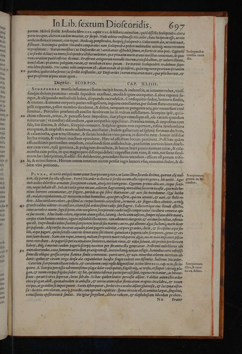 fuf hi fis Un Tt]: Tto Moy Tory fole (ue dy Hiruli to Ng lir ne lig Trin 16 doro Ühnir: dco: trai Apu loco, MX MC iili vM fte xtti | terit I I Meo: irofee ratur ut. qut funde d. | lati. rior irit ' 1 ! | Lo 20 39 EN In Lib. fextum Dicit dmidis. partem . Mcirco feribit Ariftoteles libro vxxr. capite v x1. de bitoria animalium quod diffe&amp;ta Scolopendra altera parte in caput, altera in caudam mouetur, cr ferpit . V nde uidetur exiftimaffe Nicander , banc bicipitem effe, ut eius uerba in tberiacis innuunt, cim inquit . Modica; pempbredon, biccpsqs fcolopendra. Cuius euntis ale, ut remi nauis, feflinant . Non inepta quidem. Nicandri comparatio : nam fcolopendre pedum multitudine uelociq; motu triremem (ut feribit Aétius) ea omnia fcolopendr.e ictibus medentur, que priuatim muris avanci morjibus conueniunt, de quos vum curatione paulo inferius dicemus . Preferunt antiquorum nonnulli cinerem aceto f&amp;ba&amp;tum, ex uulneri illitum , item fcillam : preterea pulegium, vutam, ex mentbam ex uino potam. Demarinis Scolopendris tradidimus fupe- rius libro fecundo . Nec tamen mibi compertum eft , aliam noxam ab ijs inferri , quàm ingentem pruritum ijs tantam partibus, quibus inbeferint (.ut fcribit Avifloteles , e» Diofcorides ) earum erucarum more , que pilis borrent , ez que pre[fertim in pinu uitam agunt . ; ZXo7lo. SCORPIO. ys Made e Nc dip SconProNrs morfuinflammari ftatim incipitlocus, &amp; indurefcit, ac intentus rubet, vicif- fimque dolore premitur : modó fiquidem exzftuat, modó frigore occupatur. Labor repente fa- tigat, &amp; aliquando meliufculé habet, aliquando recrudefcit. Confequitur fudor, horroris fenfus, &amp; tremor. Extrem corporis partes refrigefcunt, inguina extolluntur,per fedem flatus exeunt;ca- pilli eriguntur, pallor membra decolorat, &amp; dolor, tanquam ex pungente acu, per vniuerfam cuté fentitur. Percufsis prefenti eft auxilio ficulneum lacin vulnus inftillatum. Scorpius ipfe, qui i- &amp;um vibrauit, tritus, &amp; percuffo loco impofitus , fuz plagz remedium eft, ob czcam quandam naturarum ( vt conftat) difcordiam , quie antipathia appellatur. Prztérea tritus, &amp; impofitus cum fale, lini femine, &amp; althza, fcorpius conuenit, Sulphur ignem non expertum , refina terebinthina exceptum, &amp; emplaftri modo adiectum, auxiliatur. Itidem galbanum ad fplenij formam ductum, &amp; calamintha, quz trita illinatur, &amp; farina hordei in vino parata, in decocto rutz. Semen trifoliz herbz tritum, &amp; vulneri inie&amp;tum opitulatur. Hacadaffectum locum pertinent. Poft hec quàm cfhicacifsimis potionibus utendum, cuiufmodi füntariftolochiz, praefertim corticis binz drach- m: cum vino, tua gentiana , &amp; pulegium decoctum , &amp; bacca lauri pauco numero tritz , &amp; cala- mintha cum poíca, in qua magnopere difcoqui debet: cu preffus cum vino, &amp; ruta, nec fecus ficul- neum lac:laferpitium, fi adfit : fin defideretur, peucedani fücco utendum. efficax cft potum trifo- lj, &amp; ocimi femen, Horum autem omnium uicem penfat i ugis lauacri vfus, euocatus fudor, &amp; di- lutz vini potiones. Prtvma, actaria antiquis numerantur Scovpionum genera, ut latius libro fecundo diximus, quorum alij mule tum, alij parum fuo ictu officiunt . Porró Nicander in tberiacis fcribit eorum octo reperirigenera , bis uerbis . A ge du aculeo dolorifico armatum fcorpionem canam , eiusq; tetricum genus . Quorum primus albicans , teque: fonti cus, neque letbalis c8 . Sed cui vutile gene micant; calorem flagrantemq; mortalibus furorem incufiit , quo malo boz mines borrore concutiuntur , €? frigore , perinde ac qui febre diuexantur , c^ acri fiti incenduntur . Qui liuidus eJE , malam trepidationem, cz: motionem tribuit bominibus , quos percu[Jerit , qui ceu attoniti , ez uani , ez qtulti ri dent . Alius uiridante colore , qui fimul ac corpus bominis concufserit , tremores , € frigora illico admittit , acrisqs grando talibus uidetur circumltare, ctiam fi fol ardentifüimé radijs fuis flagret . Talis tantáque cius Simuli affüctio, culus uertebre nouem (lego feptem; cim non plures fcorpionum caudis ine[Je comperiantur) iuncturis connexa apis ct fito nocent . Alius liuido colore, ingentem aluum gestat; latumq; : berba enim uefcens, femper infaturabilis manet , corpus ctiam bominis exedens, inguini infolubili (tu nocens : tam uebemens eius genis, e ori morfus infitus, infixise que est. Deprebendes itidem [imilem fcorpionem litorali feu marino cancro, qui albentes algas fluctumq; maris decer pit pafcendo . Alij vurfus incuruis equales plane paguris uidentur, corpore grandes, chelis , ez forcipibus eque fox lidi, atque paguri , qui iti faxofís cauernis demorantes fibi timent. quinetiam e paguris tales fcorpiones , genus cz ora tum fuum ducunt , Nam cám rupes, tenuesq; multum fIrepentis maris veliquerint algas, cos ex mari incfcantes pifcaz tores extrabunt .. At paguri fe peti ea uenatione fentientes, murium rimas; ez nidos fubeunt, ubi prolem perditricem babent , ibiq; e mortuis tandem paguris fcorpij nocentes per. foramina ita generantur . Poftremo melicblorus tibi animaduevtendus, culus fummum uerticillum prenigrum cJo , inextinttamq; noxam infligit , bominibus certé infenfif- fimus ille obliquo greffu corpus flamme fimile commouens : pueris ueró , e natu minoribus celerem interitum ad- duxit : quibus ez circum terga denfee ale expanduntur locufle fruges rodenti non diffimiles . batenus Nicander . Ceterim fcorpionum ictuum indicia , ez curationem confcripfit diligentifime Aétüus libro x 111. cap. xx. fic in- quiens. A. Scorpio percufJos uebementifumus plaga dolor confequitur, frigidit4sq;, ac tenfía, et ftupor : circaq; pla- gam, cz totum corpus frigidus fador : ez bis, qui iuxta inferas partes percufsi funt, inguina excitantur , ac intumee fcunt : qui uerà circa fupernas , locus fub alis . Et bec quidem leuiter percufis adfunt . Validius autem ictis ardor circa plagam adest , quemadmodum in ambuflis , ex uerrucarum inflar formicarum eruptio circalabra , ev totu corpus, ut grandine fe impeti putent . Facies difforquetur , fordes circa oculos ad[unt glutinofee , ex lacryme uifcos f : duvitics avticulorum, anusq; procidit, cum egerendi cupiditate : [puma circa os efl, et womitus largus , fingultus, cotiulfiones opifibotonicis [iniles.. His igitur ferpyllum , althzee radicem , ez elaphobofcum ric prebeto. n Preter Scolopendre moríüs reme dia. Scorpionum genera ex INI candro. Scorpionum i&amp;us, &amp; cura- tio ex Aetio,