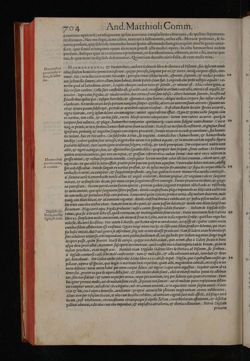 Hamorrhoi perniciofus i- &us, & hifto- ria. 1 Homorrhoi ^ morfus note, us & cufatio. Dipfadis hi- ftoriaymorfus figna, & cura. 704 And.Matthioli Comm. putatione opus erit: confequenter quàm acerrima cataplafmata admouere, de quibus fzepenume- ro diximus Nec me fugit, acres cibos, maxim6éà falfamentis , utiles effe. Meracz potiones , & la- uacra profunt,que fubinde interiecto breui fpatio affumenda funt;priusquàm morbi genus emer- ferit. quo femel erumpente opera ferrenon poteft ulla medici opera. In ictu hemorrhoi eadem profunt. Infuper quz in commune opitulantur, ut fcarificationes, uftiones, acres cibi, meraci po- tus, & quz nunc in dipfade definiuimus. Quinetiam decoéta uitis folia , & cum melle trita. HagMognHovs, C Henorrbois; authore Galeno in libro de tberiaca ad Pifonem , fuis ipforum nomiz veunt . Hic ( ut in theriacis cecinit Nicander.) petrofas rimas afsiduo incolit , afperum , fupinum , ez modice penden- tem lectumillic fumens; ubi tractum fuum babeat, deinde pabulo fatur fiat. Longitudo cius pedis uefligio equalis : ce terim quod ad latitudinem attinet , à capite adusque caudam totus €7* fubtilis , ey minutus eft . Aliás colore igneo, a- liás vurfum candens . Collo fatis conftritto eft gracilis cauda nece[Jario in avctum contratta, extenta eft angufte, ey tenuiter . Supra eius frigidos, ez niuales oculos, duo cornua fronti funt infufa : albore luminum fuorum , locuftis uel Jolucttribus apibus par . 1nfuper borribile, e afperum ei caput borret ; oblique modico corpore fito inflar ceraste claudicans . Ex ittedio etiam dorfo paruum nauigium femper appellit, ad terram uentrem fuum atterens : (quamis wee vóez itinere parum fubftrepit , perinde ac arundinis copiam tranfeat .- Po[L ictum $tatim decolor fpecies accurrit nigra nimirum , corq; ipfum dolore circumangitur : uenter aqua vefertus effluit ..Q uin ey prima nocte fanguis cim ex naribus, tum collo , ez auribus falit ,recens biliofo ueneno coinquinatus : lotium item rubens accurrit . qued; in corpore funt uulnera , ez plage ; bemorrboi rumpuntur aperiunturdg : cutes enim fuligine contrabuntuv . Caueds itaq; in primis, re in te fcemina bemorrbois uirus fuum iaculetur . Nam fi cui morum illainflixerit , ei gingine fimul ignefcunt, penitusq; e unguibus fanguis cum ümpetu procurrit . Dentes etiam ex ea cede graueolentes ; feu bumenz tes nolunt . bec ex Nicandro . Cui fubfcribit Aétius , fic inquiens . Anintalia bec (bemorrboum , e» bemorrboida intellige ) colore quidem funt arenofo, magnitudine autem tres palmos equant , e: in tenuem caudam angu[ta figura paulatim definunt . Sunt autem igneo oculorum fulgore, rectaqs ev tarde proveptant . Per corpus ueró multis notis albis, e nigris udricgata funt, e» afperioribus fquamis obfita : quapropter dum ferpunt , fonus auditur . Et fcemina quidem uentriiticumbens y per terram veptat , ez greffam inferne circa caudam firmat : mas ueró circa. uentrem in grejJu nititur , ex collum ferpendo extendit . Confequitur borum morfüm: colov icti loci cruentus , coloris tetri , eo nigricans : ex quo nibil in initio effiuit, preterquàm paucum quidpiam aquofum. V entriculus dolore tentatur, adeffq fpirandi difficultas . Deinde fanguis ex naribus profluit, ez ex ipfius morfus foraminibus: e fiqua in corpus obducta iandiu fit cicatrix , ea rumpitur ; e fanguinem profündit . atq bec quidem in maris Hemorrboi morfus contingit . &' foemine uero Hemorvboidis mor[u ad bec es anguli oculorum , dentium gingiue , & unguium radices fanguine manant, eo ut fimpliciter dicant, per omne cov pus fanguinem efferri contingit . Dentes preterea excidunt, ez gingis ue putrefcunt . Horum porró curam facere oportet , primm quidem fanguinis eruptioni oblu&tando ac vefiftendo ijs medicamentis, que apte f: anguinem fiflere poffunt . deinde cataplafiata plage imponendo ex folijs uitis coctis tria tis cum melle, ey portulace folijs cum polenta. Antea uevó quam cruenta prodeat urina, allij multum deuorent, mule tumq; uini diluti bibant, e?* ad uomitum cogantur . deinde confeflim tberiace exbibeatur; e poflea pifces multos , al« liis tritis cum oleo tinctos edant Sumant item in cibo pané, €9* uam pafJam dulcem,es deinde uino diluto large baus flouomant . Plaga uero aqua frigida proluatur : uefica autem. fpongijs calidis foueatur : . Sed iam de Dipfade diffee rámus, que fic à Grecis dicta cl quód continuam, € inextinguibilem fitim excitet . Huius mentionem fecit Galenus libro xx. fimplicium medicamentorum, ubi ciusmodi feras in Lybia, non in Ytalia veperiri feribit : quod bc regio bue mida fit, illa uero ficciftima . Hoc autem à Marjis, qui Rome uiperas uenabantur, accepifJe ait : quibus tamen nonin onibus fidem adbibendam e[fe exiflimat. Q are longe minus nos ijs circüforaneis fidem prejlave debemus, qui Mars fos hofcc imitati, diui Pauli generi fe adfcribunt, feq; inde ortum duxiffe praedicant. Nam fi Galeni etate bi mendacife fimi nebulones uniuer[o orbi imponebant, ueri quidem fimillimum efe, eos qui bodie per Ytaliam uagantur longe magis decipere po[Je , quám fecerint Marfi illi antiqui . quippe non dubitandum , quin eorum aftus à Galeni feculo in bunc ufque diem protractus , maximum. fufceperit incrementum , quod conftet mortalium ingenia tam in bonum , quàm in malum. procliuia , etate magis acu. Meminit ctiam. Dipfadis Galenus libro de theriaca ad Pifonem ,fic fcribens . A' dipfade commorfi caufo febri male conficiuntuv . nam c7 multa fiti, ez estu ucbementi uexati , interdum e» diruz ptio diem obeunt .. His Galeni uerbis fübfcribit Aétius libro x x13. ubi fic inquit . Dipfas, que à quibufdam caufus aps pellatur, uipere eft fpecies, que magis in maritimis locis reperitur, quàm alibi, magnitudine cubitali, ex cra[Ja in tes nuem de[inens : notas autem babet per omne corpus fuluas , € nigras : caput ueró angu/lius . Sequitur autem ab ea demovfos , preter ea quee de uipera dicka funt , c7 [itis intolerabilis plane , adeo ut etiamfi multus potus cis adbibea- tur, fitis ton fedetur : ez tamen neque per urinas, neque pev womitum, neq; per fudores quicquam excernitur . Duos bus igitur pereunt modis, aut ob multam fitim exujli , fi potum non fumant : aut ob multam potus repletionem distenz £us rumpitur uenter, uclinferné circa inguina , uel circa imum uentrem , ut in aqua inter cutem fzepius euenit . Cete vim ez bis, ceu uipera demov/is , auxiliamur : proprie autem in bis potiones magis urinam. cientes exbibeantur . Aluus item per infufum eluatur, et oleo cum decoctis exbibito , ad uomitum cogendi funt male affecti. Ad plage uero locum y poft exu&tionem , circuncifionem: circunquaque fcalpello factam ; cucurbitularum affixionem , cz diffectas gallinas admotas, calx uita cum oleo imponitur, c7 emplaftra attvactoria, C theriacaillinuntur .. Porro Dipfadis priuatim 20 39 L1- 20 psa oV MC ONU Me, Ne.