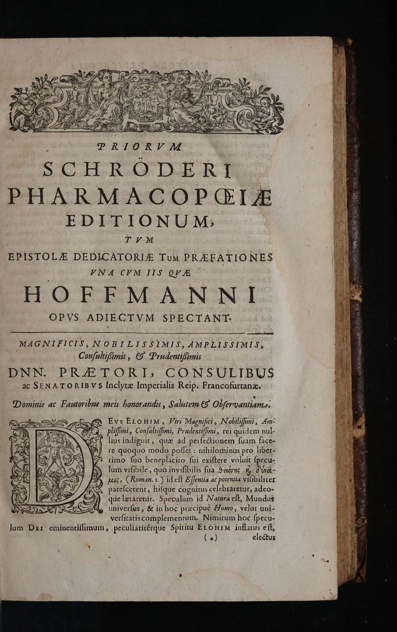 EDITIONUM: TVM EPISTOLA DEDICATORLE Tuus PREEATIONES | VNA CVM II$ QV | HOFFMANNI OPVS ADIECTVM SPECTANT. MAGNIFICIS, NOBILISS$1MIS, AMPLISSIMIS, Confaltifmis , €9 Prudentiffimis DNN. PRZETORI, CONSULIBUS ac SENATORIBV 5 Inclytz Imperialis Reip. Francofurtanz. Dominis ac. Fautoribus. meis bonorandis , Salatem €9 Olfervantiam.». Evs EroHiM , Viri Magnifici , Nobiliffmi , Am- pliffimi , Confuliiffimi, Prudentii , vei quidem nul- lius indiguit, qua ad peifectionem fuam face- re quoquo modo poffet : nihilorninüs pro liber- rimo fuo beneplacito fui exiftere voluit fpecu- lum vifibile ; quo invifibilis fua .S-eoru iG dwa- 9a uu5, (Roman. 1.) id eft Effentia ac potentia vMabiliver S patefcerent , lhifque cognitus celebraretur, adeo- que lztaretur. Speculum id INatzra elt, Mundus univerfus ; &amp; in hoc precipue ZZomo, velut uni- verfitatiscomplementurà, Nimirum hoc fpecu- lum Dzr eminentiffimum, peculiáritérque Spiritü ELoR1M inflatus eft, (x) electus y» — -— eM. Baa A votum P Oa baba NEA vt