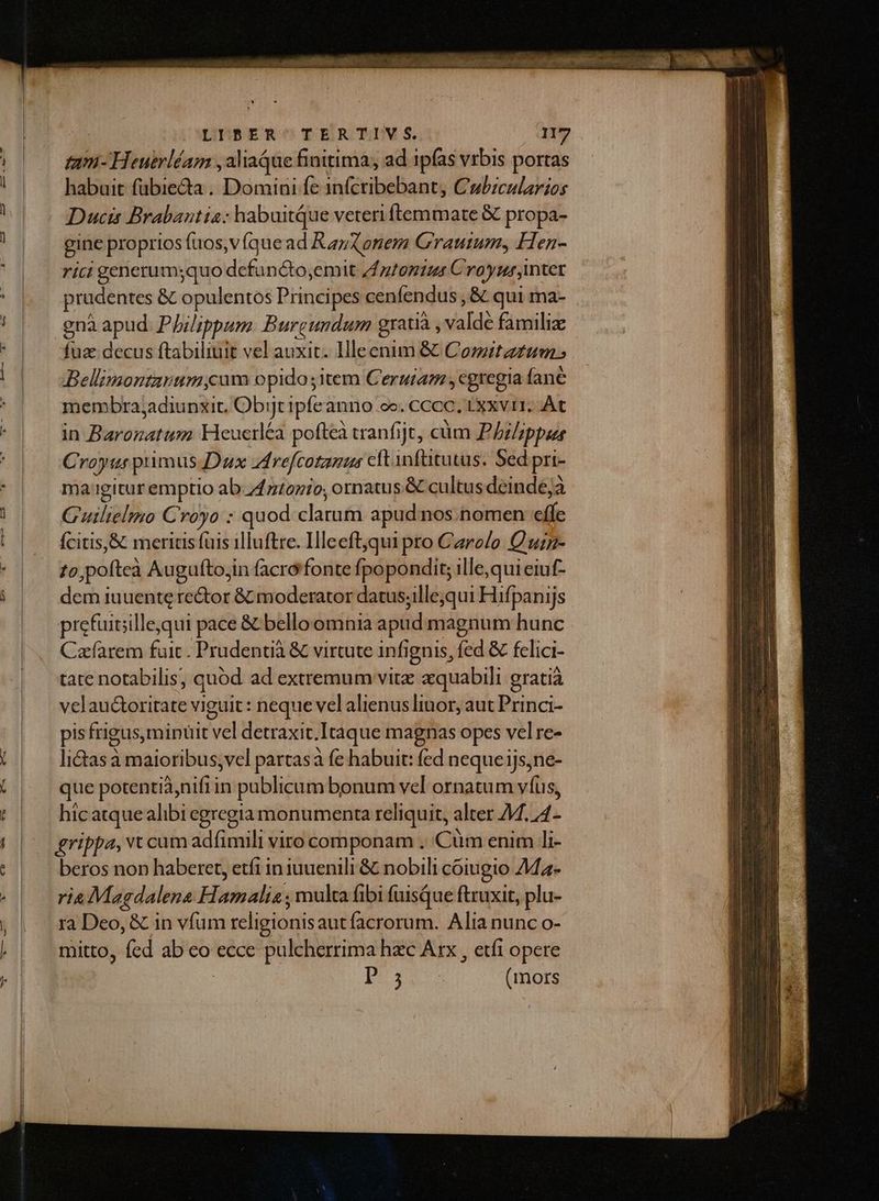 e tami- Heutrléam , aliaque finitima, ad 1pfas vrbis portas habuit fübiecta . Domini fe 1n(cribebant, Cubzcularios Ducis Brabantia: habuitque veteri ftemmate & propa- gine proprios (uos,vquead RazXonem Grautum, Hen- rici generumsquo defuncto,emit /zentzs Croyur inter prudentes & opulentos Principes cenfendus , & qui ma- ena apud. Philippum. Burgundum gratià , valde familiz fuz decus ftabiliuit vel auxit. llleenim & Comsitzzam; Bellimontauum cum opido;item Ceruiam egregia fane membrajadiunxit, Obijt ipfeanno cc. cccc, rxxvri. At in Baronatum Heucrléa poftea tranfijt, cüm Phi/zppae Croyur primus Dux drefcotamus cltinfütutus. Sed pri- ma-igitur emptio ab z4z6zio, ornatus & cultus deindejà Guilielmo Croyo : quod: clarum apud nos. nomen effe Ícitis,& meritis fuis illuftre. Hleeftqui pro Carolo Quiz- to,pofteà Augufto,in facro'fonte fpopondit; ille,qui eiuf- dem iuuente re&or & moderator datus;illejqui Hifpanijs prefuiiillequi pace & belloomnia apud magnum hunc Czfarem fuic . Prudentià & virtute infignis, fed & felici- tate notabilis, quod ad extremum vitz zquabili gratià velau&oritate viguit : neque vel alienus linor, aut Princi- pis frigus, minuit vel detraxit. Itaque magnas opes vel re- li&as à maioribus;vel partasà fe habuit: fed neque ijs,ne- que potentia,nifiin publicum bonum vel ornatum víus, hicatque alibi egregia monumenta reliquit, alter M. 4 - grippa, vt cum adfimili viro componam . 'Cüm enim li- beros non haberet, etfi in iuuenili & nobili coiugio 7Mz- ria Magdalena Hamalia ; multa fibi fuisQque ftruxit, plu- ra Deo, & in vfum religionis autfacrorum. Alia nunc o- mitto, fed ab eo ecce pulcherrima hzc Arx , etfi opere | uin (mors ATELIERS UU Ra RUMURNES UUEEEEEER NAME S DD DUC E AAT E TUM za pu————— TROEUMIMMA UL DITE De EET - e E *