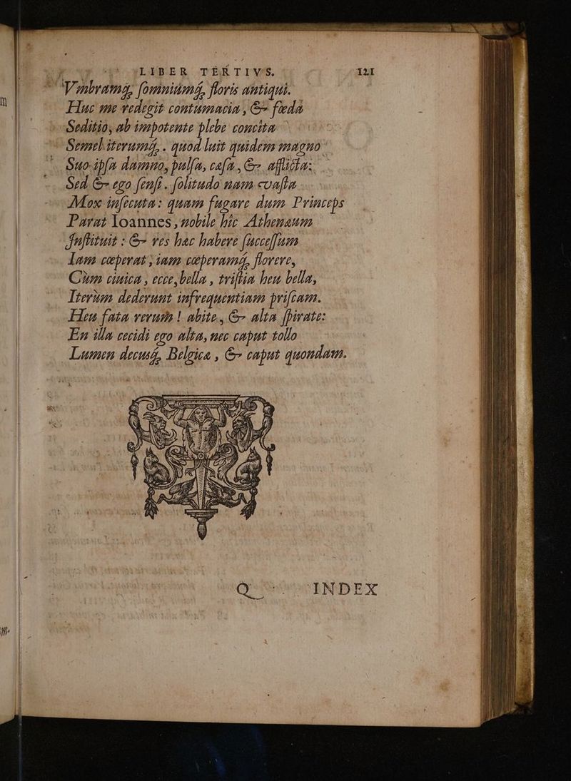 T dh LYBRER TÉRTIVW'S. 12I Vonbrama, [ouniumáa, foris antiqui. Huc qme vedegit comtumamein , &amp; fieda |o vvSaditio, ab imipoteute plebe concita  Semtliterumá, . quod luit quidem smaguo Suo-ipfa damno, pul[a, ca[m , &amp;. afflicta. Sed. &amp; ego fenfi ..folitudo nam coafln Mox infezuta: quam fugare dum. Printeps Parat loannes ,zolile hic Athenaum Jfuflituit : &amp; ves bae habere (aeco]um lona coebey at , ineoa toebevmona,, floveve, Con ciniza , ecce bella , tviftim heu bella, Trev dederunt infrequentiam prifcam. Hen fata verur ! abite, &amp; alta [pirate: En iln zeridi ego mita, tec caput tollo Lumen decus, Belgica , &amp;- caput quondam. Lis i INUIDEX