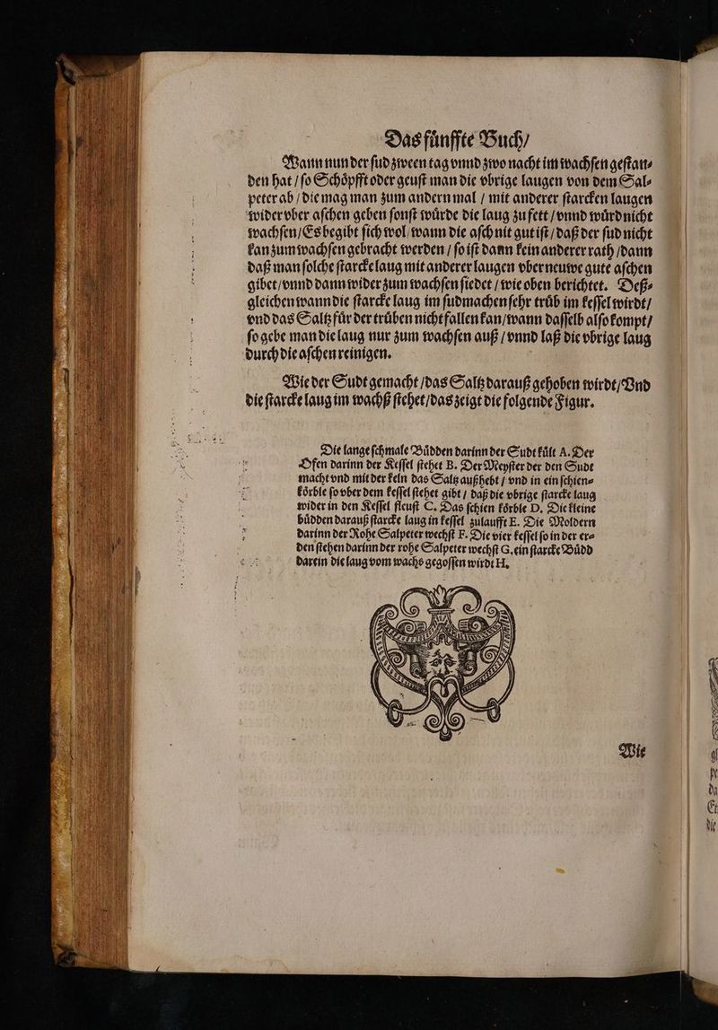 Wann nunder ſud zween tag vnnd zwo nacht im wachſen geſtan⸗ den hat / ſo Schoͤpfft oder geuſt man die vbrige laugen von dem Sal⸗ peter ab / die mag man zum andern mal / mit anderer ſtarcken laugen wider vber aſchen geben ſonſt würde die laug zu fett / vnnd wuͤrd nicht wachſen / Es begibt ſich wol / wann die aſch nit gut iſt / daß der ſud nicht kan zum wachſen gebracht werden / ſo iſt dann kein anderer rath / dann daß man ſolche ſtarcke laug mit anderer laugen vber neuwe gute aſchen gibet / vnnd dann wider zum wachſen ſiedet / wie oben berichtet. Deß⸗ gleichen wann die ſtarcke laug im ſudmachen ſehr trüb im keſſel wirdt / vnd das Saltz für der truͤben nicht fallen kan / wann daſſelb alſo kompt / ſo gebe man die laug nur zum wachſen auß / vnnd laß die vbrige laug durch die aſchen reinigen. Wie der Sudt gemacht / das Saltz darauß gehoben wirdt / Ind die ſtarcke laug im wachß ſtehet / das zeigt die folgende Figur. Die lange ſchmale Buͤdden darinn der Sudt kuͤlt A. Der Ofen darinn der Keſſel ſtehet B. Der Meyſter der den Sudt macht vnd mit der keln das Saltz außhebt / vnd in ein ſchien⸗ koͤrble ſo vber dem keſſel ſtehet gibt / daß die vbrige ſtarcke laug wider in den Keſſel fleuſt C. Das ſchien koͤrble D. Die kleine buͤdden darauß ſtarcke laug in keſſel zulaufft E. Die Moldern darinn der Rohe Salpeter wechſt F. Die vier keſſel ſo in der er⸗ den ſtehen darin der rohe Salpeter wechſt G. ein ſtarcke Büͤdd darein die laug vom wachs gegoſſen wirdt U.