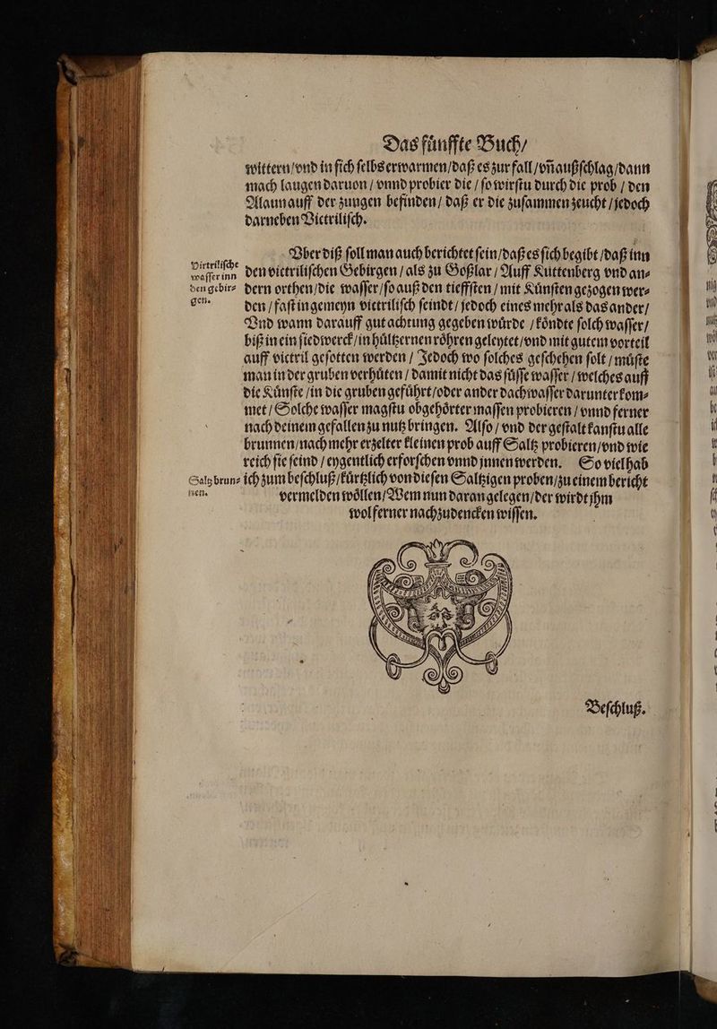 wittern / vnd in ſich ſelbs erwarmen / daß es zur fall / vñgußſchlag / dann mach laugen daruon / vnnd probier die / ſo wirſtu durch die prob / den Alaunauff der zungen befinden / daß er die zuſammen zeucht / jedoch darneben Victriliſch. . Vber diß ſoll man auch berichtet ſein / daß es ſich begibt / daß inn un den vittriliſchen Gebirgen / als zu Goßlar / Auff Kuttenberg vnd an⸗ den gebir⸗ dern orthen / die waſſer / ſo auß den tieffſten / mit Kuͤnſten gezogen wer⸗ gen. den / faſt ingemeyn victriliſch ſeindt / jedoch eines mehr als das ander / Lad wann darauff gut achtung gegeben wuͤrde / koͤndte ſolch waſſer / biß in ein ſiedwerck / in huͤltzernen roͤhren geleytet / vnd mit gutem vorteil auff victril geſotten werden / Jedoch wo ſolches geſchehen ſolt / muͤſte man in der gruben verhuͤten / damit nicht das fuͤſſe waſſer / welches auff die Kuͤnſte / in die gruben gefuͤhrt / oder ander dachwaſſer darunter kom⸗ met / Solche waſſer magſtu obgehoͤrter maſſen probieren / vnnd ferner nach deinem gefallen zu nutz bringen. Alſo / vnd der geſtalt kanſtu alle brunnen / nach mehr erzelter kleinen prob auff Saltz probieren / vnd wie reich fie ſeind / eygentlich erforſchen vnnd jnnen werden. So viel hab Selg brun⸗ ich zum beſchluß / kuͤrtzlich von dieſen Saltzigen proben / zu einem bericht nen, vermelden woͤllen / Wem nun darangelegen / der wirdt jhm wol ferner nachzudencken wiſſen. | . LION u Beſchluß.