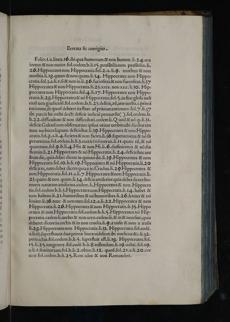 Errrata fic corrigito, Folio.1.a.linea.16.1bi quz humorum &amp; non humor. 1i.2 4/.:ma iorum &amp; non malor.fol.eodem b.li.15.posfibilianon pasfibilia. li. 2.6. Hippocrates non Hippocratis.fol.2..,1i,9. morbus &amp; non morbis.li.18.quum &amp; non quam.li.34.. Hippocrates non Hippoz cratis.fol.5.a.T.1.fi &amp; non s.l. 2, 6.furiofitas&amp; non furcofitas.li 37 Hippocrates &amp; non Hippocratis.li.25.xxix, non xxx.li.30. Hip: pocrates non Hippocrats.fol.4..]i. 17. Flippocrates non Hippo: cratis.]i, 2 g. Hippocrates &amp; no Hippocrats.fol..in fine elofa iudi ciofi non eiudiciofi.fol.eodem.b.li, 2.5.deficit;ad;arteuerba.i.primá rationem ficquod deberct ita ftare ad primamrationem.fol.7.1i.57 ibi parcát hic mihi docti deficit indiciá perentefis(. ).fol.codem.b. 1i. 2 2..difficultate € non difficultati.codemli.Q uod &amp; no g-.1i.31. deficit Galenü non obferuatnec ipfius utitur uerbis:ubi dicebattan tum ucrbis reliquum deficiebat.1i.39. Hippocrates &amp; non Hippo: cratis.fol.9.a.li.4..faciens &amp; non facies.li.36.fuperueniens &amp; no fa perueniens.fol.codem.b.11.3.merácino merati.li. 1 quare tá, &amp; nó quaretum.fol.9.b.li.4.. His &amp; non Hi.li. 6.diafiniconis &amp; nodia ficonis.]i,.2 1.FIippocrates &amp; no Hippocraus.li. 2 4L.deficit hocuer bum die, quia debet dicere in quinto die.fi.39. Hippocrates &amp; non Hippocratis.fol.10.b.li.19.Hippocrates &amp; no Hippocratis.li.2 0 deficitte, nam debet dicerequiaa te. Crudus.li.2.9 Flippocrates &amp; non Fippocratis.fol.11.a.]i.7. Hippocrates &amp;non Hippocratis.li. 25.quam &amp; non quam.11.34,.deficit amiferint quia debetdicerehuz moris naturam amiferint.eadem.]i, Hippocrates &amp; non Hippocra üs.fol.eodem b.li.5. Hippocrates non Hippocratis.li.14,. habet. &amp; non habent.li.2 1.humoribus &amp; nohumoribas.li. 2. 6.leniter &amp; no leuiter.li.36.tunc &amp; non tum.fol.12..a.[i.2 2. Hippocrates &amp; non Fiippocratis.li.2 6.FTippocrates &amp; non Hippocratis.]i.35. Hippo crates &amp; non Hippocratis.fol.codem b.li,5.FTippocrates no Hip: deberet dicerein coctis &amp; in non crudis.li.9.3 uafis &amp; non: a; irafis h.28.Hippocratesnon. Hippocratis.li.35. Hippocrates.fol.eode. a-I.15.faperfuunt due primz linex uidelicet ibi medicus &amp;c.1i.32.. pertractat.fol.codem.b.1i.5. fuperfluit eft.li, 138. Hippocrates.fol. 15.1i.2:5.tangentes .fol.eodé b.l..tollendam.li.19.ualui. fol.19. a.]i. 1. feminariam.fol.b.li. 2. .obire.]i.12.. quod.fol. 2 1.3.1.2. 0.cor ticis fol.codem.b.li.2.4.R. em adeo &amp; non R.emandeo,