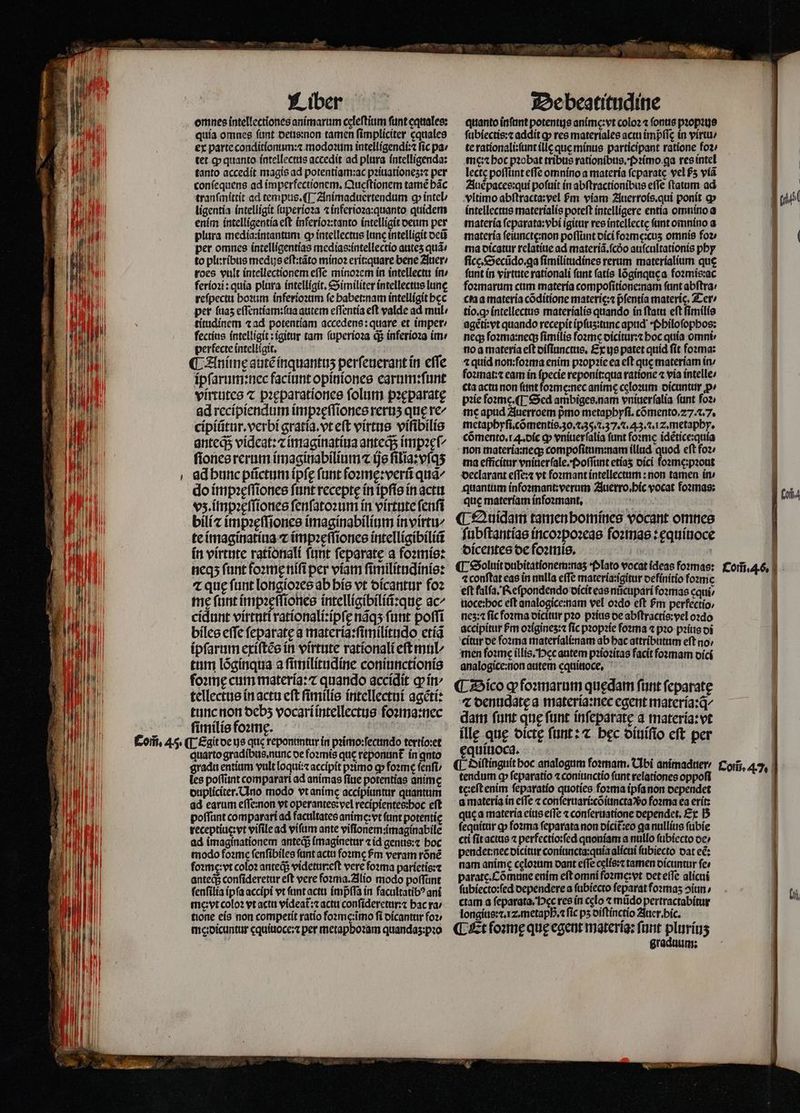 p o dicus 2 E PP — Liber omnes intellectiones animarum celeftitim ſunt equales: quía omnes funt deus: non tamen fimpliciter cqualea ex parte conditionum:⁊ modoꝛum intelligendi:⁊ fic pa / tet ꝙ quanto intellectus accedit ad plura intelligenda: tanto accedit magis ad potentiam:ac pꝛiuationeʒ:⁊ per conſequens ad imperfectionem, Queſtionem tame bác tranſmittit ad tempus.¶ Animaduertendum o intel · ligentia intelligit ſuperioꝛa ⁊ inferioꝛa:quanto quidem enim intelligentia eft inferioꝛ:tanto intelligit deum per plura media:intantum op intellectus lune intelligit deũ per omnes intelligentias medias:intellectio auteʒ quã to pluribus medius eſt:tãto minoꝛ erit:quare bene Auer / toes vult inteilectionem effe minoꝛem in intellectu ín ferioꝛi: quia plura intelligit, &amp;»imiliter intellectus lune reſpectu hoꝛum inferioꝛum fe babet:nam intelligit bec per ſuaʒ eſſentiam:ſua autem eſſentia eft valde ad mul / titudinem ⁊ ad potentiam accedens: quare et imper: fectius intelligit: igitur tam ſuperioꝛa q; inferioꝛa im / perfecte intelligit. ä : ¶ Animę autẽ inquantuʒ perfeuerantín effe ipſarum:nec faciunt opiniones earum:ſunt virtutes ⁊ pꝛęparationes folum pꝛęparatę ad recipiendum impꝛęſſiones reruʒ que re^ cipiũtur.verbi gratia. vt e(t virtus viſibilis anteqᷓ; videat: c imaginatina anteq; impꝛęſ⸗ ſiones rerum imagitabilium ⁊ ijs ſilia:vſqʒ ad hunc pictum ipſę ſunt foꝛmę:verũ qua^ do impꝛeſſiones ſunt recepte in ipſis in actu vz. impꝛeſſiones ſenſatoꝛum in virtnte ſenſi bilíz impꝛęſſiones imaginabilium in virtu⸗ te imaginatiua ⁊ impꝛeſſiones intelligibiliũ in virtute rationali ſunt ſeparatę a foꝛmis: neqʒ funt foꝛmę niſi per viam ſimilitudinis: ⁊ quę ſunt longioꝛes ab his vt dicantur foꝛ me font impꝛeſſiones intelligibiliũ:quę ac^ cidunt virtuti rationali:ipſę nãqʒ ſunt poſſi biles effe feparate a materia:ſimilitudo etiã ipſarum exiſtẽs in virtute rationali eſt mul tum lõginqua a ſunilitudine coniunctionis foꝛmę cum materia: ⁊ quando accidit ꝙ in tellectus in actu eſt ſimilis intellectui agẽti: tunc non debz vocari intellectus foꝛma:nec ſimilis foꝛmę. quarto gradibus. nunc de foꝛmis que reponunt᷑ in qnto gradu entium vult loqui:z accipit pꝛimo ꝙ foꝛme fenfit les poſſunt comparari ad animas ſiue potentias anime dupliciter. Uno modo vt anime accipiuntur quantum ad earum eſſe:non yt operantes:vel recipientes:hoc eft poffant comparari ad facultates anime: vt funt potentie receptiuę: vt viſile ad vifum ante vifionem:imaginabile ad imaginationem anteds imaginetur ⁊ id genus:⁊ hoc modo foꝛme fenfibiles fant actu foꝛme fm veram róné foꝛme:vt colo? anteds videtur:eſt vere foꝛma parietis:⁊ anteq; conſideretur eft vere foꝛma. Alio modo poſſunt ſenſilia ipfa accipi vt fant actu imp̃ſſa in facultatibꝰ ani me: vt coloꝛ vt actu videat᷑:⁊ actu conſideretur:⁊ hac ra / tione eis non competit ratio foꝛme:ĩmo fi dicantur foꝛ / me:dicuntur ęquiuoce:⁊ per metaphoꝛam quandaʒ:pꝛo De beatitudine quanto inſunt potentijs animę:vt colo2 ⁊ ſonus pꝛopꝛujss ſubiectis:⁊ addit ꝙ res materiales actu imp̃ſſę in virtu» te rationali:ſunt ille que minus participant ratione foꝛ / me:⁊ hoc pꝛobat tribus rationibus.Pꝛimo ga res intel lecte poſſunt effe omnino a materia fcparatc vel £5 viã Auẽpaces:qui poſuit in abſtractionibus effe ſtatum ad vltimo abſtracta:vel m viam Auerrois.qui ponit ꝙ intellectus materialis poteſt intelligere entia omnino a materia feparata:vbi igitur res intellectę fant omnino a materia ſeiunctę:non poſſunt dici foꝛmę: cuz omnis foꝛ⸗ ma dicatur relatiue ad materiã.ſcbo auſcultationis phy ſicg.Secũdo.qꝗa ſimilitudines rerum materialium que funt in virtute rationali fant ſatis lõginquę a foꝛmis:ac foꝛmarum cum materia compoſitione:nam ſunt abſtra⸗ ctaa materia cõditione materię:⁊ pfentía materie. Ter / tio.ꝙ intellectus materialis quando ín ſtatu eft ſimilis agẽti:vt quando recepit ipſuʒ:tunc apud Philoſophos: neq: foꝛma:neq; fimilis foꝛme dicitur:⁊ boc quía omni⸗ no a materia eft diſiunctus. Ex ye patet quid ſit foꝛma: ⁊ quid non:foꝛma enim pꝛopꝛie ea eft que materiam in / foꝛmat:⁊ eam in ſpecie reponit:qua ratione ⁊ via intelle / cta actu non funt foꝛme:nec anim celoztim dicuntur p: pꝛie foꝛme.¶ Sed ambiges.nam vniuerſalia fant foꝛ / me apud Auerroem pmo metaphyſi. cõmento. 27.2.7. metaphyſi.cõmentis. 30. 2.35. 7.37. . 43.2. z. metaphy. cõmento.i 4. dic ꝙ vniuerſalia funt foꝛme idẽtice:quia non materia:neq; compoſitum:nam illud quod eft foꝛ ma efficitur vnitierſale.Poſſunt etiaʒ dici foꝛme:pꝛout declarant eſſe:⁊ vt foꝛmant intellectum: non tamen in quantum infoꝛmant:verum Auerro.hic vocat foꝛmas: que materiam infoꝛmant. ſubſtantias incoꝛpoꝛeas foꝛmas:ęquiuoce dicentes de foꝛmis. Y | ⁊ conſtat eas in nulla e(Te materia:igitur oefínitio foꝛme eft falſa. Reſpondendo vicit eas nucupari foꝛmas cqui; tioce:boc eft analogice:nam vel oꝛdo eft fm perfectío, nes: ſic foꝛma dicitur pꝛo pꝛius de abſtractis:vel oꝛdo accipitur Pm oꝛigineʒ:⁊ fic pꝛopꝛie fosa ⁊ pꝛo pꝛius di citur de ſoꝛma materiali:nam ab hac attributum eft no; men fozme illis. Hec autem pꝛioꝛitas facit foꝛmam dici analogice:non autem equinoce. ^ denudatę a materia:nec egent materia:ꝗ̃/ dam funt que fant inſeparatę a materia:vt ille que oicte funt: ⁊ bec diuiſio eft per ęquiuoca. tendum ꝙ ſeparatio ⁊ coniunctio fant relationes oppoſi teꝛeſt enim ſeparatio quoties forma ipſa non dependet a materia in cffe ⁊ conſeruari:cõiuncta vᷣo foꝛma ea erit: que a materia eius eſſe ⁊ conſeruatione dependet. Ex B ſequitur ꝙ foꝛma feparata non oícit:eo ga nullius ſubie cti ſit actus ⁊ perfectio:ſed quoniam a nullo ſubiecto oe» pendet:nec dicitur coniuncta:quia alicui ſubiecto dat eẽ: nam anime cęloꝛum oant effe cęlis:⁊ tamen dicuntur fe: paratc.Cómune enim eſt omni foꝛme:vt oet eſſe alicui ſubiecto:ſed dependere a ſubiecto feparat foꝛmaʒ ↄiun / ctam a ſeparata. Dec res in celo ⁊ mũdo pertractabitur longius:⁊. z. metaph. fic ps diſtinctio Auer. hic. graduum: Gi,