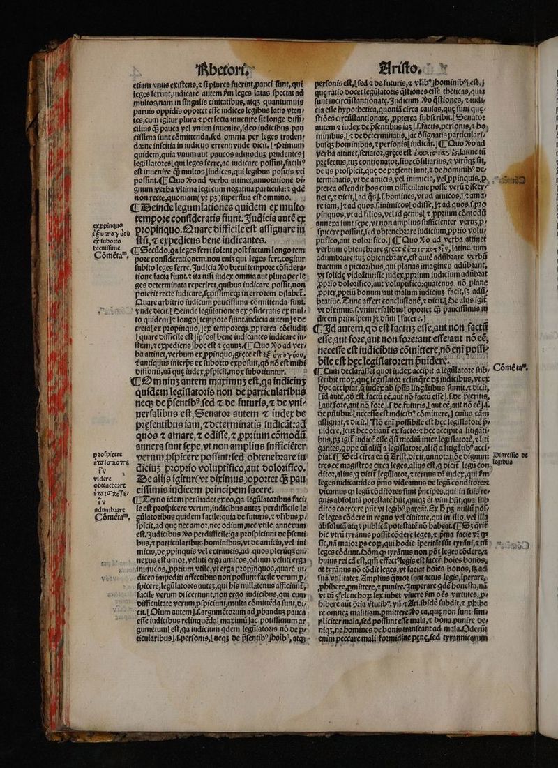 ex ppinquo * ex ſuboꝛto Rhetori. etiam vnus exiſtens, ⁊ ſi pluxes fuerint, pauci funt, qui leges ferunt, idicare autem fm leges latae ſpectat ad multos. nam in ſingulis ciuitatibus, atqs quantumnía paruis oppidis opoꝛtet effe iudices legibus latis vten / tes, cum igitur plura ⁊ perfecta inuenire ſit longe diff cilius d$ pauca vel vnum inuenire, ideo iudicibus pau ciſſima (unt cõmittenda, ſed omnia per leges traden / da: ne inſcitia in iudicis errent: vnde dicit. l Pꝛimum quidem, quia vnum aut paucos admodus pꝛudentes legiſlatoꝛesl qui leges ferre, ac iudicare poſſint, faciliꝰ eſt inuenire q; multos liudices, qui legibus pofitis vti poſſint. ¶ Quo vo ad verba attinet, annotatione oi gnum verba vltima legi cum negatiua particula:⁊ ꝗdẽ non recte, quoniam( vt pʒ) ſuperflua eft omnino. bempoꝛe conſideratis fiunt. Judicia autẽ ex f, ⁊ expediens bene iudicantes. p ꝛoſpicere iv d videre * iV adunib?are fubito leges ferre.Judicia Vᷣo bꝛeui tempoꝛe cõſidera / ges determinata reperiret, quibus iudicare poſſit, non poterit recte iudicare, ſepiſſimeq; in erroꝛem dilabet᷑. Quare arbitrio iudicum pauciſſima cõmittenda ftnt, to quidem j⁊ longol tempoꝛe fiunt.iudicia autem j⁊ de perſonis eft fed « de futuris, « vlibꝰ hominibꝰleſt, que ratio docet legülatozie ditiones efle tbeticas,quia (unt incircũſtantionatę. Judicum ?o dftiones, ⁊ indi/ cia effe hypothetica, quoniã circa caufas,que fünt quc ſtiões circüftantionate, ꝓpterea fübfcribit.| Senatoꝛ autem ⁊ iudex de pfentibus ias J.f, factis perſonis,⁊ ho minibus, ſ⁊ de determinatis, lac öſignatis particulari: buſqʒ bominibus, perſonisſ iudicat. (T Quo o ad yerba attinet, ſenatoꝛ, grece eft zio ro 18 latine tũ pꝛefectus, tuʒ contionatoꝛ, ſiue cõſiliarius, ⁊ vtrũqʒ fit, de us pꝛoſpicit, que de pꝛeſenti ſunt, ⁊ de bominib? de nere, ⁊ dicit, lad qs]. homines, vt ad amicos;L ⁊ ama ⸗ re iam, |t ad quos.ſinimicosſ odiſſe, I ad quos.ſpꝛo pinquos, yt ad filios, vel id genus « ppzium cõmodũ anne xa ſunt ſepe, vt non amplius ſufficienter verus p / fpicere poſſint, ſed obtenebzare iudicium ppzio volt ptifico, aut doloꝛifico. ¶ Quo Xo ad verba attinet verbum obtenebꝛare grece € ? xor? v, latine tum adumbzarejtu$ obtenebꝛare, eſt auté adũbꝛare verb tractum a pictoꝛibus, qui planas ĩimagines adũbꝛant, yt ſolide videãtur:ſic index ppzium iudicium adũbꝛat ppꝛio doloꝛifico, aut voluptifico:quatenus nó plane ꝓpter ꝓpꝛiũ bonum / aut malum iudiciuʒ facit,f5 adũ⸗ pꝛatiue. Tunc affert concluſtone, ⁊ dicit.¶ Oe alus igit. yt diximus.ſ.vniuerſalibusl opoꝛtet q; pauciſſimis iu dícem pꝛincipem j⁊ dm l facere.] quare difficile cft jipfoe| bene iudicantes indicare iu ſtum, ⁊ expediens boc eft « equis (T. Quo So ad ver / ba attinet, verbum ex ppinquo, grece eft z£ bro y jov, r antiquus interpe ex ſuboꝛto expoſuit, qð nó cft mihi diſſonũ, nã que iudex ꝓſpicit, mox ſuboꝛiuntur. quidem legiſlatoꝛis non de particularibus nerſalibus eſt, Senatoꝛ autem ⁊ iudex de pꝛeſentibus iam, ⁊ determinatis fndicát:ad quos ⁊ amare, odiſſe, ⁊ ꝓpꝛium cõmodũ annexa (ant ſępe, vt non amplius ſufficiẽter verum pſpſcere poſſint:ſed obtenebꝛare iu De alijs igiturCvt diximus )opoꝛtet d5 pau. ciſſimis iudicem pꝛincipem facere. | le eſt pꝛoſpicere verum, iudicibus auteʒ perdifficile le ſpicit, ad que nec amoꝛ, nec odium, nec vtile annexum: eſt. Judicibus Vo perdifficile:ꝗa pꝛoſpiciunt de pᷣſenti bue, particularibus hominibus, vt de amicio, vel ini cffe indicibus relinquẽdal maxim lac potiffimum ar eſſe, aut foꝛe, aut non foꝛe:aut eſſe aut no ee, neceffe eft indicibus cõmittere nõ cni poſſi⸗ bile eft hec legiſlatoꝛem ß̃uideree tc ! . ſub⸗ fcribit moxque legiſlatoꝛ relinqre dʒ iudicibus, vt ex hoc accipiat, ã ſudex ab ipſis litigatibus ſumit, ⁊ dicit, Lid anté,qà eft facri es, at nó factü effe j. de pieritis, Laut foꝛe, aut nõ foꝛe . ſ de futuris, aut eẽ, aut nó e€ ].f. de pñtibusl neceſſe eft indicib? cõmittere,j cuitie cãm aſſignat, ⁊ dicit. . Nõ cni poſſibile eft bcc legiſlatoꝛẽ p tiidcre, ſcuz bec oꝛiant᷑ ex facto:⁊ hec accipit a litigãti/ bus, pz igit iudice efte dft mediũ inter legiflatoze,« liti gantes, ꝗppe cũ aliq a legiſlatoꝛe, aliqͥ a litigãtibꝰ acci piat.¶ Sed circa ea q Ariſt.dixit, annotatiõe dignum ditoꝛ, alius / ꝗ dieit᷑ legũlatoꝛ, ⁊ tertius 02 index, qui fm leges iudicat:ideo pmo videamus de legũ conditoꝛe:⁊ dicamus gi legũ cõditoꝛes funt pᷣncipes, qui in fuis rev gnis abſolutã poteftate hñt, quiqʒ ét vim hñt, qua ſub ditos coercere prit vt legib? pareãt.Ex D ps nullũ pofy ſe leges cõdere in regno vel cinitate, qui in illo. vel illa abſolutã atq5 public poteſtatẽ nó babeat Sʒ qrít bic vtri tyránus poffit cõdere leges, ⁊ pᷣma facie vz qx buius rei cã eſt, qm̃ cffect?legie eft facer. boies bonos; dt tyrãnus nõ cõdit leges, vt faciat hoĩes bonos, ſʒ ad ſuã vtilitatez. Amplius q̃tuoꝛ ſunt actus legis, ĩperare, pꝓhibere, ꝑmittere, ⁊ punire.Imperare qdé honeſta, nã vt dĩ gelenchoz lex iubet vitiere zm oẽs virtutes; p: hihere aut 22ía vᷣtutibꝰ:vñ ⁊ Ari ibidè fübdit, phibe re omnez malitiam. ꝑmittere o ea, quę non ſunt ſim pliciter mala, ſed poffint effe mala, ⁊ bona.punire de / niqʒ, ne bomines de bonis tranſeant ad mala. Oderũt enim peccare mali foꝛmidine pene, ſed tyrannicarum