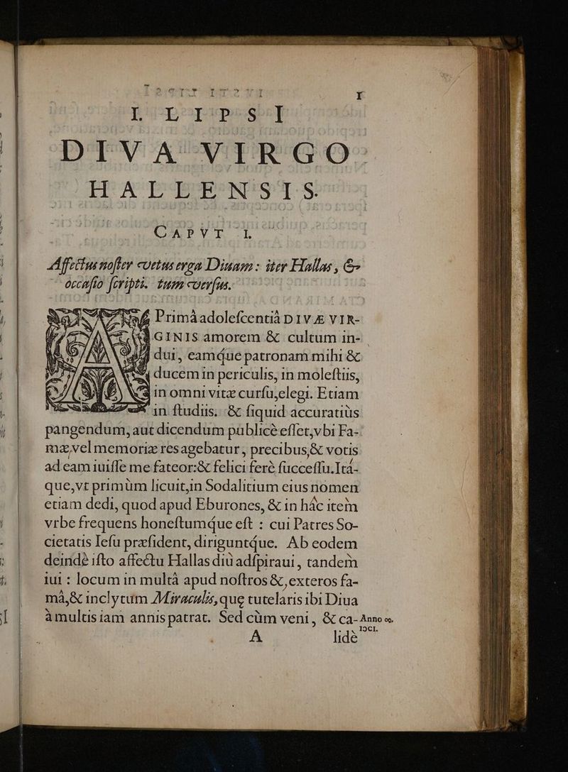 DIVA VIRGO HALLENSIS tog void Affectus noflev cuetus evom Diuam : iter Hallas , &amp; - ercafto [cripti. tum coa. vw Pumáadolefcentià D1v.&amp; v15- CU GINISamorem &amp; cultum in- 28/] dui, camáue patronam mihi &amp; Vx f ducemin periculis, in moleftis, I «3X in Duas &amp; (iquid accuratiüs gangBndürn aut dicendum püblicé effet;vbi Fa- mzvelmemoriz resagebatur , precibus,&amp; votis adeamiuiffe me fateor:&amp; OECR feré fucceffu.Ita- que,vt primüm licuitin Sodalitium eius nomen eciam dedi, quod apud Eburones, &amp; in hác item vrbe frequens honeftumque eft : cui Patres So- cietatis Iefu prafident, dinguntque. Ab eodem x ifto affectu Hallas diu adfpiraui , tandem : locum in multà apud noftros &amp;, exteros fa- mà LK inclycum Zirazulis, que tutelarisibi Diua A lide