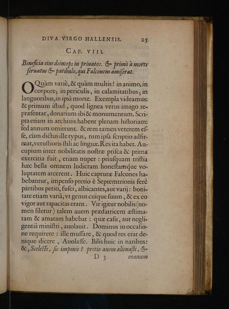 MQ AE. VILE Beneficin eius deinceps in primmtas. &amp; primi hsmovte feruatus &amp; patibulo, qui Falcontomm ami[ermt: Quàm varié, &amp; quàm multis! in animo, in Crus in periculis , 1n calamitatibus ; in languoribus,in ipsà morte. Exempla videamus: &amp; primum 1ftud., quod lignea vetus imago re- prafentat ,donarium ibi &amp; monumentum. Scri- ptaeuam in archiuis habent plenam hiftoriam: fedannum:omittunt. &amp; rem tamen veterem ef: fe, cum dictusille typus, tumipfà fcriptio adfir- mat,vetuflioris füiliac linguz. Res ita habet. Au- cupium inter. nobilitatis noftrz prifca &amp; prima: exercitia fuit , etiam nuper : priufquam triftia hzc bella. omnem ludictam honeftamiue vo- luptatem arcerent.. Huic capture Falcones ha- bebantur , impenfo pretio à Septemtrionis feré pártibus petiti, fufci, albicantes,aut varij: boni- tate ctiam varià, vt genus cuique fuum , &amp; ex eo vigorautrapacitaserant. Virigitur nobilis(no- men filetur) talem auem pradatricem aftima- tam &amp; amatam habebat : quz cafu , aut negli- gentià miniftri , auolauit.. Dominus in occafio- ne requirere : ille muffare , &amp; quod res erat de- nique dicere, Auolafle.. Bilis huic in naribus: &amp; , Srelesfe , fic iznponis ?. pretio auesm alienafli , &amp; 3 aum