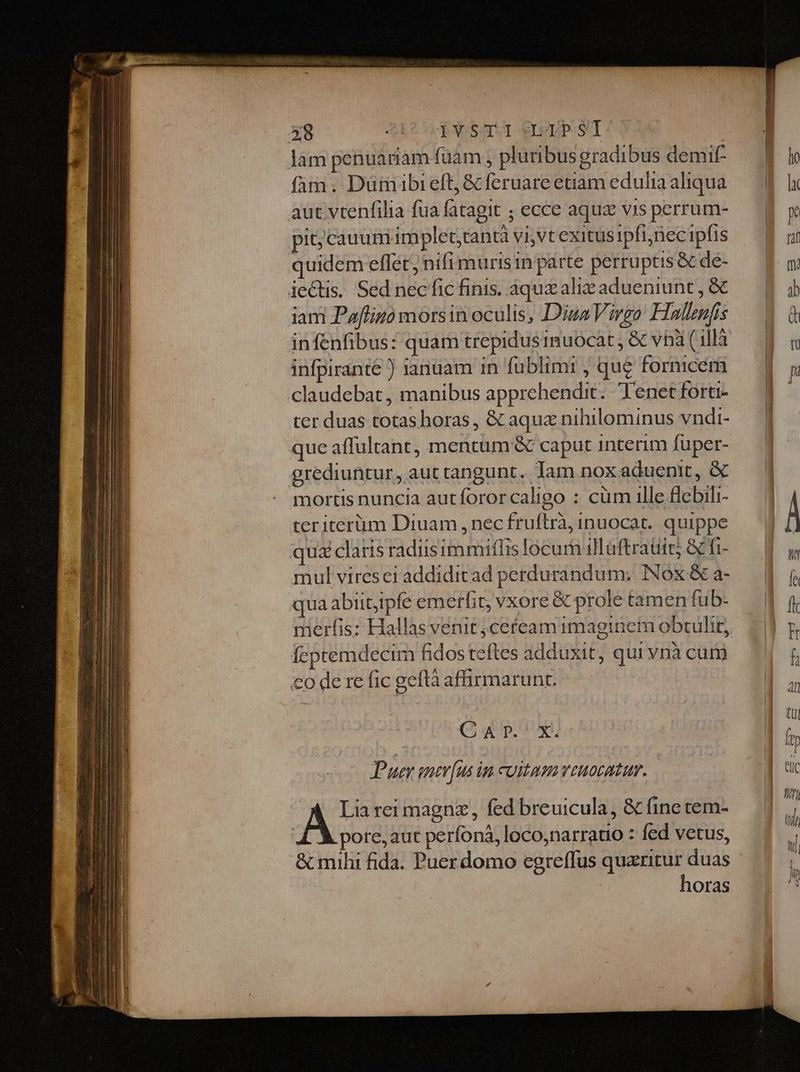 làm penuariam fuam , plutibusgradibus demif- fam. Dumibieft, &amp; feruare etiam edulia aliqua aut vtenfilia fua fatagit ; ecce aqua vis perrum- pit; cauumimplet;tantà vi,vt exitus ipfi;necipfis quidem eflet; nifimurisin parte perruptis &amp; de- jeQts. Sed nec fic finis. áqu alie adueniunt , &amp; iam Paflizó morsin oculis, DisaVirgo Hallnfis infenfibus: quam trepidus imnuocat , &amp; vh (113 infpiranté ) ianuam in fuüblimi , que fornicem claudebat , manibus apprehendit. Tenet fort- ter duas totas horas , &amp; aqua nihilominus vndi- que affultant, mencam &amp; caput interim füper- grediuntur, aut tangunt. Tam nox aduenit, &amp; mortis nuncia autforor caligo : cüm ille flebili- teriterm Diuam , nec fruftrà, inuocat. quippe quz claris radiisimmiflis locum illaftraüit; &amp; fi- mul viresei addiditad perdurandum; Nox &amp; a- qua abit,rpfe emerfit, vxore &amp; prole tamen fub- feptemdecim fidos teftes adduxit, qui vnà cum €o de re fic geftà affirmarunt. CAP. X. Puer sev[us im cultam veuocatur, Lia rei magnz, fed breuicula, &amp; fine tem- | pore, aut perfonà, loco,narratio : fed vetus, horas