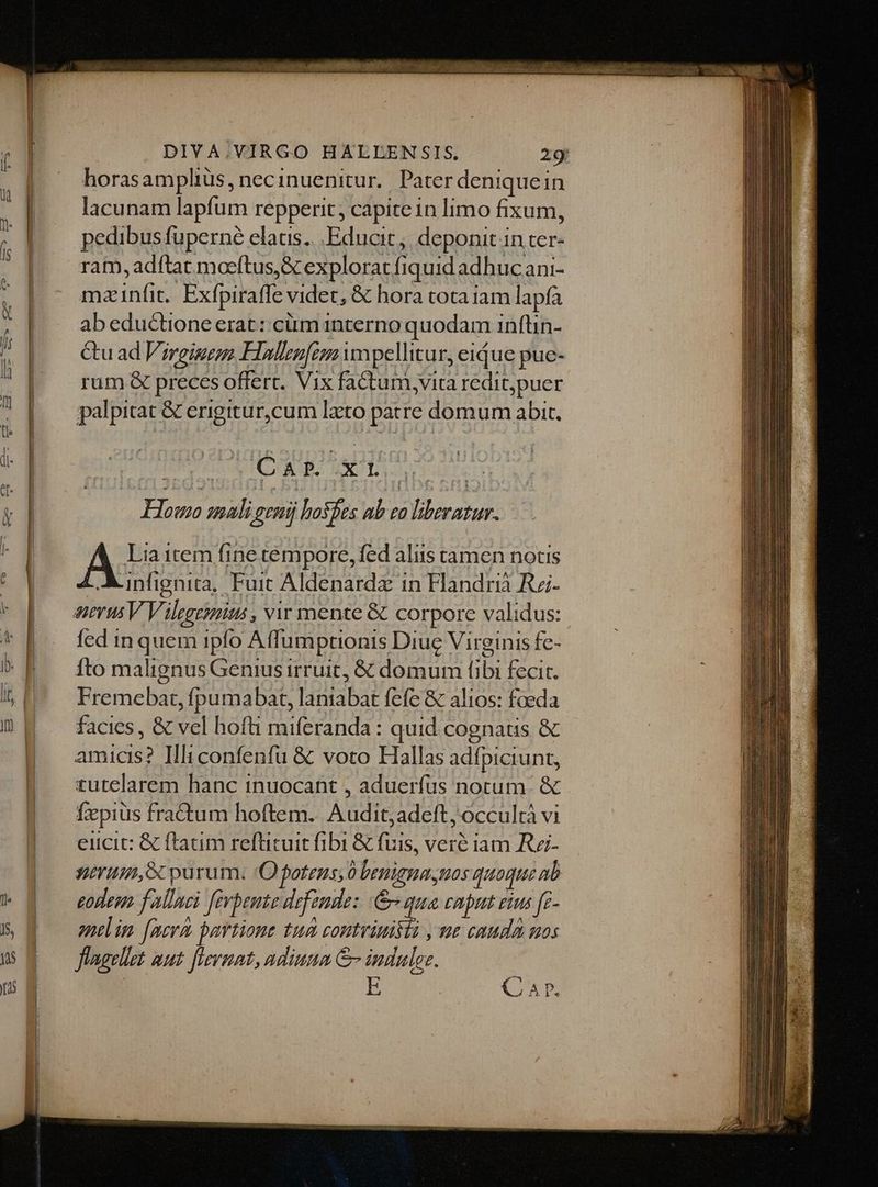 t horasamplius, necinuenitur..| Pater deniquein lacunam lapfum repperit , capite in limo fixum, pedibus fuperné elatis... Educit ; deponit in ter- ram, adítat moeftus,&amp; explorat fiquid adhucani- mzinfit, Exfpiraffe videt, &amp; hora tota iam lapfa ab eductione erat : cüm interno quodam inflin- Cu ad Virginem Flalenfems wnpellitur, eique pue- rum &amp; preces offert. Vix factum,vita redit,puer palpitat &amp; erigitur,cum lato patre domum abit. ROSE E ES FHowo mali genij hoses ab vo liberatur. Lia item fine tempore, fed aliis tamen notis infignia, Fuit Aldenardz in Flandrià Ri- fed in quem ipfo Affumptionis Diuc Virginis fc- fto malignus Genius irruit, &amp; domum (ibi fecit. Fremebat, fpumabat, laniabat fefe &amp; alios: foeda facies , &amp; vel hofti miferanda : quid cognatis &amp; amicis? Illi confenfu &amp; voto Hallas adfpiciunt, tutelarem hanc inuocant , aduerfus norum. &amp; fzpius fra&amp;tum hoftem. Audit,adeft, occultà vi euicit: &amp; ftam reftituit fibi &amp; fuis, veré iam Rzi- eodem falluci fevbente defende: &amp; quia caput eius [c- enelim [aera pavtione tud contviuisii , ue cauda uos Jflageliet mut. flevnat, ndiuum &amp; indulez.
