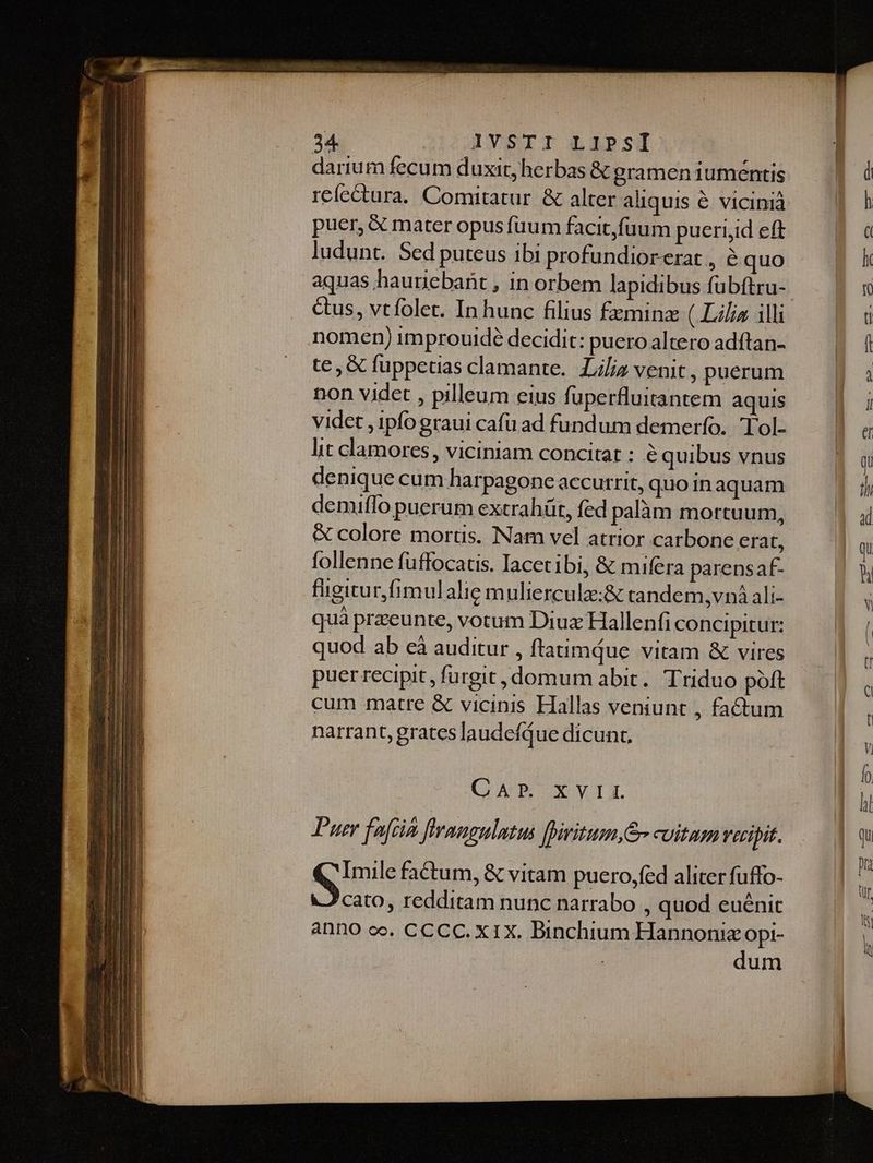 24. IVSTT LIPSI | darium fecum duxit;herbas &amp; gramen iuméntis — | 0 refectura. Comitatur &amp; alter aliquis é vicinià | h puer, &amp; mater opus fuum facit,füum puerijid eft Ng: ludunt. Sed puteus ibi profundior erat , e quo. pP kh aquas haurebant , in orbem lapidibus fübftru- ea &amp;us, vtfolet. Inhunc filius fzminz (Lis ili — | i nomen) improuide decidit: puero altero adftan- l te, &amp; fuppetias clamante. Lijsvenit, puerum — || i non videt , pilleum eius fuperfluitantem aqus — 7] Videt , ipfo graui cafu ad fundum demerío. 'Tol- a lit clamores, viciniam concitat : e quibus vnus | ou denique cum harpagone accurrit, quo in aquam Tod demiffo puerum excrahüt, fed palàm mortuum, 1 ud &amp; colore mortis. Nam vel atrior carbone erat, qu follenne füffocatis. Iacetibi, &amp; mifera parensaf- hi figitur fimulalie mulierculz:&amp; tandem, vnà ali- aT quà praeunte, votum Diux Hallenfi concipitur: [ quod ab cà auditur , ftaumque vitam &amp; vires puerrecipit , furgit,domum abit. Triduo poft d cum matre &amp; vicinis Hallas veniunt , factum narrant, grates laudefQue dicunt, E f) GARE XY DI. li Tuer foftin ffranguletus [Biritum,S- cuitamvenipit. — | w i i h qne factum, &amp; vitam puero,fed aliterfuffo- — | : ) cato, redditam nunc narrabo , quod cuénit anno oc. CCCC. X1X. Binchium Hannoniz opi- dum