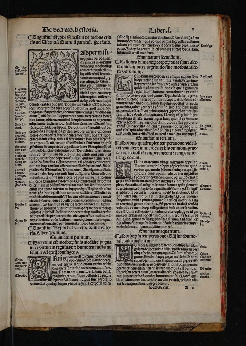Ye occreto.byfto2ia. (C Zluguftini 1H ypbi €Sucffaní oe oícbue crítf cie ad Clicentíà Quirinü patrítíü. ff»:efatío. 2 zlbperitiffLA I! mc gétesberbasjalia. MI qs pmpta ín auxilius: £i ice yj vulnerus mozbo2tiqs. nullos ob . i | coniectátes/oterü nul feruarit . y | las oifferétiá fecerüit. / || verütamen apud gre cos alíquáto otligen: P? || tius vetuftifimus au f£. quibue mil cto: Zlefculapius me bbfuquo diciná egcolene, oíez. excinda idiotropias oifferen/ : tíafqs obferuauit:que oeinde $ videls « XI2acbaon: fecutí oecretozios oíes ceperüt balbutirc: poft quos*foy^ tbago:as;£ mpedoclesI»emocrítue; eiufqs ( vt quidam aiunt ) oifcipulus Dippocrates cous oecretozios bofce; non tantus obferarunt:fed locuplectarunt ac an xeruntz adycíentee indiciarios, *(»oft bos 2»iocles ; Ebariftitis; f»2axago?as JE biyfippus/'Deropbilus ) Derafíftrat? oe: cretozios t indicíarios pfitentesjobfergartnt « pzotioca. toz2íos:quos noflri intercidentes vocitant : boe «Díppo: obícrua^, * Empcedo. D«emocri, l2ippo. ende idi/ ciarij. Onde pto uocato?ij, XLibi» oif, fila. pe c0» caufis nó paruus eft oiffenfus: Cat enim ex ipfa Euniperici quid $ cri tidie; «. iAulla oie rumcd. Kaufe cri ttcoz. folá obferiiatione cópertos fuiffe:cü quibus 4 Ziuerroes: fobafee:Ajuicéna « 2luencoarue: « fi rónales:conuenere: nullam baz caufam offerentes/nifi obferuationé. Zifcle, piaees yo Z: bemifon /'»ippocrates; Zlrcbígenes« Dale nus.rónales bog cáe enífi funt adfígnarc: uas aftrono mí aufpícati fant inter ceteros oitis matbematicozum piincepe £ladíus tolemeus.CLidentes aüt fcríptozus oifcrimina acoiffenfiones:yiam mediam fequimur.arite enim nos nemo míxtím oe bye prodyt.T1a5 oe bis aftro - nomí rónibus ccleftibus tantum tradidere. XIDedici vo medícis obfersationib^,Tlos at obferaatíones a medi 5 4 eieacciptentee:rones ab aftronomis perquifinümus:binc Diufioli opusrmiíftus facimus vt ytriqs fectc indulgeamus. oiu bi, fimus vo Líb2u5 ín quatuo2.pzímus qdes oe oecreto2iozz bíftozia infcribif.fecüdus oeoecreto2ioz caufis. tertíus ope. r 18e: fale. tole, nté. nfg £omal, togelectione.vt Vo facilias memozic cómendetur opus: bii. mo2é matbematico per enüntíata lib20s farciemus, (C Ziuguftíní 1Hypbi oeoecretozíozut byfto^ ríg.J.íber^pímus. —— : f£znuntíatum poítnutt. falutíe vclerítücontfngene, ma Quint c£: 4v 4, nomeneft grecum: qo oefcedit. T 1 € Y ft E ) n 4 tíci oecre^ |P ^N tozg« noJvelfepero:a quo etiam verbo critici biea picti füt:latíne oecreto20:aut oifcre: tini; lam ín omní ouello tría funt: bellá, L| tes/íudex;t temp?:quo bellantes a pugna E129 feperant Eit auté mozbus fine cgrotatio vr ouellus quodas: in quo virtue regítiua cozpozis noftri Nabenpboa. 7 Cffue fit aia/fitte calo naturalie;fiue q5 vís alitid) cótra butmnozé certat.tempus vojquo pugna bec ceffat ad latus falutis vel exíti:critícus boc eft occretoziue oies nunct/ patur. Judey vo generalío eft omnius auctoz Zeus ; bníc fübminifterjeft medicus. il | f-nuntíatum fecundutn. . (LX. cfionee bumatioy coopoz oae funt: alte raquídetm oícta.acgrítudo fiue moobtie:alte rao vitium. — ^ - Efio bumani co»pozíe ea eft:qua co»pue ipm Ín operatione fua naturali j vitalivel anima: (exercenda ledítur; Dec autes triplex. Cina quídem cónaturalíe boc eft que agenítura - Je celefti conftitttione contrabitur ; yt clau: ditium/cecitae 7 cetera (d genus. cc cbatdaice j acema | tero quos látíne( auctoze materno )vítíus nücupat. Zilía Vo.nó có» fXvénus. naturalis/fed fua oíutarnítate babíitus appellat vtí poda gra:etbica/tabes cancer 4 conulfio. ín bís quidem nulla expetenda eft crifís,in piima quides pprer conatüralíta: tem.in fcóa vo ob oíaturnítates. Cltrifgs nágs in bís pu: gnaablata eft.Z-ertía atit pacter bas ; quonià ex bumo2e extero ac boftili perniciofoas fítzmo1bus ; fíne carotatio vocat. 3n bac crifís indicis puocatio obferuáde (unt; Sn bue qué vírt? ipfa aduerfus biozé boftiles z cone£ «pugnet; ^09. cui? ogellí finis crifís 5 eft oecretii a medicis nuncupat. rise, f£znuntíatum tertíum. £ritíc^gs X c&amp;0 ed kcu Ulius maternus vbiías mírturae appellat. 4 i» | ecentíozes pbilofopbi cóplexiones : quod wor kA, Verbus quo modo ín bunc fenfus receptu fit f^rafie, ICóptoníe abu(t e, fiitxtra ICóplexto, €5olta c6 tifiuitas. €&amp;ibi ote bf. ralcealtj qualee ti. - * Aud 2x72 U mo:ce(düctote Baleno)quatioz funt:fan j| EAC A I guío videlicet:rubza bilie/bodie tamé ín o2e: ; 3! Mi cius eftcbolera:que apiid Celftim eft moibi- did genus. Zitra bilíc:que grece melácbolia num, zasiischil cupat f»ituitaque flegma vocat grece ctia: quotiens igitur noftris ín cozpozib aliquis box: quattio2 peccauerít qualitate/feui quátitate j mo2bus cft bumo2a; lisjvel( vt ceterí aiunt )materíalis, ebi Vo caloz vel frig? tantit increuerít.nó quides biimozis caufa, 12 01b? quia; lisefficitarques imateríales medici yocitát/yelut ín oia: tía febze;iqueeffímera grece oicitur, uc. oc crit, Az fale. f clfuo £uauo? bümo:ce, iD üoalie fisalis £Zualie