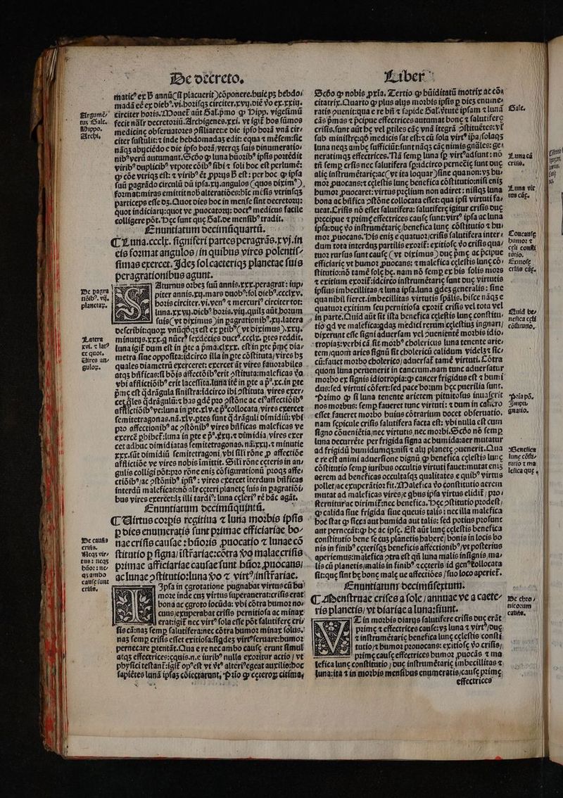 tati ez b annücfi placuerit )tóponere.buit p5 bébdoi madá e ey oieb?.vi.bozífqs circiter. cvy. olt vo ex-rriy. circiter bozis.XIDouet aüt Sal.pmo q 'Dipp; vigetimü fecit nalr oecretoziü.Zircbigenea. rri. vt (git bos fümoo medicine obferuatozes Afiliaret:e oíe ipfo oz vnà cire citer faftulit:z inde bebdomadas edit: equa « méfem:fic náqsabyciédo e oie ipfo bozdjvterqs futs oinumeratio; nib?veri autumant.&amp;5cóo g» luna btiozib? ipfis poitédit virib? ouplicib? vtpote coib? fibí« foli boc eft perlumé: cq cóe vtríqs eft: « virib? ét ppags D eft: per boc o ipfa £irgume^ fus £5 alc. Pippo. gircbt, fo:mat:míras emittitnobalteratióes:bic méfis vtrinfqs particeps effe o5. Quot oíes boc ín menfe fínt oecretoag: Quot indíciary:quot ve puocatoy: ooct? medicus facile collígere pót.'Dec funt que Sal.oe menfib? tradit, 7 f£nuntíatum oecánfiquartti. c (7.uia.ccelr. figníferi partceperagrae.r vj. ftt cío foztmat angulos ín quibue vírce polentí(^ finjae egercet. des fol cacteríqs planetae füíe peragratíoníbue agunt. | pc paera TESPEESI Ziturnus o2bes fuii annis.tty.peragrat: tup PUn IE QQSdl| piter annís.xu.mars ouob^foL oiebcclxv. planctaz. | PN wagl| boziecirciter.vi.ven? « mercuri círcitertot: NA) Kd uina. xx vi. oicb? bozis. vitg.quils aüt boum . ocfcribit:quoz vnüqoas eft ex ptib*( vt oixímus ). xxu. Xeurs mínutis.xrr.q nüer? fe&amp;decies ouct^.ccelo, pree reddit. much (nnaigif oumeft ín ptea pmacIrxt. eftin pte pa oía» quo — metra fiae oppofita:idcirco ílla ín pte cóftiruta) vires bs eirce at» 1 2s vy n : glor. qualesbiametrü exerceret; exercet át víree fauozabiles vbi afflíctióib erit laceffíta.ümna (te in pte a p^.rc.ín pte pmc eft üdrágula finiftra:ídcirco ibi 2ftituta,viree exer; cet les ddrágulü:c bas qdé pio oftóne ac eiaffectióib? po affectionib? ac oftónib? vírce brificas malcficas ve exercé pbibet:[una ín pte e p^arxg.c vimidia,víres eer cct adbuc oimidíatas femíitetragonas nix). t mínutie rxr/füt oimidiü femitetragoni,vbi fili róne p affectióe afflictíóe ve vires nobis imittit. ili róne ccterís in an gulie colligi pot:p20 róne enis cófigurationü p:0q5 affe ctióib^/ac oftónib? ipfi : vires cxercet iterdum brificas $c caufia €rifis. 1Hcq5 vir^ fue: neqs biío::ne q»ambo caufe (unt crifie. | fapiétes taná ipfas coieetarunt, io g» ceierog cita, bo y nobis pria, Z-ertio o» büíditatii tnotríy atccós citatriy.Quuarto g plus alije moabte ipfíe p oíes enne» ratís ouenit:qua e re bii « fapide Bal.vcute ipfam «luna cáo pmas « pcipue effectrícesautamat bonc 4 falutíferc crifis.fünt atit bc vel ptiles các vnà itegrá oftitaétco: vt fub miniftre:qó medicis fat eft:c cü fola virt? ipa/folaas luna neqs ambe fafficiüt:funtnáqs các imis giáles: ge neratimqs effectrices.Tlà femp luna fp virtadfunt: no tii femp crfis nec falutifera (p:idcírco pernecic funt ouc alic (nftrumétaricac( vt ita loquar )fíne quanon:vs bu» t0? puocans:t celeftis lunc benefíca cóftitutiomift enís bumo? puocaret:virtüs pzelium non adiret : nífiqs luna bona ac biifíca 2ftóne collocata cffct: qua ipfi virtuti fa . ueat.Crifis nó effet falutifera: falutiferc ígitur crifie oue piccipue a píme effectrices caufc funt; virt? ipfa ac luna ípfa:ouc vo inftrumétaric/benefica lunc cóftttutio bui tno2 puocane. Dis enis e quatuo1/crifis falutifera ínter z dum tota ínterdas partilis exozi£: cxitiofc vo crífis qua: tüo2 rurfus fant caufc ( vt oíxímus ) oic pie ac pclpue efficiaric vt buo? puocans: « malcfíca ccleftie lune co! fnuofe ftítutio:nó tamé folc bc. nam nó femp ex bís folís moe c'ifis cár. 4 exitium exozit idcirco inftrumétaric fant ouc virtutis — . ipfius imbecillitas t luna ipfa.luna qdes gcneratie: fine qua nibil fierct.imbecillítas vírtutíe fpális. bifcenáqsc quatuo2 exitíam feu pernitiofa eyozit crifis vel tota vel in parte. Quid aiit fit ífta benefica celeftie lune conftitu. tio gd ve malefica:gdas medic rerum celeftius ingnart/ oírerunt effe figniaduerfam vel ouenienté motbie idío, -tropías:verbi cá fit. mo2b? cbolerícue luna tenente arte; tem/quori aríce fignü fit cbolerícü calidum vídelst fic: cü:fauet mo2bo cbolerico;aduerfat tamé virtuti. Cótra quom lima peruenerit in cancrum.nam tunc aduerfatur moabo ex fignie idiotropia:g» cancer frígidte eft « bum Ü dus:fed vírtati cófert:fed pace'bowm bec paerílía funt. (aimo q filuna tenente arietem pítuitofus inuaferít nos moabus: femp faueret tunc virtuti: x oum ín cancro effet faneret mo2bo buius cótraritim oocet obferuatio. nam fcpicule crífís falutifera facta eft; vbínulla cft cum figno coueniétíanec virtutis nec moabí.&amp;5cóo nó femp lima occarréte per frigida figna acbumida:aer mutatur ad frígidüi bumtdumqs:nifi « alij planete ouenerit.Ctua e re eft animi aduerfione oignüg» benefica celeftis lunc cóftitatío femp iaríbus occultis virtuti fauct:mutat enis eerem ad benefícas occultafqs qualitates,e quib? virtus polletjac exuperátíoz fít:£iDalefica vo conftitutio aerei mutat ad malefícas viree;e qbue ipfa virtue elidit | zo:  ferniturac oirímiE:nec benefica. occ oftitutio pzodeft; qpcatída ftue frígida fiue queuis talis: necílla malefica £5ale. crifig, f£ oncaufe bunio? 7 cceli confi tütío. nefica ccté cóftiutto,. «ia po. 3jmptu guatio. aut pernccát:g bc dc ipfc. Eft aüt Lan celefti bencfica conftítutio bene fe cus planetis babere; bonía in locis bo nis in finib? ccterífqs beneficis affectionib?/vt pofteritis fit:quc fint bc bonc male ue affectióes /fuo loco aperict. f&amp;nuntíatinr occimüfegtum. sata di ; Pc cb:o ; ríeplanetíe; vt ofaríac a lutia;fínt. Meis à 127 ín mo:bíe oíarge falutiferecrifisoucerat^ — 7 [9| prime cffectriceo caufe:v5 luna « virt?/ouc. 4| c inftramétaric benefica lunc celeftie confti. I| tutiojt btimos pzouocane: exitiofe vo crifis; - pzíme caufe effectríces bumo2 puocás t ma luna;ítá 1 in moibie menfíbus enumeratiscaufe pztimc. | effectriceo — NT SRIINME