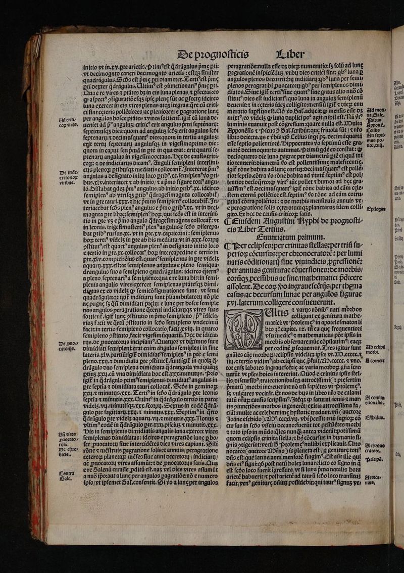 ai criti erctozioz viribus. 20€ pto cato?nije. üi vircs - puocato 7 rij&amp;e zic dxo Bici9 , fCentra alc. ínitio vt (n. x v.ptearietis.f»zim?eft ddrágulus pme ptí: quadrágulus.&amp;cós cít pmc pti olameter. 1L ertÜeft pm pri ocgter ddrágulus. Clltim? eft oianctionari? pm ptt. q afpect? ^figuratiócfqs ipfe plenc füt ac pfectreidcirco luna crercet in eis víres plenas atq itegras;qre cü crit ci fínt cereis pollétíozes/ac plenio2ee: e pagratione lune per angulos bofce ptátes «vires foztient.igi£ ci luna oe tieniet ad pangulus: crítíc? erít angulus pri fepténaru: feptíimu(qs oíes:quom ad angulus fcÓs:erít angulus fcói feptenary:t oecimafquart? oíes:quom in tertii angtlus: etft tert feptenary angulufqs in vígefimoptimo oie: quom ín caput feu pmá in pte ín qua erat : erit quarti fe ptenary angulus ín vígefimooctauo. Dec oe caufis critii Cog: ^ oe indiciarys oicam?, Zinguli femipleni interlin, cis plenoz ptibuíqs mediatis collocant. 3ntererat pm? angulus a oefígnato ínity loco ptib^.xc.femiplen'vo pti: bus. cL vdnteríacet « ab ínitío] t a pmo figure tot? angu: ló.:Siftabat qdes Bm? angulus;ab ínítío ptíb^. xc. idcirco femiplen? ab vtrifqs ptib? ddragefimagnta collocabit; teriacebat fcós plen? angulus e pmo ptib?.xc. vrín occi t1agnta pte libze:femíplen? bog jquí fcós eft in interíni tío ín pte v5 cpmo angulo ddragcfímagnta collocat: vt ín leonis. trígefimuftertà plen^anguluse fcóo oiftrepa: bat ptíb? rurfus. xc. vt in pte. x v.capzicoani : femíplenus boz terti? vídels ín pteab bis mediata:vt ín. xxx. fcoapy oftítut^/cft quart? angulus plen? ín oefignato initio loco e tertío ín pte.xc.collocat|boz intertapedíne e tertio in ptexlv.compzebéfue eft.quartfemiplentis in pte vídels aquar.xxx.eft;at femiplenue angulus e pleno femiqua drangulue fuo a femipleno quadrágulue: ídcirco Qtern? a pleno feptenart^a femipleno:qua ere tna bis:in fem plenis angulis vires cxercet femiplenae ptátefqs oimí: dígtae ex eo videls p femicofigurationee fant ; vt femi quadrágula:q? igi indícíary funt plíambtlatozu nó ple ncpugne (5 dfi oimidiati piclu: e tanc per bofce femiple nosangulos perágratione Qterni indiciargqs vires fias ríts facít vt qrtü oftítutio in fcóo femipleno vndecimü facit:in tertio femíipleno collocatio/facit.evít. in quarto fémipleno 2ftituto facít vigefimiquarti. cc oe idicia oimidiáti femiplení:erat enim angulus femípleni in fine lateris.xlv.partiü:igi£ oimidíat? femiplen? in pte-e femi pleno.xyxy.« oíimídiata pte oftítuet funt igit in quols qd drágulo oto femíplena oimidíata Qdrangula vnáquáqs tgit in qdrágulo prim^femiplenuo oímídiat? angulus in pte feptia « oimidíata tauri colloca£. &amp;5cós ín gemínoz Kx. minutis. xxx. Z-erti? in fcóo qdrágulo pte leonis feptia « mínutís.x xx. Quin? in ddragulo tertío tn parte videls.vy.minutifqs. cxx. fcoapij. &amp;eytae in eode ddrá: gulo pte fagíttarg.kyuy.« minutis. xXx. SSeptim?in qrto Qdrágulo pte videls aquary.vij.a mínutío. xx. Tlonts 2 *bis ín femiplenis otmidiatisangulie luna exercet víres femiplenas oimidiatas: idcirco e peragratióc lunc p bo: fce puocato:t) fiue íntercidétes oles vires capiunt. sSílí róne « méftruis pagratíone folíe:z annttís; peragratione cctcroz planctaz méfeefíue anni oecreto: / indiciaru) ac puocato?t víree affamüt:z oe priocatoiye fatío.Quua ere Dalenü erraffe pdítü eft.nas vel ofee vires affumüt anuo ipo:aut a lane per angulos pagratióeinó e numero ipfo)vt ipfemet Dal.confentit. &amp;ói vo a lunc per angalos K.iber peragratíóe:nulla effe os oíez numeratio:fs folii ad lune pagrationé infpiciédus vt bu oíes critici fint: qb? luna p angulos plenos oecurrit:by inditiarg:qb? luna per fet plenos peragrat:bí puocatoz9:gb? per femiplenos omi diatos.&amp;Siue igit terti fiue quart? fine qutus alio ntio cO ftítut^joics eft iadíciari^:quo naa in angulus femiplenti oeuenít:c in ccterís ídes colligitommenfiü git x oíczz enu meratio fupflua eft. Có vo Dal.adgcit:g menfis effe 05 míirt^/eo videls g»tluna ouplíci po* agít/nibiL eft. Tlá 9? Uuimínis enanuit poft cogreffum:quare nulla eft.ZIulta eid moti, ua fálc. Picus. Zpponé, (2 lib20 ceiecta.tjs e Qbis;q5 Celfus ínqt ps. oecimáquartá effe feptio pollentiozé.Dippocratee vo feptimi effe gra uío2é oecimoquarto autumat.f»2imü gdé eo conftat : gp £in fepté mus pov tioz cj. tio tenterít:oiametrü vo eft pollentíffime maleficentic. ágit róne babita ad lunc carfus:oecimufquart? eft polle: tío2 feptio.cótra vo róne babita ad vtuté feptim? eft pol/ Aentio2 oeciodrto:o virt? tüc pollet ^ bumo2 ad bcc gra: e peragratíone folis ccteroumqs planetarus idem colli gito.E£t bec oe caufís critícoz: fatis. (Li£tufdem Ziuguttini THypbí oe peognoftt cío Liber ZLertíus. — - £zunntíatum peítmtim. (Afer eclipfee:per crínitae ftellae:per tríá (tv períoz cócurfüe:per cbronocratozé: per lumí naríecóditionartj finc víníndicíe poreffionez per annuae gcnítorae cónierfionee:oc moobío: co?tiqs.pceffibue ac fineimatbematíci pdícere a(folent.z5e coy o itigraucfcéttjeiper tbe^na caftie/ac oecurfürm Iutiac perangulos figurae rvj.laterumicollígere confüeuerunt. € « vargs rónib? natí mo2bos - elle colligunt ex genitura matbe: yall aatícivt fotolemce ia apotelefmaton té :] 3l vfu medic? matbematicus pót ipfis in 3 9/&amp; | moabís obfersiareznüc cópilauim?: eaqs A ee ile per ozdine pfequemur. Z. ree igitur fünt gnalee các moibogileclipfis vídelics ipfa: ete £ID.cccce t, iiy.c tertio vidím?/ab eclípfi quc, fnit. ZiD.ccecc. « vno. tot enis labo:cs ingraucfcétic ac varía mo1bog gia icre uerüt vt ples boies intererínt. Càuod e crínitie ipfis ftel/ lis;oifcurfib?itraiectionibufqs attrocíffimi( « picfertim Pmatü )mobi increuerínt:nó tii fapietes vt toleme?, fs vulgares vocítár.Étnosoe bys in líbzo nfo oe calami tatü nra caufíe fcrípfím?.3téq5 a» faturni-iouis « mar; tís oinnctióes mobos ingenerct, exitia attrociffima fa / ciát:multe ac celeberrime byftozic eradunt.vii (auctoze *joáne efcbido ).X12?.cecxlvy. vbi peeffit trii füpioz: có curfus ín fcóo vifcit oecano:füerüt coc peftílétes moabi 4 toto ipfoin müdo:dles nunds antea videtát;potiffimü quom eclipfis crinita ftellaj« bó cócurfus ín bumanie fi gnis stígcrint:verü D Ptolemenullibi explicauit.£ b20- nocatox auctoze Torno ) ie planeta eft ; q geniture toti? ofís eft.que latine:anni menfoze fíngim*. E ft aüt ille quí viis ei? figni-qó poft natii boies Lunarelícto eo figno ín q eft fcóo loco fuerít igreffura/vt fi luna pma natalis boza arieté babueritz poftaríeté ad tanrü fcóo loco tranfítus facit/yen geniturc oras poffidebít:qui taur? figntis yeo ICpilogue 1b eclipfi mobi, 4i comcte £1 conium ctionalig. ei cb:ono cratozc. Pia pé. girrtca^ 150, gu. oxqin yup | sgonati | e, | pin [. diro a a hoc l nop Pu | | p. Jj guid M aco B uofo. | 1 B y Jj dir, B eu | Gyrcidus lj oftio BB njorolt, B cono B B eri, | fil ——