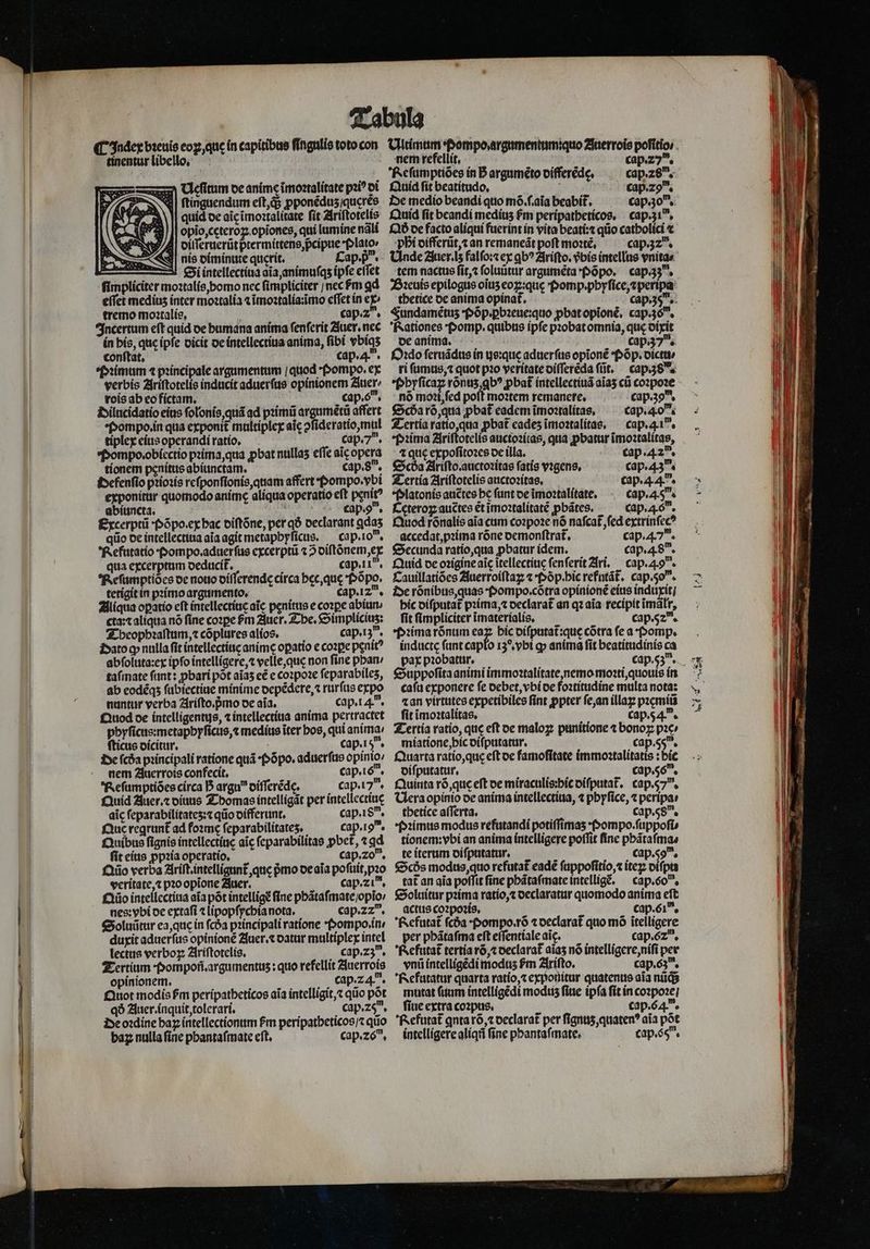 — tinentur libello. Ueſitum de anime ĩmoꝛtalitate pꝛiꝰ di l ftingaendum eft,ds ꝓponẽduz queres Al quid de aicimoztalitate fit Ariſtotelis 8/]| opio,ccteroz.opiones, qui lumine nãli diſſeruerũt ptermittens, pcipue Plato nis diminute querit. Cap. p. — Si intellectiua aia animuſqʒ ipfe eſſet fimpliciter moꝛtalis, homo nec fimpliciter / nec im qd effet medius inter moꝛtalia ⁊ ĩmoꝛtalia:ĩmo eſſet in ex- tremo moꝛtalis. N cap. 2 Incertum eft quid de humana anima ſenſerit Auer. nec in his, que ipfe dicit de intellectiua anima, ſibi vbiqʒ conſtat. cap. Pꝛimum 4 pꝛincipale argumentum / quod : Pompo. ex verbis Ariſtotelis inducit aduerfus opinionem Auer rois ab eo fictam. ö cap. s. Dilucidatio eius ſolonis, quã ad pꝛimũ argumẽtũ affert Pompo . in qua exponit᷑ multiplex aic ↄſideratio, mul tiplex eius operandi ratio. cap. 7 Pompo. obiectio pꝛima, qua ꝓbat nullas effe aĩe opera tionem penitus abiunctam. cap. 8. Sefenſio pꝛioꝛis reſponſionis, quam affert Pompo.vbi exponitur quomodo anime aliqua operatio eft penit? abiuncta. 1 9, Excerptũ · Põpo. ex hac diſtõne, per qð declarant ꝗdaʒ Refutatio Pompo.aduer ſus excerptũ ⁊ ↄ diſtõnem, ex qua excerptum deducit᷑. cap. II“. Reſumptides de noto diſſerendę circa bec,que Põpo. terigit in pꝛimo argumento. cap. zu. Aliqua opatio eft intellectiue aic penitus e coꝛꝑe abiur cta:⁊ aliqua nó fine cozpe &amp;m Auer. The. Simpliciuʒ: Theopbꝛaſtum, ⁊ cõplures alios. cap. 13 . Dato ꝙ nulla fit intellectiue anime opatío e coꝛꝑe penit? abſoluta:ex ipfo intelligere, ⁊ velle, que non fine phan / taſmate fant: ꝓbari pót aĩaʒ eẽ e coꝛpoꝛe feparabiles, ab eodẽqʒ ſubiectiue minime depẽdere, ⁊ rurſus expo nuntur verba Ariſto.pᷣmo de aia. cap.1 4. Quod de intelligentus, ⁊ intellectiua anima pertractet phyſicus:metaphyſicus, ⁊ medius iter bos, qui anima / ſticus dicitur. N cap. 190 De ſcda pꝛincipali ratione quá · Põpo.aduerſus opinto: nem Auerrois confecit, Ccap.tó, Reſumptiòes circa D argu diſſerẽde. cap. i). Quid Auer. ⁊ diuus Thomas intelligãt per intellectiue aic ſeparabilitateʒ:⁊ qũo differunt. cap. 18. Que regrunt᷑ ad forme ſeparabilitateʒ. cap. ig. Quibus fignis intellectiue aic ſeparabilitas pbet, «qd fit eius ꝓpꝛia operatio, cap.zo, Qũo verba Ariſt.intelligunt᷑, que pmo de aia poſuit, pꝛo veritate, ⁊ pio opione Auer. cap. z ix. Qũo intellectiua aĩa põt intelligẽ fine phãtaſmate / opĩo / nes: ybi de extaſi ⁊ lipopſychia nota, cap. zz. Soluũtur ea, que in fcóa pꝛincipali ratione Pompo . in⸗ duyit aduerfus opinione Auer.⁊ datur multiplex intel lectus verbo Ariſtotelis. cap. 23“. Tertium Pompoñ.argumentuʒ: quo refellit Auerrois opinionem. cap. 24 Quot modis fm peripatheticos aia intelligit, quo pot qð 2luer.ínquit,tolerarí. cap. 20 De oꝛdine bay intellectionum fm peripatheticos / ⁊ quo baz nulla fine phantaſmate cft, cap.zó, nem refellit, cap. 27. Reſumptiões in ; argumẽto differẽde, cap. 28 . Quid ſit beatitudo. a cap. 29. De medio beandi quo mõ.ſ.aĩa beabit᷑. cap. 30. Quid fit beandi medius fm peripatheticos. cap. zi“. Qð de facto aliqui fuerint in vita beati:⁊ quo catbolici t phͤi differũt, ⁊ an remaneãt poft moꝛtẽ. cap. 32 tem nactus ſit, ⁊ ſoluũtur argumẽta Põpo. cap. 33 Bꝛeuis epilogus oĩuʒ eoꝝ:quę Pomp. phyſice, ⁊peripa thetice de anima opinat᷑. cap. 355 Rationes Pomp. quibus ipfe pꝛobat omnia, quc dixit de anima. R cap. 37, Oꝛdo ſeruãdus in ujs:quę aduerſus opioné Põp.dictu / ri ſumus, ⁊ quot pꝛo veritate diſſerẽda (üt. cap.38 . Pbyſicaꝝ rónus, qb? ꝓbat᷑ intellectiuã aĩaʒ cũ coꝛpoꝛe nõ moꝛi, ſed poſt moꝛtem remanere. cap. 3om. Scda rõ, qua ꝓbat᷑ eadem ĩmoꝛtalitaͤs, cap. 40 *. Tertia ratio, qua pbat cades imostalitas, cap. 41. Pꝛima Ziriffotelis auctoꝛitas, qua ꝓbatur ĩmoꝛtalitas, ⁊ quc expoſitoꝛes de illa, cap. 42. Scda Ariſto.auctoꝛitas ſatis vꝛgens. cap. 435. Tertia Ariſtotelis auctoꝛitas. cap. 4 4. Platonis auẽtes he funt de ĩmoꝛtalitate. cap. 4.5. Cæteroꝝ auẽtes et ĩmoꝛtalitatẽ ꝓbãtes. cap. 6. Quod rónalís aia cum coꝛpoꝛe nó naſcat᷑, ſed extrinſecꝰ Secunda ratio, qua ꝓbatur idem. cap. 4.8. Quid de oꝛigine aic itellectític ſenſerit Ari. cap. 49. Cauillatiões Auerroiſtaꝝ ⁊ · Pòp. hic refntãt᷑. cap. 500. De rõnibus, quas Pompo . cõtra opinionẽ eius induxit / bic diſputat᷑ pꝛima, ⁊ declarat᷑ an qꝛ aia recipit imalr, ſit ſimpliciter ĩmaterialis. cap. 52. Pꝛima rõnum caz bic diſputat᷑:que cõtra fe a Pomp. inducte funt caplo 137, vbi ꝙ anima fit beatitudinis ca pax pꝛobatur. Suppoſita animi immoꝛtalitate, nemo moꝛti, quouis in caſu exponere ſe debet, vbi de foꝛtitudine multa nota: ⁊ an virtutes expetibiles fint ꝓpter ſe, an illaꝝ pꝛemiũ ſit ĩmoꝛtalitas. cap. 54. Tertia ratio, que eft de malo punitione ⁊ bonoz pꝛe⸗ miatione, bic diſputatur. cap. 55 Quarta ratio, que eft de famoſitate immoꝛtalitatis: bic diſputatur. cap. 56. Quinta rõ, que eſt de miraculis:hic diſputat᷑. cap. 57. Uera opinio de anima intellectiua, ⁊ phyſice, ⁊ peripa⸗ thetice aſſerta. cap. 58 . imus modus refutandi potiſſimaʒ Pompo.ſuppoſi⸗ tionem:vbi an anima íntelligere poffit fine phãtaſma⸗ te iterum diſputatur. cap.s9, Scõs modus, quo refutat᷑ eadé ſuppoſitio, ⁊ iteꝝ diſpu tat an aia poffit fine phãtaſmate intelligè. cap. so. Soluitur pꝛima ratío,t oeclaratur quomodo anima eft actus coꝛpoꝛis. cap. 61. Refutat᷑ fcóa · Pompo.rõ ⁊ declarat᷑ quo mõ ĩtelligere per phãtaſma eft eſſentiale aic. cap. 62. Refutat᷑ tertia rõ, ⁊ declarat᷑ aĩaʒ nó intelligere, niſi per vnũ intelligẽdi moduʒ fm Ariſto. cap.6z . Refutatur quarta ratio, ⁊ exponitur quatenus aia nũqᷓ; mutat ſuum intelligẽdi moduz ſiue ipſa ſit in coꝛpoꝛe / ſiue extra coꝛpus. tap.6 4. Refutat᷑ ꝗnta rõ, ⁊ oeclarat per ſignuʒ, quatenꝰ aia põt intelligere aliqñ ſine pbantafmate. cap. 65