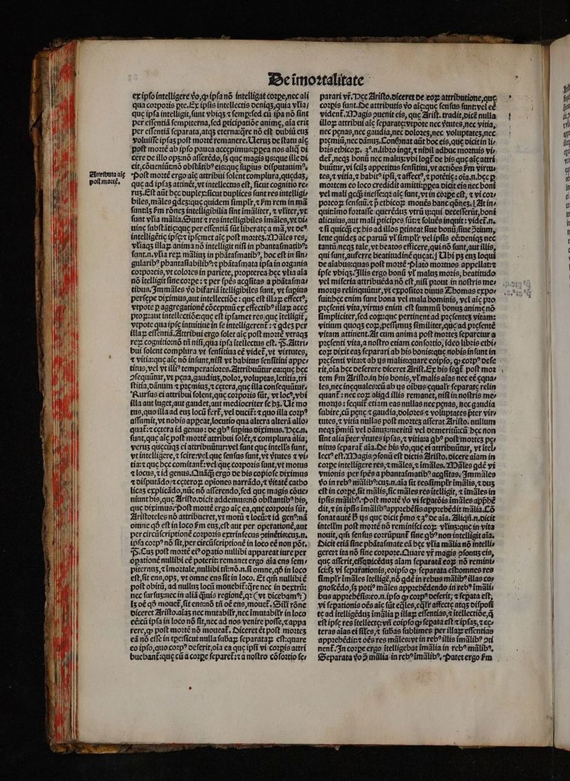 n — 3 » ex ipſo intelligere vo,cp ipſa nõ intelligat coꝛꝑe nec ali qua coꝛpoꝛis pte, Ex ipſis intellectis deniqʒ, quia ylia / quc ipſa intelligit, ſunt vbiqʒ ⁊ femp:fed cii tpa nó ſint per eſſentiã ſempiterna, ſed ꝑticipatiõe anime, aia erit per eſſentiã ſeparata, atqʒ eterna:qᷓre nó eft dubiũ eus voluiſſe ipfas poft mozte remanere, Ueruz de ftatu aic poft moꝛtẽ ab ipfo pauca accępimus:ꝑꝑea nos alid di cere de illo ops:nó aflerédo,f5 quc magie ijs:que ílle di cit, cõueniũt:nõ obſtãtibꝰ eis:quę ſuꝑius diſputauimꝰ. Poſt moꝛtẽ ergo ai attribui folent complura, quedaʒ, qucad ipfas attinẽt, vt intellectus eft, ſicut cognitio re⸗ rus. Eſt aũt hec duplex:ſicut duplices fant res intelligi biles, mãles ꝗdeʒ:que quidem fimplt,t Pm rem in mã fantils hm rõnez intelligibilia ſint ĩmãliter, ⁊ vliter, vt funt vlia mãlia. Sunt 4 res intelligibiles ĩmãles, vt di⸗ tiinc ſubſtãtie:que per eſſentiã ſũt liberatęa mã, vt deꝰ intelligetic ipfc ipfemet aic poft moꝛteʒ. Mãles res, vliaqʒ illaꝝ anima nõ intelligit nifi in phantaſmatibꝰ: ſunt.n.vlia rez mãliuʒ in phãtaſmatibꝰ, boc eft in fin? gularibꝰ phantaſiabilibꝰ:⁊ phãtaſmata tpfa in oꝛganis coꝛpoꝛeis, vt coloꝛes in pariete, pꝛopterea hec vlia aĩa nó ĩtelligit ſine coꝛꝑe: ⁊ per fpes acgſitas a phãtaſma / tibus. Immãles o bifariã ĩtelligibiles ſunt, vt ſuꝑius perſepe diximus, aut íntellectíóe : que eft illaꝝ effectꝰ, vtpote p aggregatione cõceptuũ ex effectibꝰ illaꝝ acce ptoꝝꝑ:aut intellectiõe:que eft ipſamet res / que ĩtelligit, vtpote qua ipſe intuitiue in fe intelligerent᷑:⁊ ꝗdeʒ per illaꝝ eſſentiã.Attribui ergo folet aic poft moꝛiẽ vtraqʒ req cognitio:nõ tii niſi, qua ipfa itellectus eft. . Attri⸗ bui folent complura vt ſenſitiua eẽ videt᷑, vt virtutes, t vitia:que aĩc nó inſunt, niſi vt habitus ſenſitini appe: titus, vel vt illi? temperatioꝛes.Attribuũtur ea:quę bec ↄſequũtur, vt pena, gaudiuʒ, doloꝛ, voluptas, letitia, tri ſtitia, dãnum ⁊ pꝛęmiuzʒ, ⁊ cętera, que illa conſequũtur. Rur ſus ei attribui ſolent, que coꝛpoꝛis ſũt, vt locꝰ, vbi illa aut luget, aut gaudet, aut mediocriter fe hʒ. Ut mo tus, quo illa ad eus locũ fert᷑, vel ducit᷑:⁊ quo illa coꝛpꝰ aſſumit, vt nobis apꝑeat, locutio qua altera alterã allo quat:ccetera id genus: de qb? ſuꝑius diximus. ec. n. ſunt, que aic poſt moꝛtẽ attribui ſolẽt, ⁊ complura alia, verus quecũqʒ ei attribuũtur:vel fant que intells funt, vt intelligere, ⁊ ſcire wel que ſenſus ſunt, vt vtutes ⁊ vis tia:⁊ que bcc comitant᷑:vel que coꝛpoꝛis ſunt, vt motus ⁊ locus, ⁊ id genus. Quãq; ergo de bis copiofe diximus ⁊ diſputãdoſ⁊ ceteroꝝ opiones narrãdo, ⁊ vitatẽ catho licaʒ explicãdo, nũc nó aſſerendo, ſed quc magis cõue / niunt bis, que Ariſto.dicit addemus:nõ obftantib? his, que diximus : Poſt moꝛtẽ ergo aic ea, quę coꝛpoꝛis für, Ariſtoteles nõ attribneret, vt motũ ⁊ locu:⁊ id genꝰ:nã omne qð eſt in loco ſᷣm euʒ, eſt aut per operationẽ, aut per circũſcriptionẽ coꝛpoꝛis extrinſecus ↄtinẽtis:ciʒ.n. P. Cuz poft moꝛtẽ ei? oꝑatio nullibi appareat iure per opationẽ nullibi eẽ poterit: remanet ergo aĩa ens fem piternuʒ, ⁊ ĩmoꝛtale, nullibi tñ:nõ. n. ſi omne, qð in loco eſt, ſit ens, opz, vt omne ens ſit in loco. Et qm̃ nullibi ẽ poft obitũ, ad nulluʒ locũ mouebit᷑:qre nec in dextrũ: nec ſurſuz:nec in aliã q;uis region, qꝛ (vt dicebamꝰ:) [s oẽ qð mouet᷑, ſit ens:nõ tñ oẽ ens, mouet, Sili rone diceret Ariſto.aĩaʒ nec mutabilr, nec imutabilt in loco cé:cü ipfa in loco nó ſit, nec ad nos venire poſſe, ⁊ appa rere, ꝙ poft moꝛtẽ nó moueat. Diceret ét poft moꝛteʒ eã nó effe in tꝑe:ſicut nulla ſubaꝝ ſeparataꝝ eſt:quare eo ipſo, quo coꝛpꝰ deſerit, oĩa ea quc ipſi vi coꝛꝑis attrí buebant᷑:quę cii a coꝛꝑe ſeparet᷑:⁊a noftro cófoatío fer parari vr Pęc Ariſto. diceret de eo» attributione, quę coꝛꝑis ſunt. Oe attributis vo aicque ſenſus ſunt: vel cé vident᷑. Magis ↄuenit eis, que Ariſt.tradit, dicẽ nulla illoz attribui aic feparatevtpote nec vᷣtutes, nec vitia, pꝛemiũ, nec dãnuʒ. Cononat aũt boc eis, que dicit in li bꝛis ethicoꝝ. 30. n. libꝛo ingt, ⁊ nibil adbuc moꝛtuis vi». det᷑, neqʒ bonũ nec maluʒ:vbi logt de his qucaicattri buũtur, vi fcil5 appetitus ſenſitiui, vt actides Pm virtu · tes, ⁊ vitia,⁊ habitꝰ ipfi, caffect?,« potẽtię: oĩa.n.hec p moꝛtem eo loco credidit amitti:ꝑꝑea dicit eis nec boni vel mali ꝗcq; ineſſe:qꝛ aic ſunt, vt in coꝛꝑe eft, ⁊ vi coz: poꝛeoꝝ ſenſuũ.⁊ p etbicoꝑ mouẽs hanc qõneʒ.¶ At in quit:ĩmo foꝛtaſſe querẽduʒ vtrũ ij:qui deceſſerũt, boni alicuius, aut mali ꝑticipes ſũt:⁊ ſoluẽs inquit: videt᷑ n. ⁊ ſi quicqᷓ; ex bis ad illos ꝑtineat ſiue bonũ ſiue ↄꝛium, leue quideʒ ac paruũ vl ſimplr vel ipſis eẽ:deniqʒ nec tantũ / neqʒ tale, vt beatos efficere, qui nõ ſunt, aut illis, qui ſunt, auferre beatítudiné quęat.] Ubi pʒ eus loqui de aĩabus:quas poft moꝛtẽ ꝓlato moꝛtuos appellat:⁊ ipfe vbiqʒ. Illis ergo bonũ vl maluʒ moꝛis, beatitudo vel miſeria attribuẽda nó eft nifi pꝛout in noftris mes / moꝛus relinquũtur, vt expoſitoꝛ diuus Thomas expor ſuit:hec enim fant bona vel mala hominis, vel aic pꝛo pꝛeſenti vita, virtus enim eft ſummũ bonus anime nõ ſimpliciter, ſed eoꝝ:que pertinent ad pꝛeſenteʒ vitam: vitium quoqs eoꝝ, peſſimuz ſimiliter, que ad pꝛeſentẽ vitam attinent. At cum anima poft moꝛteʒ ſeparetur a pꝛeſenti vita, a noftro etiam conſoꝛtio, ideo libꝛis ethi⸗ C02: dixit eaʒ ſeparari ab his bonis:qtie nobis ínfünt in pꝛeſenti vita:⁊ ab ys malis:quare eoipſo, ꝙ coꝛpꝰ deſe rit, oĩa hec deſerere diceret Ariſt. Ex bis ſegt᷑ polt moꝛ tem fm Ariſto.in his bonis, vł malis aĩas nec eẽ cqtiae les, nec ingquales:cũ ab ys oibus equali feparate relin quant : nec coz: alíad íllis remanet, nifi in noftris me: moꝛus: fequít etiam eas nullae nec penas, nec gaudia ſubire, cũ penę ⁊ gaudia, doloꝛes ⁊ voluptates pter vir. tutes, ⁊ vitia nullas poft moꝛtez afferat Ariſto.nullum neqʒ pᷣmiũ vel dãnuʒ:meritũ vel demeritũ:cũ bec non ſint alia p̃ter tutes ipſas, ⁊ vitia:a qb? poſt moꝛteʒ per nitus ſeparat᷑ aĩa. De his vᷣo, que ei attribuũtur, vt ĩtel⸗ lect? eſt. Magis ↄſonũ eft dictis Ariſto.dicere aiam in coꝛꝑe intelligere res, ⁊ mãles, ⁊ ĩimãles. Mãles qdé vi vnionis per ſpẽs a phantaſmatibꝰ acꝗſitas. Immãles vo in rebꝰ mãlibꝰ:cuʒ . n. aĩa fit res ſimplr ĩmãlis, ⁊ ous eit in coꝛꝑpe, ſit mãlis, ſic mãles res ĩtelligit, ⁊ ĩmãles in ipfís mãlibꝰ. Poſt moꝛtẽ vo vi ſepatõis ĩmãles appᷣhẽ dit, ⁊ in ipfis ĩmãlibꝰappꝛehèſis appꝛehẽdit mãlia.Cõ fonatauté D us quc dicit pᷣmo ⁊ 3 de aia, Aliqñ.n.dicit intellm poft moꝛtẽ nõ reminiſci eoꝝ vliuʒ:que in vita nouit, qm̃ ſenſus coꝛrũpunt᷑ ſine ꝗbꝰ non intelligit aia. Dicit etiã fine phãtaſmate eã bec vłia mãlia nó intelli gere ita nõ fine coꝛpoꝛe.Quare yr magis ↄſonnz eis, quc aſſerit, eſſanicẽduʒ aiam ſeparatã eoꝝ nó remini» : fci:f5 vi ſepafationis, eoipſo ꝙ feparata eſt:omnes res ſimplr ĩmãles itelligẽ, nó ꝗdẽ inrebus mãlibꝰ illas co» gnoſcẽdo, ſʒ poti? mãles appꝛehẽdendo in reb? ĩmãli· bus appꝛehẽſis:eo.n. ipſo a» coꝛpꝰ deſerit, fepata eft, vi ſepationis oẽs aic ſũt edles, eqlr affecte atas diſpoſi te ad ĩtelligeduʒ imália p illaꝝ eiſentias, ⁊ ĩtellectide, q eſt ipfc res ĩtellectę:vñ eoípfog»fepata eft ⁊ ipſaʒ, ⁊ cc» teras aĩas ei files,« ſubas ſublimes per illaꝑ eſſentias appꝛehẽdit:⁊ oẽs res mãles:vt in reb? illis imálib? tí nent᷑. In coꝛꝑe ergo itelligebat ĩmãlia in rebꝰ mãlibꝰ. Separata vo mãlia in rebꝰ ĩmãlibꝰ. Patet ergo £m —— — —