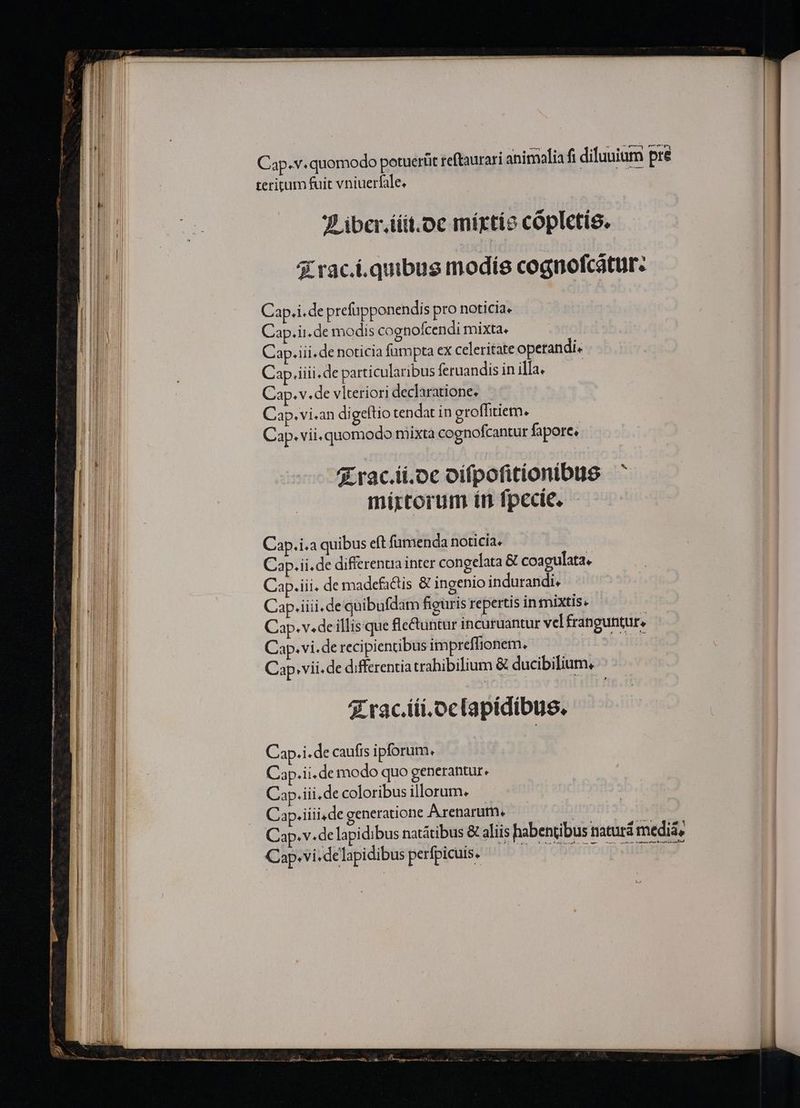 Nr a ENIRO ui — DE Lm LM — Cap.v. quomodo potuerüt reftaurari animalia fi diluuium pre terigum fuit vniuerfale, 'J iber.iiit.oc mírtio cópletis. 4 rac.í.quibus modís cognofcátur: Cap.i.de prefupponendi s pro noticia. |] Cap.ii.de modis cognofcendi mixta. E Cap. iii. de noticia fumpta ex celeritate operandi. | Cap iii. de particularibus feruandis in illa. Cap.v.de vlteriori declaratione. Cap. vi.an digeftio tendat in groffitiem. Cap. vii.quomodo mixta cognofcantur fapore. 7 rac.ii.oc oifpofitionibus ^ mirtorum ín fpecie, Cap.i.a quibus eft fumenda noticia. Cap.ii.de differentia inter congelata &amp; coagulata. Cap.iii. de madefactis &amp; ingenio indurandi. Cap. iiii.de quibufdam figuris repertis in mixtis. Cap. v. de illis que fle&amp;untur incuruantur vel franguntur, Cap.vi.de recipientibus impreffionem. »b. iHd. Cap»vii.de differentia trahibilium &amp; ducibilium, 4 rac.iii.oclapidibus. Cap.i.de caufis ipforum. Cap.ii.de modo quo generantur. Cap.iii.de coloribus illorum. Cap.iiii,de generatione Arenarum. | Cap.v.de lapidibus natátibus &amp; aliis habentibus tiaturá mediàs Cap.vi. delapidibus perfpicuis. fica cbortoupstllteilul