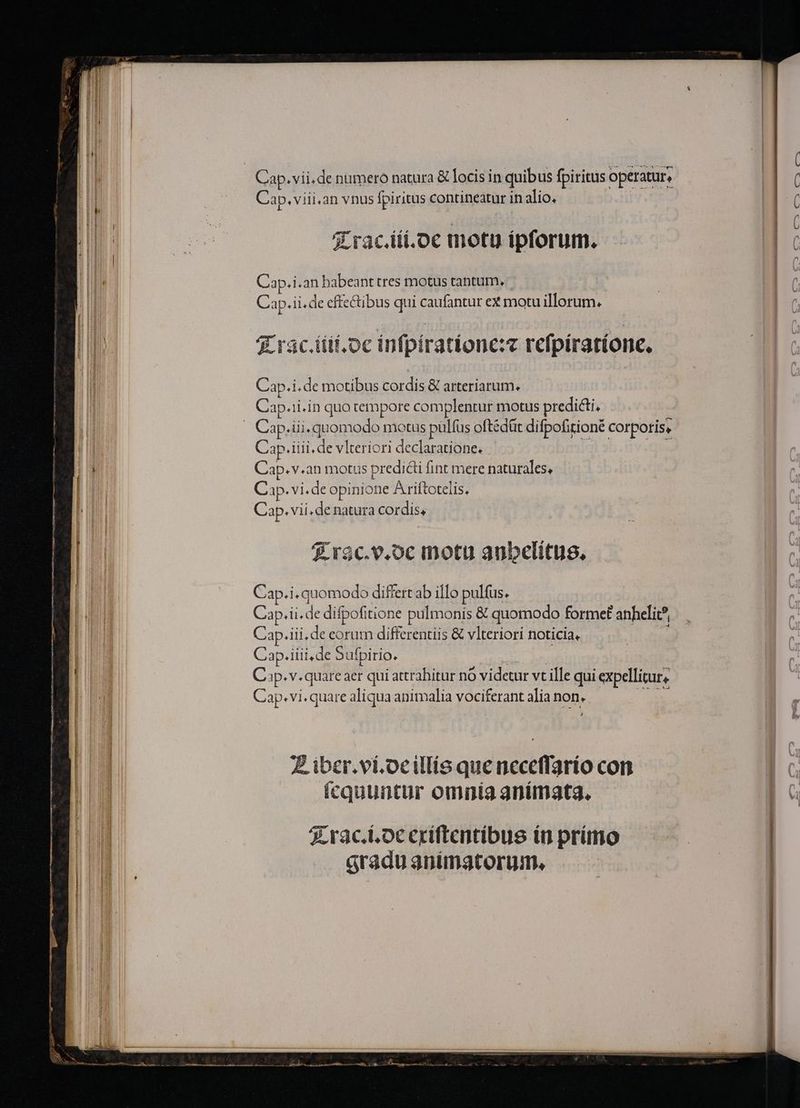 l——————— Á— HÀ ————— m IP RIED RM ECOL IUE CIRCE DEED ————— Cap. vii, de numero natura &amp; locis in quibus fpiritus operatur; Cap. viii.an vnus fpiritus contineatur in alio. Z.rac.iít.oc motu ipforum. Hc Cap.i.an habeant tres motus tantum, | dr Cap.ii.de effectibus qui caufantur ex motu illorum. T rac.iüif.oc infpiratione:e refpiratíone, 1 | Cap.i.de motibus cordis &amp; arteriarum. Cap.ii.in quo tempore complentur motus predicti, Cap. iiii. de vlteriori declaratione. Cap.v.an motus predicti fint mere naturales, Cap. vi. de opinione Ariftotelis, Cap. vii,de natura cordis, $2 r$5c.v.o0c motu anbelitus. Cap.i. quomodo difrert ab il]o pulus, Cap.ii. de difpofitione pulmonis &amp; quomodo forme£ anhelit?, Cap. iii, de eorum differentiis &amp; vlteriori noticia, S Cap.iiii,de Sufpirio. | Cap.v.quare aer qui attrahitur nó videtur vt ille qui expellitur, Cap. vi. quare aliqua animalia vociferant alia non. | n , £ iber.vi.ocillís que neceffarío con ícquuntur omnia anímatg. Xrac.t.oc eriftentíbus in primo gradu animatorum.
