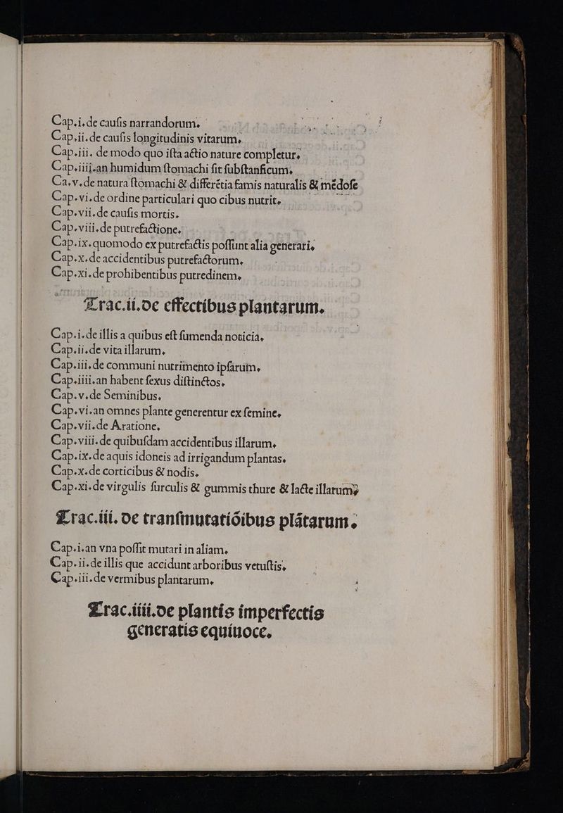 ———((—— ——R à — Cap. i. de caufis narrandorum, Cap.iii, de modo quo ifta actio nature completur, Cap.iiij.an humidum ftomachi fit fübftanficum. | Ca, v. de natura ftomachi &amp; differétia famis naturalis &amp; médofe Cap. vi.de ordine particulari quo cibus nutrit, ! : Cap. vii.de caufis mortis. Cap.viii.de putrefa&amp;tione, Caap.ix. quomodo ex putrefa&amp;tis poffunt alia generari, Cap.x. de accidentibus putrefactorum, Cap.xi. de prohibentibus putredinem, 4'rac.ií.oc effectibus plantarum. Cap.i.de illis a quibus eft fuimenda noticia, Cap.ii.de vita illarum. | Cap.iii.de communi nutrimento ipfarum, Cap.iiii.an habent fexus diftin&amp;os, Cap. v.de Seminibus. Cap.vi.an omnes plante generentur ex femine, Cap.vii.de Aratione, Cap.viii.de quibufdam accidentibus illarum. Cap.x.de corticibus &amp; nodis. Cap.xi.de virgulis fürculis &amp; gummis thure &amp; lacte illarum £ rac.iii. oc tranfimutatióibus plátarum. Cap.i.an vna poffit mutari in aliam. Cap. ii. de illis que accidunt arboribus vetuftis, ; Cap.iii.de vermibus plantarum, ; Z.rac.iiii.oe plantís imperfectís generatis equítnoce,