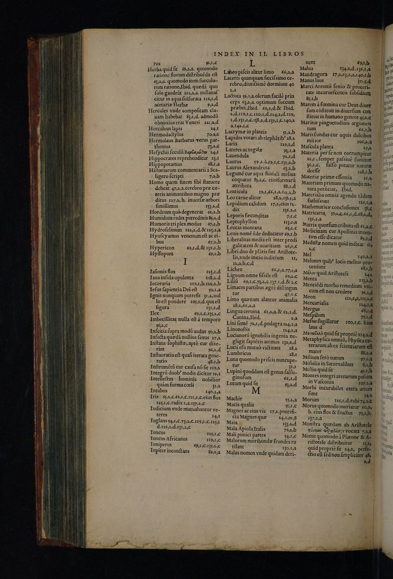 Le mmm... ! INDEX IN II LIBROS m uent €9,t,b L] in € I: ev. yel rus $61 Mal n4» D : ialua 34»25d .136,1,à C MIET : . quomodo NONEM Idus Herba quis f ; Nye dae; Labeo pifcis aliurlimo — 662. M, dragorà 17356):,2,401)0 » nig MEUS itemfurculo- Lacer quanquam f ccifsimo C€- Manus laus LET m 62a tnn Ibid. quzdá quo rebro,diutifsime dormiunt 40 — arci Antonii fenio &amp; proceri- pis Ja xd EA. A M VIR dou AY t. tate incuruefcentis fubfidium — | Y  folo gaudeát 111,2,2. d La&amp;uca $6 12.olerum facilé prin 8b [ citur in aqua fulfurata 116,1, ; fec : mes Ti d €€*PS 65:252. optimum ., MaremáafoeminacurDeusdiueg — | 7 acetariz Herb 9525 b Ibid. &amp; d.&amp; Ibid A pLYREIj 2 Nt Imo. la- przebetubid. 69,1,d. : fum cóftituitindiuerfum con — | * Hercules vnde compofitam cla d d V EN dy ; | fmt n habebat 8j1d. admodü MIB UD TU010 Esdpes to 129 fituitinhumanogenere4ss,c — |  uam hà xd. d 1,d.131,1,C.138,2,d.139,1,€.140;2 Marine pinguctudinis argumen n í obnoxiuserat Veneri 121,2 4.14241, Neu cci ie p ileus lapis 24 ; : ; xim 1 2:27 B oro t Heruseus top c Lacrymaein plantis Sob — Maris funduscur aquis dulcibus | ^. Hermodactylus ane Lapides votari ab elephátib? 28,2 mitiot 106,52 Bona Hermolaus Barbarus verus. par- Laix NR mund iPad a: zl - fheni 23€ ,  fhenius ^s P * — Lateres actegulz 93,14 f r ui fychii feculü BagCapó3$y 214.1 Materia per íenon corrumpitur 'epf Helychnicculu Bopuatpo 2, Lauendula 72d f (sini 6 P puer reprehenditur 23.1 21,1 lemper paísiué fumitur | d ERPEQURCE SEP cia Laurus $916 69,r,C. 135,2) b 36.rc. falfo putatur nature | 7 Hippopotamus x E fiin Laurus Alexandrina 611)b dieit nirb | s 1 ZU - D. as n , n^ Hiltoriarum commentarii à S Legumé cur aqua fluuiali melius EU » bi 1 fcripti 735b ; . Materix prime effentia 16,5 igeroacup tipi go coquatur $5,1,C. eiusformarü : : m Homo quem finem fibi ftatuere T : 28.1.d Materiam primam quomodo na» duet debeat 47,5,a.cerebro prz cz- sonde NoSpO Hn turaperficiat, Ibid. pn^ terisanimantibus magno prz TRE : T dean n 202^ Materialiaomnia agendo tádem ditus 127,:,b. inuerze arbori L€9 raa m ) 20 fathifcunt 19,54 | ji fimillimus dex Len ium calidum | 17,2, NS is Mathematice conclufiones 48€... s b 1X E - r bus 651b ^ ie : &amp; sd p. Medullz nomen quidindicat 6r, b. Héeriton 69,1,d.&amp; 13541,b ga itatem auaritiam E DE 2,C 0 s E Libri dno de plátis fint Ariftote- Mel | RUOTUT | Hyffopum ien lisevndeiniioiudicium — rr r : : EL — Nm I : ^ Melones quib? locis melius pro» ve Li Td Mr b. ueniunt 685b [ R. n 1,3.7554 .4/ OD : tun TIafionis flos 123,1,d doxes M US «f A ed Moos quid Ariftoteli MA ai nta 118,2,d D. x ^ Menta d2u5359.. 2 gos odes b Liliü | 69,1,C.73,:2,.137.1,d.&amp; ,c 3» ^m Iefus fapientia Dei eft $0,1,a figura I31,1,d Ilex 69,1,C4135,2,C imbecillitas nulla eft à tempore $652,C Inícitia fupra modü audax $o,:,b Infecta quedá nullius fexus. 27,2 Inítans fophiftz, apté cur dixe- rint 96,2,d Inftauratio eft quafi iterata gene- tatio 48,r,b Inftrumétü cur caufa nó fit 119,» Integrü duob modis dicitur 19,1 Antelle&amp;us -.. hominis | nobilior quàm forma cceli [1e Intubus 140,2, Iris. 65,2,C.69,1,C.111,1,C.eius flos 125,1,C.radix 1,2.137,2,C i Iudicium vnde mutuabantur ve- teres 14,1 Tuglans $4:1,C.73525C. I19,I C. 12551 d.125,2,d. 131,2,c Iuncus I25,1,C Iuncus Africanus II9,1,C Iuniperus 69,1,C.135,2,C Iupiter inconítans 89,2,a Limaces partibus zgré diftingun tur 47€ Limo quaenam alantur animalia 28,2,66,2,a Linguaceruina 61,2,3.&amp; 62,1,d. Canina,Ibid. 2,a Lini femé 72,1,d. podagra r24,1a Linozoftis 124,12 Lucianori ignobilia ingenia ne- gligit fapiétisanimus 132,2,d Luciiefumutuó victitant ^28,» Lumbricus 28,1 Luna quomodo priícis nuncupe- tur 3Lf Lupini quoddam eft genus falfu- ginofum 66,1,d Lutum quid fit 33:2,d Machir $52,a Macis qualis $$,1,C Magnesaceiusvis 1r7,2pontifi- cia Magnes que 24,1,91,8 Maia 133:2,d Mala Apiola Italis 793b Mali punici partes $451,C Malorum moribund frondes ru tilant 130,L,a Malus nomen vnde quidam deri- Mentiédi morbo remedium vnis cum eft non credere 96,2,€ Meon 11252,3,115,2,€ ue Mercurialis I2441)d [. Mergus 68553 Mefpilum 751d Mefuefugillatur —reo;nc. Ei — ios laus d , M) Meraeoxii quid fit proprió 114:d.— Metaphyficaomniü,Phyficaege ^ 55. terarumabea fcientiarum ef&amp;— «i mater $8522 | Milium feró natum t COND Mifsilia in Saturnalibus LI ON Miítio quid fit L0 P Montes integriarenarum pafsim | taller in Vafconia dORLA | Morbi incurabiles. extra artem funt 27 MM Morum 125,1,d.fubi74jC | Morus quomodo moriatur 66,2, | b. eius flos &amp; fructus je d 1375,21.  T Monítra quzdam ab Ariflotle — ^ tÜctor I^ Bicig vocata 7,58 m MotusquomodoiPlatone &amp; Á- |  riftotele diftribuitur 1515 Um quidpropribft z4», perfe» | | Wh étio cit fednonfimpliciter 48, ^ ^ 2d