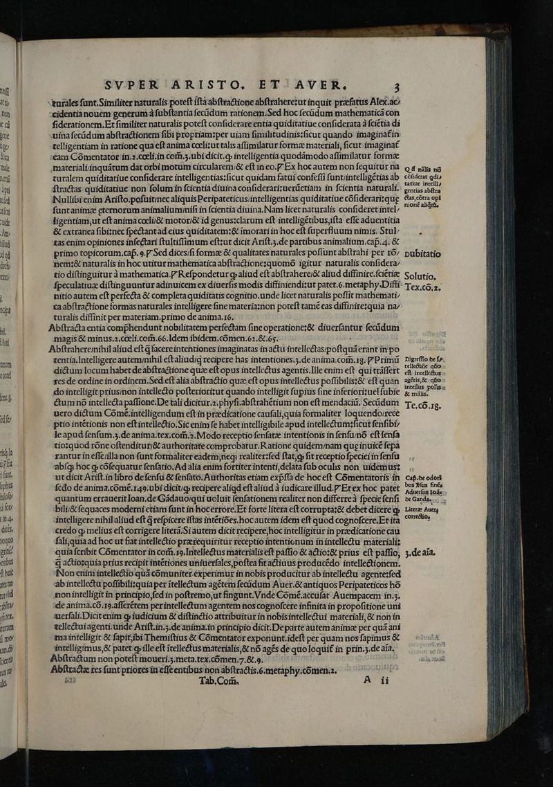 Mtf tty Don t al tne N v / Via Te età Apt ftd itfcr ide T illod dod dtu Tinrj M ÓÁ—ÀÁ—— SVPER ARISTO. ET AVER. 3 -iurales funt; Similiter naturalis poteft iftàabftractione abftrahere?ut inquit praefatus Alex.ac/ cidentianouem generum à fubftantia fecidum rationem.Sed hoc fecüdum mathematicá con fiderationem.Et fimiliter naturalis poteft confiderare entia quiditatiue confiderata à fciétia di uina fecádum abftractionem fibi propriam:per uiam fimilitudinis:ficut quando imaginatin: telligentiam in ratione qua eft anima ccelizut talis affimilatur formae materiali, ficut imaginat éam Cómentator in.2.cceli.in corm.5. ubi dicit.cy intelligentia quodámodo affimilatur formae materialiinquátum dat orbi motum circularem/& eft in eo.P Ex hoc autem non fequitur na turalem quiditatiue confiderare intelligentias:ficut quidam fatui confefíi funtiintelligétias ab INullibi enim Arifto.pofuitinec aliquis Peripateticus/intelligentias quiditatiue cofiderari:qug funtanimze eternorum animaliumrnifi in fcientia diuina. Nam licet naturalis confideret intel ligentiam;ut eft anima coelii& motori& id genus:clarum eft intelligétibusjifta effe aduentitia & extranea fibi:nec fpectantad eius quiditatem:& imorari in hoc eft fuperfluum nimis. StuL tas enim opiniones infectari ftultiffimum eft:ut dicit Arift.3.de partibus animalium.cap. 4. & primo topicorum.caf. o. Sed dices/fi formae & qualitates naturales poflunt abftrahi per ró/ nem:& naturalis in hoc utitur mathematica abftradtionezquomó igitur naturalis confidera tio diítinguitur à mathematica.P R efpondetur g» aliud eft abftraherei& aliud diffinire.fciétiee nitio autem eft perfecta & completaquiditatis cognitio.unde licet naturalis poffit mathemati: ca abftractione formas naturales intelligere fine materiaznon poteft tamé eas diffiniretquia na turalis diffinit per materiam.primo de anima.r6. Abítracta entia comphendunt nobilitatem perfectam fine operatione:z& diuerfantur fecidum magis & minus.2.cceli.com.66.Idem ibidem.coómen.62.&.65. Abftrahereinihil aliud eft q facere intentiones imaginatas in actu intellectasipoftquá erant in po tentia.Intelligere auteminihil eftaliudig recipere has intentiones.5.de anima.corn.1g. Primi dictum locum habet deabftra&tione qua eft opus intellectus agentis.Ille enim eft qui cráffert res de ordine in ordinem.Sed eft alia abftractio quae eft opus intellectus pofiibilisz& eft quan do intelligit prius/non intelledo pofteriorizut quando intelligit fapius fine inferiorituel fubie &umnó intellecta paffione.De tali dicitur.:. phyfi.abftrahétium non eft mendacii. Secídum uero ditum Cómé intelligendum eft in praedicatione caufali quia formaliter lóquendoirece ptio intétionis non eft intelle&tio.Sic enim fe habet intelligibile apud intelledum:ficut fenfibi/ leapud fenfum.5.de anima.tex.com.». Modo receptio fenfatze intentionis in fenfu/no eft fenfa tiotquod róne oftendituri& authoritate comprobatur.Ratione quidem/nam que inuicé fepa rantur inefferillanon funt formaliter eadem;neq; realiter:fed ftat,cy fit receptio fpeciei in fenfu abíg hoc g cófequatur fenfatio. Ad alia enim fortiter intenti,delata fub ocuhs non uidemus: ut dicit Arift.in libro defenfu & fenfato; Authoritas etiam expfíà de hoc eft Cómentatoris in fícdo de anima.comé.14o.ubi dicitig recipere aligd eftaliud à iudicare illud.P Et ex hoc patet quantum errauerit loan.deGádauoiqüi uoluit fenfationem realiter non differre3 fpecie fenfi bilii& fequaces moderni etiam funt in hocerrore.Et forte litera eft corruptat& debet dicere qp intelligere nihil aliud eft q refpicere iftas intétioes.hoc autem idem eft quod cognofcere. Et ita credo g; melius eft corrigere literá.Siautem dicit recipere,hoc intelligitur in przedicatione cau faliquia ad hoc ut fiat intellectio praefequiritur receptio intentionum in intellectu materializ & adiotquia príus recipit intétiones uniuerfales poftea fit actinus producédo intellectionem. INon enim intellectio quá comuniter éxperimur in nobis producitur áb intellectu agente:fed 'ab intellectu poffibilixquia per itelle£ctum agétem fecüdum Auer.& antiquos Peripateticos ho nonintelligit in principio,fed in poftremo;ut fingunt. Vnde Cómé.accüfat Auempacem in.5. de anima.có.ro.afferétem per intellectum agentem nos cognofcere infinita in propofitione uni uerfali.Dicitenim cg» iudicium & diftinctio attribuitur in nobis intelle&tui materiali, & non in telle&uiagenti:unde Arift.in.5.de anima.in principio dicit.Departe autem animz per quá ani maintelligit & fapiibi Themiftius & Comentator exponünt.ideft per quam nos fapimus & intelligimus,& patet cp ille eft itellectus materialis,& nó agés de quoloquit in prin.;.de aía, Abítractum non poteft moueri.5.meta.tex.cómen.7.8t.9. | Abftradta rcs funt priores ín effe entibus non abftradtis. 6. metaphy.cómen.a. SAC al 51! Tab,Com. A ii Q à nálís n3 cófiderat qdi4 tatitte intelli/ gentias abftra &as,cótra opi nion alidrü. pubitatio Solutio, Tex.coó.2, Digreffio 6e £7. telle&ice qüo eft intelle&us ^ agétis,& qiio - intellus polis: & müális. Te.co.1g. Cap.5e odori bus *(us fin£4 Adueríus Ioas be Ganda. . : ne Litete Auer4 correctio,