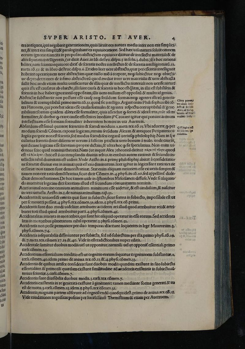 [ott JUS da, WS jn (tg Qa ite, Cpety tit rift pe qui ftatt/ yitio fisof irá enit cro qu t des idt! un titi y vti Yun, Td (part grain tus x fut NI lo. cotV/ (1 SVPER ARISTO. ET AVER. 4. ter,&amp; intcr ens fimpit;&amp; paralogizabant ex equiuocatione. Sed haec uifa natura foluitomnem eorum ignorantiamzita in propofito;abftra&amp;tum equiuoce dicitur de intellectu materiali &amp; de aliis feparatisintelligentiis (ut dicit Auer.in lib.deftru.difpu.s.in folu.5.dubii.) Et hoc rationa biliter,nam fcientia equiuoce dicit de fcientia noftri intellectus &amp; de fcientia intclligentiari.12. mceta.co.s1 &amp; in libro deftruc.difpu.6. Et ideo licet uere abftraciaquaz pereflentiá intelligunt habeant operationem uere abílractam/qua nullo mó à corpore, neg fubiectiue neg: obiecti/ ue dependet:tamen de infimo abftra&amp;torü quod mediat inter ucre matcrialía &amp; uereabftracta fallit hoc.unde etiam multa uerificantur de illis;jquze de intellectu materiali non uerificanturz quia ifte eft caufatus ab obiecto,illi funt caufa.&amp; fcientia in hoceftg]litas, in illis eft fübftátia.&amp; fcientia in hoc habet ignorantiá oppofitamyillis uero nullum eft oppofitü.&amp; multa id genus. Abftractz fubflantiz non poffunt efie caufe neg fecidum formasineg agentes iftorü genera bilium &amp; corruptibilid. primo meta.có.31.quod fic intelligo. Arguit enim Philofophus ibi có; tra Platonem,qui ponebat ideas efle caufas formales &amp; agentes. refpectu corruptibiliti &amp; gene; rabilium:formas quidem dtes efle formaliter, quia aflerebat qp fortes &amp; idea fortis,erát idem formaliter,&amp; dicebat g» erant caufz effectrices ímediate.p Caueant igitur qui ponunt animam intelle&amp;tiuam efle formam formaliter inherentem homini in uia Auerrois. Abfurdum eftfimul quzrere fcientiam &amp; fciendi modum.2.meta.tex.có. 15. Vbi aduerte,gy per modum fciendi Cómen.exponit logicam,etenim fecidum Alexan.&amp; antiquos Peripateticos/ logica proprie non eft fcientia, fed modus fciendi/feu organá utríufgs philofophig. Nam in fpe culatiua fcientia docet difcernere uerum à falfozin practicis uero bonum à malo. unde caucát, qui dicunt logicam efle fcientiam proprie dictam,&amp; ultra hoc g fit fpeculatiua. Non enim ui dentur fcire quid noministheorici. Nam (ut inquit Alex.)theoricá dicitur m&amp;e« r? toov. quod eft rá 6a àeov | hoc eft à contemplandis diuinis rebus.in entibus autem rationis &amp; fecundo in; tellectis nihil diuinitatis eft uidere. Vnde Arifto.in.6.primg philofophig abiicit à confideratioz ne fcientia diuinze ens inanima:quia eft ens diminutum.licet igitur in logica fiant rationes ne ceffarize; non tamen funt demonfítratiuz, Stat enim aliquam rationem effe ex ueris/femperi&amp; tamen non erit ratio demoftratiua ficut dicit Cómen.in.4.phyfi.in có.0.fed appellan£ dialez Cice demonftrationes.De hoc tamen uide in qftionibus Mifcellaneis diffufe, Vnde fi aliquan do inueniturlogicam dici fcientiam/illud eft fecundum cómunitatem nominis. Acarianimal nomineromnium animalium minimuni effe uidetur, &amp; eft candidum,&amp; nafcitur in cera uetufta. Arifto.in.s.de naturaaniímalium.cap.32. Accidentia;&amp; uniuerfalt omnia quz funt in fubiecto,ficut forma in fubiecto ,impoftibile eft ut per fe moueri pofíint.4 phyfi.tex.cómen.32.idem.s. jphyfi.tex.có. primi. Accidentis funt. duo modi uidelicet attribuere accidenti rei illud quod; attribuitur rei;&amp; attri bueretoti illud quod attribuitur parti.4. phyfi.cómen.as. Accidentalitas iriuenta in motoribus,qui funt hicaliquid operatur in effe eorum :Sed accidenta litasin motoribus planetarum nihil operatur. g.phyfi. comen. $2.: Accidentia non pofíe permanere per duo Rompora r dixe£unt loguentési in lege Maurorüm. : phyfi.ómen.74. Accidentia infeparabilia diffiniuntur per fübie£a, fcd nófubiectum per illa.primo phyfi.có.g. &amp;.7.meta.tex.comen.17.19.&amp;.,40. Vide in cótradictionibus nuper editis, Accidentale fumitur duobus modis/uel ut opponitur.naturali; ue] ut opponi efientiali. primo cceli.comen.14. Accidentium effentialium conditio eftiut cognitio eorum fequatar tcgnitiónem fi ubfiantie.: cceli.cómen.40.idem primo deanima.tex.có.1r.G 4. phyfi comen s... ;- Accidentia de quibus artifex confiderat funt duobus modisiquzedam: exiftunt in fita f ubiecto effentialiter.&amp; primo:&amp; quaedam exiftunt fimilitudine: ad accidéntia exiftentia in i fubiectoral terius fcientiae.5.coeli.cómen.7. Accidentia funt diuifibilia duobus modis. .codli, tex.cómen. 7 Accidentia exiftentia in re generata exiftunt à generante: tamen mediante forma generati.&amp; ita eft de motu..coeli.cómen.29.idem.s.phyfi.tex.£ómen.32. Accidentia;magnam partem cóferunt ad cognofcendá quodquideft.primo de anima.tex.cO.rr. Vide conditiones e pofitas per lucidifüimit Themiftiumi&amp; ctiam per Auerroem., : Cótra ponen) tcs aiam icel/ Je&amp;tiva- fecidá Aut, ec fo*as bàátem ec foi malitez bof - Q tf logica n fit (cía nec fpe culatiuae