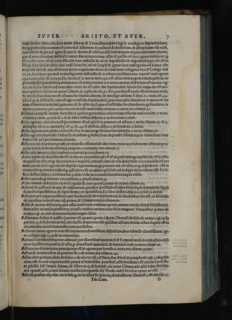 diii etitm docere idemzillud(ut notat Alexan.&amp; Themiftius)debet legi &amp; intelligi ex fuperabüdanti. ata qj gratia difputationis fi concedat actionem &amp; paffioné &amp; doctrinam &amp; difciplinam effe ead, non tamen fequeret agere &amp; pati/&amp; docere &amp; adifcere efie eadem:quia aliquid cónotant cócreta, quod non cónotant abftracta.tamen £m rei ueritatem actio &amp; pafíio no funt pprie eadem.ita cp ifta authoritas eft de méte Pbi abfolute adducta &amp; nó ex fupabüdáti &amp; difputatióis gra.Et eftin filiga licet albü &amp; dulce fint eadc fubiecto, nó tfi fimplIr &amp; jpprie funt eadé:qaalia eft forma albi inquátüalbi &amp; alia eft forma dulcis inquátum dulce.Et inde bene colligitur hoc.P Collige etia €x prefenti loco quomó in intelligentiis abflractisi&amp; in rebus necefíariis non reperit uerü agens? quia ucraactio &amp; uera pafíio fundan£ in motu uero,qui eft actus entis in potentiarinquátum in potentia, Et quia in fempiternis non eftuera potentia nec uerus motus, fed folum eft motus eg/ uocus &amp; £m fimilitudinemzideo etiam ibi eftactio £m fimilitudine, Intellectio enim dei ft mo/ tus equiuoce dictus;ut notat Comen.in.g.phy.in,co;40. Et quia illa eft caufa efficiés totius eritis, fic intellectus diuinus eft actiuus £m fimilitadinem.Sic intellige didtum Cómce.r2. meta.có.44. ubi.d.g in abftractis non eft agens nifi £m fimilitudiné quia uera actio fundatur in motu:&amp; ibi non cít motus ucréjfed equiuoce;&amp; fic actio ibi,fi qua eftieft fcdm fimilitudinem,ga fundatur in motu equiuoco,pro quáto fcientia deieft caufa oíum entium.12.meta.tex, comen. 1r. Adiones proprie rerum funtilla ex quibus peruenitur ad notitiam effentie rerü occulte.7.meta, cómen.9.idem.a.cocli có.2.&amp; in libro deftruidifputa.c.in folutione.6.dub. Acio agentis nihilaliud eftg extrahere illud qd eft in potentia ad áctüm.7.meta.comen.23. &amp;.8. tnetaphy.có.15.12. metaphy. c0.19. 844.3 deftruc.difpu. 1. infolutione.s.dubii. Actio agentis non pédet a fubiecto fine forma,neg;à forma fine fubiecto.7. meta.comen.3r. Actio agentis dependet à fubiecto fecidum qp fubie&amp;tum dependet à formazquia fubiedtum non habet effe nifi per formam.ibidem. Aiones nó diuerfanturnifi per diuerfas effentiast&amp; ideo cum entia non habuerint dead pro prias non habebunt eflentias proprias.o. metaphy. tex.cómen.7, Actio alia imanens,alia tranfiens, 9.metaphy. tex,.cómen.16, Adio agetis no dcpédet abefíe in tépore priuatióis qd eft é€ in potétiatheg: depéáet T é&amp;in itla inquátü in actu;neg: de priuatione inquátü priuatio,imo de efle defeCtibili cui coniuncta eft pri :uatio,unde a&amp;ioagentis nó depédet à priuatione;gà priuatio nó cft actioyneq; depedet de effein -coniuncto priuationitid nàác qd habet efie in ultima pfectioé nó indigetaliquo dante effe. Exli/ bro deftru:difpu.5.in folutione.g.dub. Vide ib contradictionibus nuper editis. Actio quandog fümitur pro paflione.s.phyfi.conien.3g. Actio animze uidetur in capitulo qualis &amp; non quanti.primo de anima.comen.6g. ^ 7177 A dione &amp; paflioné ab una &amp; eadé natura ;pcedere ipoffibile efttideo Philofophi fumpferüt Ré fubieciexpaffioibus,&amp; fignü forme ex opatioibus;Ex libro deftru.difpu.c.in folo.6:dübii. AA iones per organa;pafliones per fimilaria.&amp; ideo iusfentiendi in fimilaribus fita eft, ex fecundo de partibus animalium.cap.primo.&amp; Cómentator in comento. : iAdio&amp; motus differuntquia actio conferuat naturam agentis motus autem abiicità fübflárit. ÍItemactio momcto perficitur, utuifio auditiomotus uero fiti in Cra sai rta Dres de -anima.cap.ro.uide in concordantiis nuper editis. i: Actio tanto fufius &amp; paftio d motus eft,quanto genus à ifpecie.Themift feciido de anima.cáp.1o: fa pertex.s5.&amp; habeturin tex. ubi Arifto.d motumefle 'quédam actutizetenim actus — efti in choatus feu inabfolutuszalter uero perfectus. | : : iA Gtiones unius agentis non eft extraneum Hint difpofitionibus fubiecti diuerfificatis. € qv to colliget.cap.23.uide in concordan. iIiiua ficutdiuerfi ficantur adinuicé per diuerfitate materierü &amp; Bsrnisti eorii.ita etiá saciüa diffe -suntápadfliuis in potétia &amp;adu,p diuerfitaté materierü &amp; forman eorü.r2.meta.cómé;26. ^ — Ai tiuarum fcientiarum principium eft in agente pro herefis. 6,meta,tex.comen. € :ctiui motiuiactus in patiente fit.2.de anima.tex.cómen.139. | ben j:Actus aliusprimus,alius fecidus.2.de aia.tex.có.2.p Nota £m Alexá.in páraphrafi i.capas. aibi pbàt aiam efle formà corporiszactüi primi e&amp; habiti feu poteftaté, actü fecidüm effe actum à potefta/ te; pfectá. Idé Simpli.Ammo,&amp; Alber.in.q.de hoie:&amp; oés latini. Comen.aüt actá fcdini dicitfor/ má opantéjactü primü formá circüfcripta opatióe,Et Therri.uidet ét in hacopinione effe; i hau 3 tonta cópofita ita fe hfit,cp in eis aliud fit ipfa res,aliud effentia. Themift.;.déà ici Tab.Com.