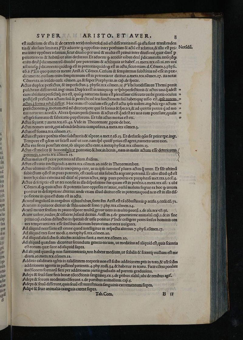 H 0 jd itd d Tas uil s otat bus | de ntt et [uen uns : d ha) (ant deti - dic (di jm j n jm. heil umm cram aem ea SVPER ' | ARISTO,.ET AVER, 8 eft iudicium de iftis & de caeteris accidentibus:fed nó eft diffcrentiamifi qaiifta funt tranfcenden SD tia/& alia funt limitata, Et aduerte cq» oppofitio inter potétiam & actü eft relatiua,& ifta eft pri. Notádü, ma inter oppónes relatiuas ficut diuifio per unü & multa eft prima inter diuifione quae dant p priuationem & habitü/ut alias declaraui. Et aduerte gj accidüt oibus decé pdicamentis.unüqdgg. enim decé pdicamentortü diuidit per potentíam & actüzquia ut habe£.12,meta,tex.co.26.res uni ufcuiufg pdicamentirquádog eft in potentiarquádog eft in actu, ficut etiam.d. Cómen.5.phyfz. có.6.V.Ex quo patet ex mente Arift,& Comen,Coelum & fempiternas fubftátias nó effe in prae. dicamento,nullum enim fempiternum eft in potentia;ut dicitur.9.meta,tex.cómen.17. ita notat Cómenta.in fccido coeli, comen. 49.& fuper Porphyrio.in cap.de fpecie. À pulchram dificrentiá.inqt enim.Duplex eft in unaquag: re fpés perfectionis & actus una Qadeft » cum abfoluta perfectaQ; res eft, quügi naturam fuam eft pleniffime cófecuta uerbi gratia oculus. » poftqeft perfedus actum fuü & pertectionc feu functionem fuá habetique uifio eft.ipfeautem. » adus à forma nihil differt. Hoc enim eft oculum effe,gd eft atu ipfo uidere.atg; hüicego actum » perfectionemqsmotum eti nó dicotutpote qui fit forma & fpecies & ad quietis potius dad mo. » tus naturam accedcs, Altera fpecies perfectionis & actus eft q adeft rei una cum poteftatejqualis .» eftipfa formatio & fabricatio pupillarum. Et talis actus motus eft etc, | 2» Actus feparat.7.meta.tex.có, 49. Vide in Theoremate pprio de hoc, Actus nomen uenitquiad endelechiam compofitus,o.meta.tex cómen.s. Actus eft forma.tex.comen.17. Aus eft prior potétia ronc/fubflantia/& tépore.o.met.t.có.15. Et declarás qdo fit prior tpe.ingt. Tempore eft qdem ut ficteft auté ut non.nam fpé quidé prius eftagens,numero uero non. Au ens fit ex poteftate enteab aliquo actu ente.o.metaphyficze tex. cómen. 15, i Actus eft melior & honorabilior ja; | in malis actum effe deteriorem .potentia,o.meta.tex. comen. 19. Actus malus eft peior potentia ad illum.ibidem, Actus eft ratio intelligendi. 9.meta.tex.comen.z0.uide in Theorematibus. ^ Actus ultimus eft caufa in unoquog ente, ut in ipfo fuenian£ plures actus q unus. Et fifr ultimá fubie&um qdeft in pura potentia, eft caufa utalia fubiecta acqrant potentiá. Et ideo illad qd eft - inter hec duo extrema nó dicit ec purus a&tus, neg; pura potétía ex paraphrafi met.tra.3.col:4. Actus defcriptio eft ut res non fit in illa difpofitione $m quam eft in potétia.o.meta.tex.co.'x. ubi - Coómen.d.g; quia adus & potentia funt oppofita relatiue, nullü malum feqtur ex hoc g unum ponitur in defcriptionealterius. unde etiam illud dicitur efle in potentiarquod non eft in illa dit/ pofitione in qua eft dutn eft in actu. jJ Acuméangulori incorpibus coburétibus forte fm Arift.eft cá cóbuftionis p accfis.5.coeli.có. 73. Acutum zequiuoce dicitur de ftiloruinoi& fono.7.phy.tex.cómen.24. Acutü mouet fenfum in pauco tépore multü;graue uero in multo pauci.2.de aia.tex'có.g6. Acute uidereaudire,& olfacere)bifariá dicitur. Arift in.s.de generationeanimaliü.cap.z.& in fine primi cap.eadem diftin&tio in fpeciali de uifu ponitur. Inde colligere potes fenfus hominis om ' nes temperartiores efle fenfibusaliorum brutorum.contra uulgares. 3 , Adaliquid neceflrio eft omne quod intelligitur in refpe&tu alterius.7.phyfi.cómen.i. Adaliquid tres funt modi.s.metaphyfi.tex.cóomen.20. — . ile Adaliquidalia fcdm fe.alia $m accidens funt.s.met.tex.cómen.20. Adaliquid quaedam dicuntur fecundum genera eorum, ut medicina ad aliquid eftjquia fcientia efteorum quz funt adaliquid fupra, Ad aliquid quaectigy non funtcontrarianon habent medium,ut fcibilis & fcientig nullum eft me dium.ro.meta.tex.comen.22. | li Additio caliditatis agétis in caliditatem corporis non eft (cdm additionem ptis in toto,& ult fcdm , additionem agentis in paflioné patientis. 4. phy.corri. 84.& habetur in textu. Facit cótrà ponétes intéfionem formarü fieri per additionem partisgradualis ad partem gradualenz, | AAdeps & feud funt finis bonze cócoctionis fanguineg.ex.,.de ptibus aialidi ubi de renibus agif. Adeps & feuum moderata cóferunt.2.de partibus animalium.cap.s. i:Adeps & feuü differunt,quia feud eft terreftrioris fanguinis excrementum fupra. Adipe& feuo animaliaexanguiacarentfupra, — ^ | hirci» Cota