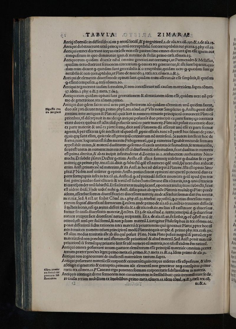 pigrffio con &amp;ra Simplicii tes formá cor poreitatis fub ftantialen Antig cóueniüt in diffiniédo aiam p niotü local, &amp; p cognitioné.z.de aía,tex.có.150.G. r.de aÍa.19, Antiqui dubitaneruntiutrü principia rerü corruptibiliü fint corruptbiliaaut etcrna.g, phy.có.1s, .compofitum in quo dominatur ignis.&amp; maxime de ftellis.primo cocli.cómen.63. . Antiquorum quidam dixerüt nihil omnino generariaut corrumpi,ut Parmenides &amp; Melliffus, :quidam ueto dixerunt fermoncm contrarium cp omnes res generantur;&amp; ifti funt bipartiti.qui, . dam enim dicunt q quadam funt generabilia &amp; corruptibiliaquidam uero gp quadam funt ge nerabilia&amp; non corruptibilia,ut Plato de mundo.5.cocli.tex.cómen.2.&amp;.5. Antiqui de elementis diuerfimode opinati funt.quidam enim afferueiüt effe fimplicia,&amp; quidam -«peflent compofita, 4.cocli cómen.20. Antiquincgauerunt caufam formalem;&amp; non concefferunt nifi caufam materialem.fupra.cómen, 37 idem.2. phy.9.X.7.meta, 7.688. Antiquorum quidam opinati funt generationem &amp; alterationem idem effe quidam uero nó.pri/ mo de generátione.tex.comen.primo. prioribus,tíi difcrepauit in modo:ga antiqui pofuerüt duo principia ex parte formgiga contraria €x parte materiae &amp; unü ex parte forme,dicit auté Platonem dü afferuit unü efie ex parte formae cipiis qug funt elita, quia rale eft principi extrinfecum nó intrinfecü, Si autem intellexit hoc de forma,tunc loquutus eft fcdm moremPithagoreorü,qui p numeros fignabát restunde formam eft prima alteritas,&amp; ab ea incipit infinitudo:ut d.DBoetius in.2. arithmetic; authoritate Nico machi. Et fubdit pfatus Doctor g»etiam Arifto,eft iftius fententig uidelicet g» dualitas fit ex pte enim Arift, priuatione ad materiam, ita Arift.in hocnó difcrepatà Platone.Ifta eft opinio Sim plicii.g Nobis auté uidetur cp opinio Arifto.potius fatieat opinioni antiquorii ponentiü duo ex fint principiatduo funt cotraría &amp; tertiü eft fubiectum cómune illis cótrariis,ita qj uni cótrariera ti corréfpondet uni fubiectü. Et fi cotrarietas multiplicare£ oporteret multiplicari fubiecta ficut , eft uidere ibide. Vnde uidet mihi g Arift, difcrepauit ab opinióc Platonis multi: qa Plato ponés adeamyafferebat formas diuerfificari ex diuerfitate materie, unde afferebat formas dari £m merita, materiz,Sed A rift.ut fcribit Comé.in.z.phy.có.gs.tenebat oppofitri,g potius diuerfitas mate; rierum fequa£ diuerfitaté formarum q ecótra, unde primo de aia.co.52.mébra cerui non differüt. 3 mébrisleonis,nifi qa anima differt ab aía.8.2.de aía.com.6o. mclius cft exiftimare q; diuerfitas. forme fit caufa diuerfitatis materize q ecótra. Et.3.deaia,cómé.s. iuxta principid.d.oy diuerfitas otinuteft unü per fuá formà;&amp; non p fnam materiá.Licet igitur Philofophus in tex,cómen.66;, ponat differentià fcdm rationem inter materia &amp; priuationem/quá ignorauit Plato: ppter hoc tí nontenuit ex numero trium principiorü modü Platonistquia ut ipfe.d. primo phy.tex.cor.go;. eft alius modus trinitatis ifteab illo qué pofuit Plato. Nam Plato pofuit magnü &amp; paruü ex pte materiz:fed non ponebat und iftorum effe priuationé &amp; aliud materiá.Sed Arift.ponit materia. priuation&amp;&amp; formá:que priuatio licet fit idé numero cii materia;non tii eft eadem £m rationé, Antiqui omnes-pofuerunt unum quatuor elemétorum effe principii materiale omnium praetef, .tetram.praeter pontes leges;primo meta.có,primo,&amp;,7.meta.12.8.14.Idem primo de aia.32. Antiqui non cognouerunt de caufis nifi materialem tantum.fupra, | cotingit ei generatio &amp; corruptio;primum aiit. elementü non generatur neg corrápitur.primo . Antiquis contingit.dicere fermonem non conuenientem in fenfibilibus: quia intromiferunt fe da . xe caufas rerum mobilium ex imobilibus.primo meta.comen.21 idem cóm£ 19,60.3.cceli. tex.có, G Bloc dE - viec | 618.2. V oli I le [2
