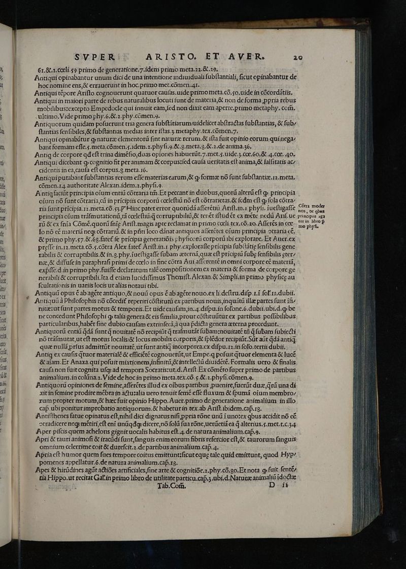 &amp;« p €1.&amp;.3.cceli.s9 primo de generatione.7.idem primo meta.22.&amp;.19, : ^^ Antiqui opinabantur unum dici de una intentione indiuiduali fub(tantiali, ficut opinabantur de NO hoc nomine ens,&amp; errauerunt in hoc.primo met.comen.Ar. | Antiqui tépore Arifto.cognouerunt quatuor cauías.uide primo meta.có. 5o. uide in cócordátiis. i | Antiqui in maiori parte de rebus naturalibus locuti íunt de maáteria,&amp; non deforma ppria rebus | mobilibustexcepto Empedocle qui innuit eam,fed non dixit eam aperte.primo metaphy. com. - T . ultimo. Vide primo phy.6.&amp;t.2.phy.comen.9. | ] Antiquorum quidam pofuerunt tria genera fubftátiarum/uidelicet abftractas fubftantias, &amp; fub/ un p ftantias fenfibiles,&amp; fubftantias medias inter iftas.3. metaphy.tex.comen.7. | | Antiqui opinabátur g» naturze elementorü fint naturz rerum.&amp; ifia fuit opinio eorum quinega/ &amp; E bant formam efle.5.meta.cómen.5.idem.2.phyfi.9.&amp;.g.meta.g. &amp;.2.de anima.56, : | Antig de corpore qd eft trina diméfio, duas opiones habuerüt.7.met.s,uide.5.coe.60.G. 4.coe. 40. U n Antiqui dicebant g cognitio fit per animam &amp; corpus:íed cauía ueritatis eft anima,&amp; falfitatis ac | cidentis in ea,caufa eft corpus.g.meta.16. : - p Antiquiputabant fubftantias rerum effe materias earum, cp forma nó funt fübftantize.12.meta, e 7 comen.r4.authoritate Alexan.idem.2.phyfi.o. A ntig facit principia oium entid cótraria tin. Et peccant in duobus,quorü alterü eft g» principia oíum nó funt cótraria,cü in pricipiis corporü cceleftiü no eft cotrarietas.&amp; fcdm eftg» fola cotra. hs ria funt prícipia.12.meta.có. 55. Hinc patet error quorüdá aflerétiü Arft.in.1 phyfz. iueftigaffe iud N | principia oium tráfmutationü tá cocleftitiid corrupubili,&amp; tenét iftud ét ex méte nedü Anf. ue prinapis aga 1ü &amp; ex fnía Comé.quorü fnig Arift.magis apte reclamat in primo cocli.tex.có,2o. Afferés in cce: is yh é T lo nó eé materiá neg cótrariti.&amp; in pfiti loco dánat antiquos aflerétes oium principia otraria ec. &amp; primo phy.$7.&amp; 68.fatc£ fe pricipia generatióis phyficorü corporüibi explorare. Et Auer.ex a | preífe in.12.meta.có.$.cótra Alex fate£ Arift.in.1 phy.explorafle pricipia fübítátie fenfibilis gene  rabilis &amp; corruptibilis.&amp; in.g.phy.iueftigaffe fubam gteraá quae eft pricipii fube fenfibilis gter/  nze,&amp; diffufe in paraphrafi primi de coelo in fine cotra Aui affcrenté in omni corpore eC materiá,  expfle.d.in primo phy.fuiffe declaratum talc com pofitionem ex materia &amp; forma de corpore ge Ii nerabili &amp; corruptibili.Ita.d etiam lucidiffimus Themift. Alexan.&amp; Simpli.in primo phyficg au - fcultationis in uariis locis ut alias notaui tibi. ; ; 25 HOT: E a , Antiqui opus Cabagcte antiquo, nouü opus € ab agéte nouo.ex li. de(tru.difp.r.i fof. rr.d ubii. tri Antiq uà Pbilofophis nó cócedi£ reperiricoftitutü ex partibus nouis,inquátü illae partes funt itv en nitze:ut funt partes motus &amp; temporis. Et uide caufam,in.4.difpu.in fofone.6.dubii. ubi.d.cy be i ne concedunt Philofophi g» talia genera &amp; eis fimilia,prout coftituüturex partibus poflibilibus KE particularibus habet fine dubio caufam extrinfecá,à qua pdicta genera aeterna procedunt. ini Antiquorü entiü Qdá funt nouitaté nó recipiüt q crafmutát fubam:znouitaté tfi q fubam fubiecti (D nó tráfmutat,uteft motus localisi&amp; locus mobilis corporis,&amp; fplédor recipiüt.Süt aüt qdá antiq d qua nullá prfus admittüt nouitat£ ut funt antiq incorporea:ex difpu.r:.in fofo.tertii dubii. 1 Antiq ex caufis qtuor materialé &amp; efficiété cognouerüt,ut Empe.q pofuit qtuor elementa &amp; lucé fuí, &amp; aiam. Et Anaxa.qui pofuit mixtionem infiniti &amp; intelle&amp;tü diuidété. Formalis uero &amp; finalis 1 M caufa non fuit cognita ufg; ad tempora Socratis:ut.d. Arift. Ex cométo fuper primo de partibus 4 animalium.in colüna.2. Vide de hoc in primo meta.tex.co. $.&amp;.2.phyfi.cómen.o. LM Antiquorü opiniones de femine aflerctes illud ex oibus partibus jpuenire,fuerüt duz,qrü una di aW | xit in femine prodire mébra in actu:alia uero tenuit femc effe fluxum &amp; fpumá oium membro. 1j | | rum propter motum,&amp; hzc fuit opinio Hippo. Auer.primo de generatione animalium in illo y | cap.ubi poniturimprobatio antiquorum.&amp; habetur in tex.ab Arift. ibidem,cap.rg. i a Antifthenes fatue opinatus eft;nihil dici dignatus nifi ppria rone unü i unotex gbus accidit nó cé E otradicere negs métiri eft eni unüqdq: dicere,nó folü fua róne,uerüetiá ea d alterius. s.met.t.c.34. E Aper pifcis quem achelous gignit uocalis habitus eft.4.de narura animalium.caf.o. Apri &amp; tauri animofi &amp; iracüdi funt,fanguis enim eorum fibris refercior eft,&amp; taurorum fanguis omnium celerrime coit &amp; durefcit.2.de partibus animalium.cap. 4. Apriaeft humor quem fues tempore coitus emittuntzficut eque tale quid emittunt, quod Hyp^ pomenes appellatur.6.de natura animalium.caf.ra. jn Apes &amp; hirüdines agüt actióes artificiales,fine arte &amp; cognitióe.2.phy.có.go.Et nota q fuit fente/ tia Hippo.ut recitat Galin primo libro de utilitate particu.caf.; ubi, d. Natura papa idoctze | | D- ii Tab.Cormn. Aus k. 3: