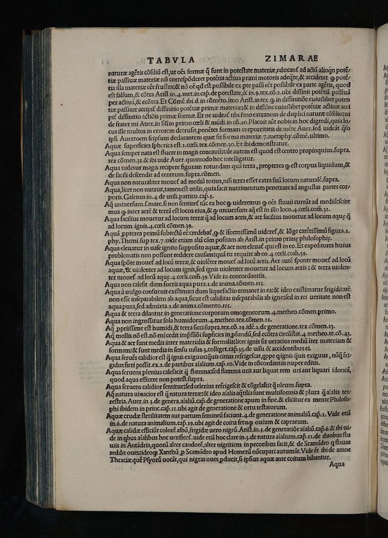 naturae ag&tis cófiliá eft, ut o&s formae d funt in poteftate materize,educant ad act alioqn poté/ tia illa materiz cét fruftra;& nó o€ qd eft poflibile ex pte pafíi ect poffibile ex parte agétis, quod eft falfum,& cótra Arift.in.4.met.in cap.de poteftate, in.9.tex.có.2. ubi diffinit potetià paffiuá per actiuá& ecótra.Et Cómé.ibi.d.in cóméto.imo Arift.in tex. in diffinitióe cuiuflibet poten ti paffiuz accipit diffinitio potétize primae materize;&t in diffone cuiuflibet potétiae actiuae acci pit diffinitio actiois prima: formze, Et ne uideat tibi $moextraneus de duplici naturze cófiliotui de frater mi Aucer.in filiin primo cceli & müdi.in có.20.Placuit aüt nobisin hoc digredi,quia lo/ cus ille multos in errorem detrufitponétes formam corporcitatis de méte Auer.fed uideát Gfo ipfi Auerroem feipfuni declarantem qua fit forma materiz.7.metaphy.cómé. ultimo. Aqua fuperficies [pherica eft.2.cocli. tex. cómen.5o. Et ibidemonftratur. Aqua femper nata eft fluere in magis concauüitaleautem eft quod eftcentro propinquius.fupra. tex cómen.3r.& ibi uide Auer.quomodo hoc intelligatur. Aqua uidetur magis recipere figuram rotundam quá terra , propterea qp eftcorpusliquidum,& . defacili defcendit ad centrum.fupra.cómen. Aqua non naturaliter mouct ad medii totius,nifi terra effet extra fuü locum naturalé.fupra. Aqua,licet non nutriat tameneft utilis, quia facit nutrimentum penetrare adanguftas partes cor/ poris.Galenus in.4.de utili.particu.cap.s. Ad uniuerfum.f.mare.fi non fentire£ tüc ex hoc qp uideremus oés fluuii currát ad mediü:fcire mus q inter acré & terrá eft locus eius,& cy uniuerfum ad eft in illo loco.4.cceli.com.52. Aqua facilius mouetur ad locum terrae qad locui aeris,& aer facilius mouetur ad locum aque q ad locum ignis. 4.coeli.comen.39. Aquá ppterea primü fübiecká ec credeba£, gj & iformiffimü uidere£,& lóge carétiflimü figura.a. phy. Themi.fup tex.7.uide etiam ali cám pofitam ab Arift.in primo primg philofophig. Aqua eleuatur in uafe ignito fuppofito aquae,& aer noneleuat qui eft in eo.Etexpofitores huius problematis non poffunt reddere caufam:quá tu requircab €o. 4.cceli.com.39. Aqua fpóte mouet ad locá terrz,& uioléter mouct ad locü aeris. Aer auté fponte mouet ad locü aquae, & uiolenter ad locum ignis fed ignis uiolenter mouetur ad locum aeris 2 & terra uiolen tex mouef ad locü aque. 4.cceli.corm.39. Vide in concordantiis. Aquanon calefit dum fueritaqua pura.z.de anima.cómen.rs. Aquaà uulgo confüeuitexiftimari dum liquefactio remanet in ea;& ideo exiftimatur frigiditate non effe infeparabilem ab aqua ficut eft caliditas infeparabilis ab ignezfed in rei ueritate non eft aquapura,fed admixta.1.de anima.cómento. rs. | Aqua & terra dííantur in generatione corporum omogeneorum.4.metheo.cómen.primo. Aqua non ingroffatur fola humidorum.4.metheo.tex.comen.21. Aq ppriiffime eft humidi, terra ficcifupra.tex.có.29.idé.2.de generatione.tex.cómen.25. Ad mollis nó eft.nó eni cedit impffiói fupficies in pfundd fed ecótra circüftat.4. metheo.te.có,45. Aqua& aer funt media inter materialia & formalia;licet ignis fit ueracius mediü iter materiam & formam:& funt media in fenfu uifus.5.colliget.cap.5.de uifu & accidentibus ei. Aqua feraés calidioreft à ignis exiguus:quis citius refrigefcat,qppe qígnis quis exiguus , nig fri/ gidus fieri poffit.ex.z.de partibus aialium.cap.2o. Vide in cócordantiis nuper editis. quod aqua efficere non poteft fupra. Aqua feruens calidior fentitur:fed celerius refrigefcit & cogelafcit q oleum.fupra. AG natura uiwacior eft à natura terrae:& ideo aialia aqtilia funt multiformia & plura qaialía ter/ reftria. Auer.in.5.de genera.aíalii.cap.de generationeapum in fine.& eliciturex mente Philofo/ phi ibidem in princ.cap.rr.ubi agit de generatione & ortu teftatorum. Aqua crudz fterilitatem aut partum feminet faciunt. 4.de generatione animalii.cap.z. Vide etiá in.6.de natura animalium,.caf. ».ubi agit de coitu fetug; ouium & caprarum, Aquae calidze efficiiit coloré albá frigidze uero nigrá.Arift.in.s.de generatioe aialiü cap.ó.& ibi ui/ de in gbus aíalibus hoc uerifice£. uide etiá hoc clarein.s.de natura aíalium,caf.r:.de duobus flu uiis in Antádriaquorü alter candoréjlter nigritiem in pecoribus facit,& de Scamádro q flauas zeddit ouestideoqs Xanthü p Scamádro apud Homerü nücupariautumát, Vide ét ibide amne Thraciz: qué Pfyorá uocát,qui nigras oues pducit,fi ipfius aqux ante coitum NP. qua
