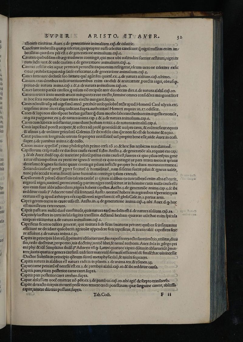 ——— MM — MÀ ——ÀÀ S'TPER!/X ARISTO, £TvAXER. 3 ? albantis canitiem. Auer. s.de generatione animalium.caf..de caluitie. ^ Canefcunt imbecilla quae celerius,quapropter ruffi celerius canefcunt d nigri:ruffitas enim im^ becillitas quaedam pili eft.s.de generatione animalium.caf.s. Canities quibufdam ob egritudinem contingit,qui mox ubi ualitudini fuerint reflituti,nigri ite ? rum fadti tunt, &amp; uide caufam. s.de generatione animalium.caf. 4. ' Canitiei zefiftit olei aquae permixti perunctiotaqua enim refrigerat,oleum uerone celeriter exfic cetur prohibetzaqua nág facile exficcatur.s.de generatione animalium.caf. s. Canes fomniare dedlarát fuo latratu qué agüt £m quieté.ex.4.de natura aíalium.cap.ultimo. Canuin atas dentibus iudicaturziuuenibus enim candidi &amp; acuti;ztate puectis nigri, obtufig; ' primo de natura anima.cap.2.&amp;.6.denatura animalium.cap.2o. Canes laconici pariüt catellos,q uifum nó recipit ante duodecim dies.6.de natura aíalíif.caf.20. Canum rares fexto menfe aetatis mingunt:crure erecto foemine omnes confidétes mingunt:licet in hocfexu nonnulla crure etiam erecto mingant.füpra. ^ - uigefimo anno morialiq iudicant.fupra.authoritaté Homcri require in.17.cdiffeze, Canes &amp; lupi nonaalio tépore herbas guftant à dum morbo laboranttherba enim ingefta euomüt, 'atgi ita purgantur ex.g.de naturaanima.cap.5.&amp;.9.de natura animalium.cap.6. Canes cum lübricis infeftantur,comedunt herbam tritici.o.de naturaanimaliii.cap.6. Canis lupi femé poteft recipere,&amp; ecótra ad prolé generádá:&amp; uulpes canis, &amp; ecótra:ficut equus - &amp; afinus.5.de utilitate pticularü Galenus.Et ibi reddit cám qre non fic eft de homine &amp; equa. Canz pulmonis longitudo utrum fit propter neceffitaté uel propter bene efíe,uide Auer.in com. füper.3.de partibus anima.c.de collo. J Canon maior appellat prima philofophia.primo coeli.có.10.&amp; hoc fm arabicam tranflationé. Capillorum crifpitudo ex duobus caufis exorif fcdm Arifto.5. de generatióc aia.require eas cap. 5.&amp; ab Auer.ibidé cap.de uarietate pilorü:prima enim caufa eft fumus ex quo piluscrifpus gene ratur eftcompofitus ex portione ignea &amp; terreat ex quo contingit ut pars terrea moueat ipfuni deorfum: &amp; ignea furfum: quare contingit pilum inflecti propter hos duos motus contrarios; Secunda caufa e£ poteft ppter ficcitaté &amp; humiditaté , nam fi ficus fuerit pilus &amp; igneus ualde, tunc pilo accidit tortuofitastfi uero humidus contingit ipfum extendi. Capillorum &amp; pilorü diuerfitas caloris canat in ceteris aialibus ex cutezalborá enim alba eft cutis, nigrorü nigra uariorá;permixtorüc partím nigra confpicitur.at in homine cutis nulla caufa eftz qui enim funt alibi adiodum;nigros babent capillos. Arifto.;.de generatioe anima.cap.5.&amp; ibi -xedditur caufa V Aduerte tamé illà fententiá Arifto.ueritaté habere in regionibus téperatistquia certum eft gy apud athiopes cés capilli eorá nigri funt:&amp; eft glofa Gale.in.2. paruze artis, Capra gerens cornu in crure uifa eft. Arifto.in.4.de generatione anima.caf.4.ubi Auer.d.g hoc eft monílrum extraneum. Capris paftores nullá ducé conftituitquia natura ear(í mobilis eft.6.de natura aialium.cap.ro. Capras fylueftres in creta infula fagitta tranffixas.di&amp;tamü herbam quaerere aiüt:hac enim fpicula 'Corporeeiiciuntur.9.de natura animalium.cap.6. Caprificus ficarios culices generat, qui mutata fede ficus imaturas petunt: quibus fe infinuantes efficiunt ne decidant quáobrem agricola appendere ficis caprificus, &amp; iuxta eafdé caprificos fere re affolent.s.de natura anima.c.32. | Capita inprincipiis librord,d permitti cófueuerunt,£m expofitoresocto fu ntintétio, utilitas diui dio,ordo doctrinz,proportio,uia doctring;nomé libri,&amp; nomé authoris. Auer.fnía in plego pri mi phy.&amp; idé Simplicius ibidé, P Aduerte tíí q; Latini quatuor capita dütaxat cofueuerit pmit/ tereiuxta quatuor genera caufarü.uidelicet materialéiformalé/efficienté/&amp; finaléthac uia inceffit 'Dodor Subtilis in principio gónum fuarü metaphyficaliii&amp; multi fequaces. Capitis natura in aíalibus eft natura radicis in plantis.2.de anima.tex.&amp; cómen.sg. Caput carne priuatü eé neceffe eft.ex.2 de partibus aíaliá.cap.10.&amp; ibi redditur caufa. Capitis pars;etiam pofterior carnecaret.füpra.. | Capitis pars pofteriorcaret cerebro.fupra. | Caput abfciffum uocé emittere nó pót.ex.5.de partibus.caf.ro.ubi agit de fcepto tranfuerfo. Capite detracto corpus moueri pofíe non temere credi poteft;nam quz fanguine carent, abíciffo £apitejuiuere diutius poffunt.fupra. |... | Dubiqua ED 24 69 pais RUM e1.3 Tab.Cor. F ii ex ^
