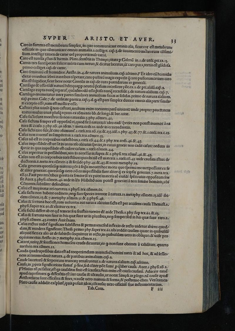 , l——— SVPER ARISTO, ET AVER, 33 Caroin fumma eft membrum fimplex, in quo communicant omnia alia, ficutcor eft membrum officialein quo cómunicant omnía animalia.z.colliget. cap.g.de iuuamento mébrorum cófimi, lium.intellige tamen de carne uel proportionale carni, | Caro eft tutella eftus &amp; hiemis. Plato.fentétia in Thimgo;itata p Galenü in.r.de utili. pti.ca.15. Carnis tres funt fpecies fcilicet mixta cum neruo,&amp; dicitur lacertus &amp; caro pura tertia eft gládofa. primo collieet.cap.de carne, Caro feminarü eft humidior, Arifto.in.4.de natura animalium.cap.ultimo.P Et ideo cá humidze dietz omnibus febricitantibus copetant,caro pullará magis expedit q caro pullorumtzetiam caro illa eft frigidior ficut bene notat Gentilis in cap.de cura putridarum in generali. Cartilago &amp; offa eádé naturá hfitzquapp neutri fcifum recrefcere pot.ex.2.de pti.aiali.caf.9. Cartilago rupta nund reparat quéadmodi ofía fifa nung recrefcüt.5.de natura aialium.caf. 7. Cartílago enumeratur inter partes fimilares animalium ficcas ac folidas. primo de natura aíalium, cap.primo.Gale.7.de utilitate particu.cap.5.d.cy eft pars fimplex durior omnia alia parte fimila/ ri excepto offe,nam eft mollior offe, Caftrati plus uiuit d non caftrati multum enim coeuntes parü uiuunt: unde propter paucttatem coitus mulus uiuit plufq equus.ex comento lib.de longi.&amp; bre.uitze. Cafu facta funt monftruofa non naturalia.g.phy.comen. 46. Cau factum femper eft oppofitü ei, quod fità natüra:&amp; ideo eadé fpecies non poteft inueniri à na tura G&amp; à cafu. g.phy.có.46.idem.7.meta.coim.a1. uide in concordantiis, Cafu facta raro fit, cito ofamunt.r.coeli.tex.có.155.&amp; 159. id£.s. phy.43.8.77.&amp;.1.cceli.tex.c.rg. Cafus non inuenit in fempiternis;s coeli.tex.cómen.55, Cafus nó eft in corporibus cceleftibus,.cceli.có. 4 4.87.2. phy:tex.corii. 46.87.49. Cafus impoflibile eft ut fit in uniuerfo alicuius f; peciei,in cuius genere non cadit cafus: nedum in fpecie in qua impoftibile eft cadere caft um.2.cceli.coómen. 44. Cafus reperitur in poffibilibus,non in neceflariis.fü pra.&amp; 2.phyfr.tex.cóme. 46.8 49, Cafus non eft in corporibus cceleftibustquia ibi nó eft materia. 2. Cceli.có. 45. uide caufam iftius de ductionis.6.meta.tex.cómen.s.&amp; fecüdo phy.4$.&amp;.49.&amp; nono metaphy.o, Cafu generata quorüciiqi materia pot à feipa mouerihoc motu quo fperma mouet:?poffüntex fe &amp; aliter generari.quorücüg: uero nó ea impoffibilia funt aliter q ex feipfis generari.7.meta.tex. CO.51. Facit pro tenctibus genita ex femine&amp;'ex putri materia eé eiufdé fp&amp;i:cuius oppofitum fen fit Auet.g.phyfi.comen.46.uidein Ifa: Hiibihó non poteft generari non femine hominis,ubi Comenta.fubtüliter defenditur; — ^-^ Cafus eft inopinatze rei euentus.2.phyfi.tex.cómen.cr. Cafu facta non habent ordinem,neg funtfpecies intenta à natura, r2.metaphy.cómen.r;.idé ibi/ dem comen.rg.&amp;.7.metaph y.comen.5r.&amp; g.phyfi.46, Cafus &amp; fortuna hoc eft,cam uoluntasaut natura alicuius facta eft per accidens caufa. Themift.z, phyfi. fuper tex.50.&amp; elicitur ex tex. Cafu factü differtab eo qd temere feu fruftra euenire dr. uide Therii.z.phy.fup tex.62.8.65. Kafus&amp; fortunanon funt in his quz funt ut in pluribusneg femper:fed in his qua funt raro.2, phyfi.comen. 4g.contra Auicénam. Cafus rectus üide£ fignificare fübfiftens &amp; permanens:fed inflexio de reto uidetur abiens quod; dam,&amp; recedens fignificare. Them. primo phy.füper tex.6r.ubi reddit caufam quare in quibufdà aliquid fieriex alio ut de fubiecto loquimur in redojin quibufdam uero in obliquo.&amp; uide pro opinione efus Arifto.in.7.metaphy.tex.cómcen.as. Pes: Catarri,uring&amp; feceffiones homa feu cruda dicuntur,eo c» nonfunt obtenta à caliditate, quarto metheo.tex.cómer.,7, | Cauda quadrupedibus data eft ad cooperiendum anum:fed homini nates &amp;' ad hoc, &amp; ad fefto; nem accommodauit natura, 4.de partibus animalium.ca p.o. | Caude lacertorü &amp; ferpentum truncate renafcuntur.2.de natura aialium.cap.ultimo. Caufaiin ppria figpificatione fumi£ jp fine fcd coiter pot fami Jp dlibet caufa, Auer.r.phyfi.có.r. Huius ró,ni fallor,eft qa caufalitas finis eft icaufata:finis enim eft caufa caufarü. Aduerte tame apud expofitores gp differétia eft iter caufas &amp; cócaufas,ut notat Simpli.in plogo.ná caufze apud Ririftotelicos funt efficiétes &amp; fines;ocaufze uero materia &amp; forma,&amp; poftremo effata. Vertamen Plato caufis addidit excplaré quia pofuit ideas,cocaufas uero officialé fiue inftrumentariam.