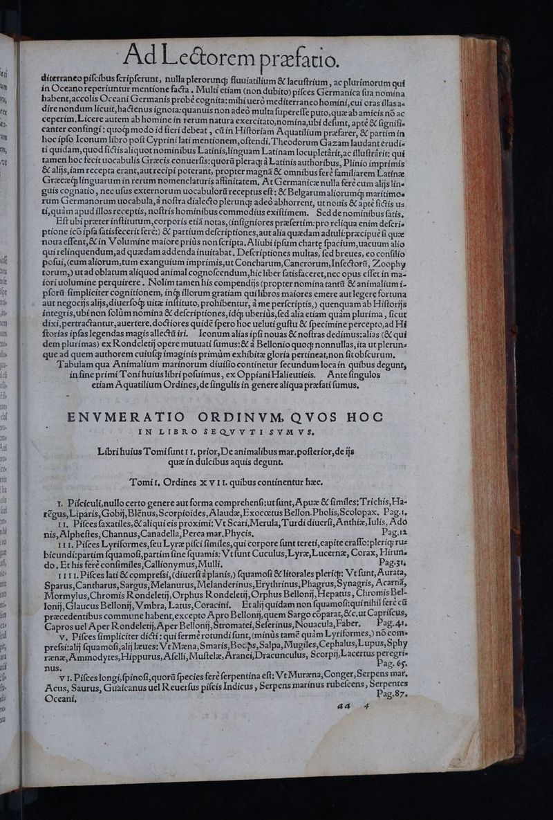 dd Ad Le&amp;orem praefatio. dítercaneo pifcibus fcripferunt, nulla plerorund; fluuiatilium &amp; lacuftrium , ac plurímorum quí ín Oceanoreperíuntur mentíone facta . Multi etíam (non dubíto) pifces Germaníca fua nomína habent,accolís Oceaní Germanís probé cogníta: mihi ueró mediterraneo homíní,cui oras íllasa« dire nondum lícuít,hactenus ígnota:quanuís non adeó multa fupereffe puto;quac ab amícís nó ac ceperím, Licere autem ab homíne ín rerum natura exercítato,nomína,ubí defi unt, apte &amp; fignifí« canter confíngí: quod modo íd fierí debeat , cá ín Hiftoríam Aquatilium prafarer, &amp; partím ín hoc ipfo Iconum libro poft Cyprínílatí mentíonem,oftendí, Theodorum Gazam laudant erudís ti quídam,quod fictísalíquot nomínibus Latínís.línguam Latinam locupletárít,ac íllufirárit; quí tamen hoc fecít uocabulís Girzcís conuerfis:quorü plerag; à Latínis authoribus, Plinio ím prímís &amp; alijs,íam recepta erant,autrecipí poterant, propter magna &amp; omnibus feré familiarem Latínze Grace Glínguarum ín rerum nomenclaturís affinitatem, At Germanícz nulla feré cum altjs líns guís cognatío, nec ufus externorum uocabulorü receptus eft : &amp; Belgarum aliorumq marítímos rum Germanorum uocabula,à noftra díalecto plerunq; adeó abhorrent, ut nouis &amp; apte fictís us tí,quàm apud illosreceptís, noftrís homínibus commodiíus exíflimem. Seddenominibus fatís, Bftubi prater ínftitutum,corporís etià notas, (ínfigniores prfertím:pro relíqua ením defcrís ptione ícó ipfa fatísfecerít fere;) &amp; partium defcríptiones,autalía quadam adtulí:pracipue fi quae noua effent,&amp; ín Volumíne maíore príüs non fcrípta, Aliubi ipfum charte fpacíum,uacuum alío quírelínquendum,ad qua damaddenda inuítabat, Defcríptiones multas, fed breues, eo confilío pofuí,(cum alíorum,tum exanguíum imprímís,ut Concharum,Cancrorum,Infedtori, Zoophy torum,) utad oblatum alíquod anímal cognofcendum,híc liber fatísfaceret,nec opus eílet ín ma- ioríuolumíne perquírere , INolím tamen hís compendijs (propter nomína tanti &amp; anímalíumí- píori fímplícíter cognitionem, índp illorum gratíam quilibros maíores emere autlegere fortuna aut negocijs alijs, díuerfotp uíta inftítuto, prohibentur, à me perfcríptis,) quenquam ab Híftoríjs integris,ubínon folüm nomína &amp; defcríptiones,id&amp; uberíüs,fed alía etíáam quàm pluríma , ficut díxí,pertractantur,auertere,doctíores quíde fpero hoc uelutíguftu &amp; fpecímíne percepto,ad Hi ftorías ipfaslegendas magísallectáíri. lconum alíasipfinouas &amp; noftras dedímus:alías (&amp; qui dem plurímas) ex Rondeletij opere mutuatí fumus:&amp; à Bellonío quoq; nonnullas, íta ut plerunz que ad quem authorem cuíu(q; ímagínís prímüm exhíbitz gloría pertíneat,non fitobfcurum, Tabulam qua Anímalíum marínorum díuí(ío contínetur fecundumlocaín quibus degunt, in fíne prímí T'oní huíuslíbrí pofuímus, ex OppíaniHalieutíeis. | Antefíngulos etíam Aquatil(um Ordínes,de fingulis ín genere alíqua prafatí (umus, ENVMERATIO ORDINVM.QVOS HOC IN LIBRO SEQVVTI SVMVS, Librihuius Tomifunt1r. príor, Deanimalibus mar.pofteríor,de ijs qua ín dulcibus aquís degunt. 'Tomír, Ordines x v 11. quibus contínentur hac. - 1. Pifcículi;nullo certo genere aut forma comprehenfi:utfünt, Apuz &amp; fimiles; Tríchis,FHa- rceus, Liparís, Gobij, Blenus,Scorpíoídes, Alauda,Exococtus Bellon.Pholís,Scolopax. Pag.t, L1, Pífcesfaxatiles,&amp; alíquí eís proxímí; Vt Scarí, Merula, Turdi díuer(i, Anthí,Iulís, Ado nís, Alpheftes, Channus,Canadella, Perca mar, Phycís, Eon Pag.i* 11 1, Pífces Lyríformes,feu Lyra piífci fimiles,qui corpore funt teretí,capite craffo:pleríg; ru bicundí:partím (quamofipartím fine fquamís: Vt funt Cuculus, Lyra, Lucerna, Corax, Híruris do, Et hís feré con(imiles,Callíony mus, Mullí, | Pag.5t, 1 11 1. Pífceslatí &amp; comprefsí,(díuerfi àplanís,) fquamofi € litorales pleríq;: Vt funt, Aurata, Sparus,Cantharus, Sargus, Melanurus, Melanderínus,Erythrínus, Phagrus, S ynagris, Acarná, Mormylus,Chromís Rondeletij, Orphus R.ondeletij, Orphus Bellonij, Hepatus, Chromís Bel- lonij, Glaucus Bellonij, V mbra, Latus, Coracíní, Et alij quídam non fquamofíiquí níhíl fere cü przcedentíbus commune habent,excepto Apro Bellonij,quem Sargo cóparat,&amp;c.ut Capríícus, Caprosuel Aper R ondeletij, Aper Bellonij,Stromateí,Seferínus,INouacula, Faber. Pag. 41 e v. Pifces fimplícíter díctí: qui fermcrotundií funt, (mínus tame quam Lyriformes,) no Nas prefsí:alij fquamofi;alij lues: Vt Mena, Smarís, Bocbs, Salpa, Mugiles, Cepheh us,Lupus,5p y rana, A mmodytes,Híppurus, Afellí, Muftele, Araneí,Dracunculus, Scorpij, Lacertus dept nus. 5 v v 1. Pífceslongífpinofi,quorü fpecíes fere ferpentína eft: Vt Jig due s i d Do Acus, Saurus, Guaícanus uel R euerfus piíícís Indicus , Serpens marínus rubefcens, Hinr is Oceaní, 975