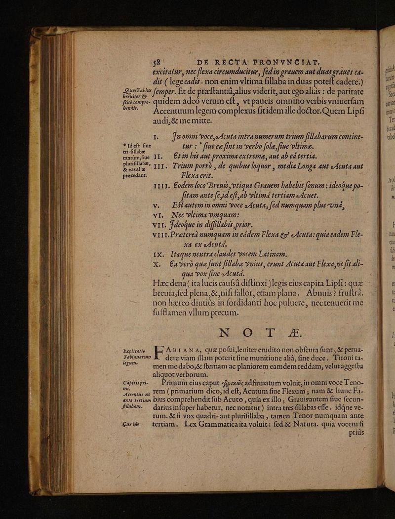 excitatur, nec flexa circumducitur, fed ia grauem aut duas graues ca- dit ( legecadis . non enim vltima fillaba in duas poteft gQuoraa femper. Et de praftantidalius viderit, aut ego aliis : de paritate fé? eempre- quidern adeo verum eft, vt paucis omnino verbis vniuerfam w* — Accentuumlegem complexus fitidem illedo&amp;or.Quem Lipfi audi, &amp; imemitte. IL. — Juomni'voce,eAcuta intranumerum trium [abarum contine- | tur : fiue ea fet in verbo fole, [iue vltime. | tri-fillabe : ; ; 155218 ramüm,iue II. — ££ bts aut proxima extrema, aut ab eá tertia. pritiboz» yr. Trium porro , de quibus loquor , media Longa aut eAcuta aut pracedant. Flexa erit. I11I. Éodem (oco Breun,vtique Grauem babebit [onum : ideoque po- fitam ante fe id efl ab vltimd tertiam «Acuet. v. ) Eflautemin omm voce eAcuta, fed numquam plus cvud, vI. Nec vltima'vmquam: vit. Jdeoque in diffillabis prior. vIIL.Pretereà numquam in eádem Flexa eg? eAcuta: quia eadem Fle- X4 ex eAcutá. IX. ltaqueneutra claudet vocem Latimam. X. Éa'verà qua funt fillaba vuius, erunt Acuta aut Flexa,ne frt ali- qua vox [me «Acutá. Hxc dena( ita lucis caufsà diftinxi )leeis eius capita Lipfi : quz breuia;fed plena ,&amp;,nififallor, etiam plana. Abnuis? fruftra. non hzreo diutius in fordidant hoc pulucre, nectenuerit mc futfBamen vllum precum. Nu Eb JD. * Id eft: fiue Pxplieatio — Kd ABI AN A, qux pofuileuiter erudito non obfcura funt , &amp; perua- PE dere viam illam poterit fine munitione alià, fine duce. Tironi ta- eguime men me dabo,&amp; fternam ac planiorem eamdem reddam, velut aggeftu aliquot verborum. Capiris pri- Primum eius caput 9juixóxc adfirmatum voluit, in omni voce T'eno- ps . rem ( primarium dico, id eft, Acutum fiuc Flexum; nam &amp; hunc Fa- Jctentus no 7 , : : À azit tertiam bius comprehenditfub Acuto , quia ex illo; Grauisautem fiue fecun- fm. —dariusinfuper habetur, nec notatur) intra tres fillabaseffe. idque ve- ! rum. &amp; fi vox quadti- aut plurifillaba , tamen Tenor numquam ante $wri$ — teriam. Lex Grammaticaita voluit: fed &amp;&amp; Natura. quia vocem fi prius pii Á puri jpvà Sed rant imi Ta bisad abe