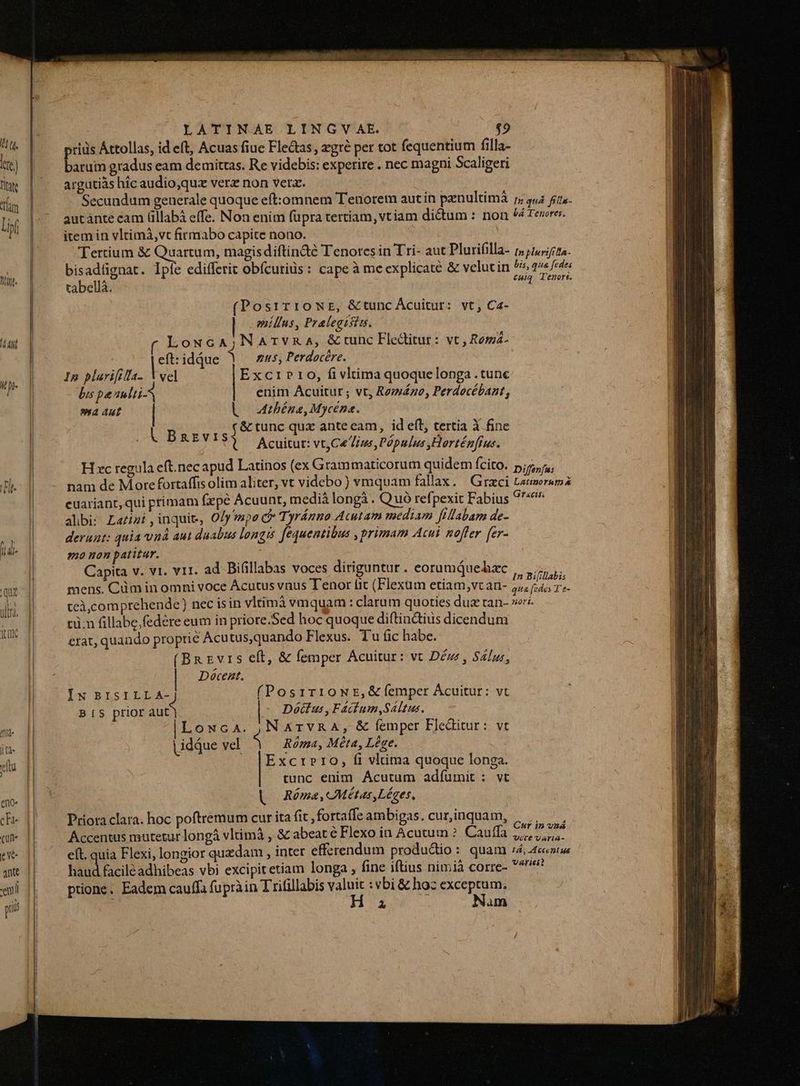 d dt it. T  FH e p ) eno. [| ce cun. q] eve | ante-.| | enl pi LATINAE LINGYV AE. T, rids Áttollas, id eft, Acuas fiue Fle&amp;as, xgré per tot fequentium filla- ata gradus eam demittas. Re videbis: experire . nec magni Scaligeri argutiás hic audio,quz verz non vetz. Secundum generale quoque eft:omnem Tenorem aut in panultimà r; 444 fits. autánte cam (illabá effe. Non enim fupra tertiam, vtiam dictum : non ^4 Tevorer. item in vltimà,vt firmabo capite nono. | | Tertium &amp; Quartum, magisdiftindé Tenores in Tri- aut Pluriíilla- p 1/72. bisadügnat. Ipfe edifferit obícuriüs: cape à me explicate &amp; velutin bis, qua fedes tabellà. £uiq Tenort. (PosrrroNE, &amp; tunc Ácuitur: vt; Ca- eníllns, Pralegisiu. | 1 Lowc ^: NATVvRA, &amp;tunc Flectitur: vt , Romá- | eft: idque nus, Perdocére. Ip plarifila- Vel Excr1P 10, fivltima quoquelonga .tunc bis pesulii-A enim Acuitur; vt, Romágo, Perdocébant, a Aut bL Athbéna, Mycéna. purs ees ag tunc qux ante eam, id eft, tertia à fine Acuitut: vt,C« Vins, Populus ,Horténfius. H xc regula eft.nec apud Latinos (ex Grammaticorum quidem fcito. Diférfa: nam de More fortaffis olim aliter, vt videbo) vmquam fallax. Graci Lenmoruma euariant, qui primam fxpe Acuunt, medià longà . Qu refpexit Fabius Green alibi: Larizi , inquie, 0/y po c Tyránno Acutam mediam fillabam de- derunt: quia vná aut duabus longis fequentibus , primam Acui noffer [er- o non patitur. Capita v. vt. v11. ad Bifillabas voces diriguntur . eorumQuehzc , 7). mens. Cüm in omni voce Ácutus vnus T'enor tit (Flexum etiam,vc ar- a fides Te- tci,comprehende) nec is in vltimà vmquam : clarum quoties duz tan- wr; tim fillabe;fedére eum in priore.Sed hoc quoque diftin&amp;ius dicendum crat, quando proprie Acu tus,quando Flexus. Tu (ic habe. (Barvrs eft, &amp; femper Acuitur: vt Dézl , Sálus, Décent. Iw BISILLA- (PosrrioNE,&amp;femper Ácuitur: vt BIS prior (qu - Dóéédfus:,FAifum,Saltus. Lowca. |N &amp;rvRA, &amp; femper Fleditur: vt idque vel E Róma, Méta, Lege. ExcrP10, fi vltima quoque longa. tunc enim Ácutum adíumit : vt Róma,Métas,Léges, Priora clara. hoc poftremum cur ita fit fortaffe ambigas.curinquam, . , — , Accentus mutetur longá vltimà , &amp; abeat € Flexo in Acutum ?. Cauffa uf dew eft. quia Flexi, longior quzdam , inter efferendum produdio: quam ;4, cati haud facilé adhibeas vbi excipit etiam longa , fine iftius nimià corre- 4 ptione. Eadem cauffa fupràin T rifillabis valuit : vbi &amp; hoz METRE A jam