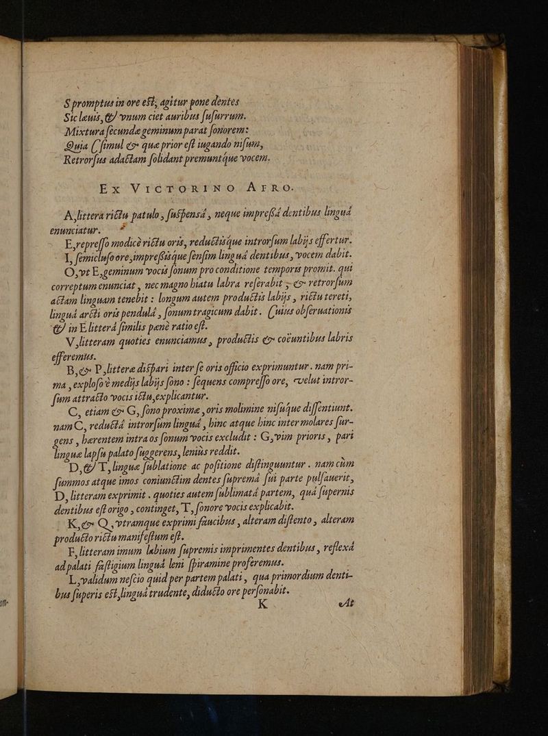 $ promptus in ove ei, agitur pone dentes Sic leuis, GJ vnum ciet auribus [ufurrum. Mixtura [ecunde geminum parat fonorem: Quia (frmul e$ qua prior eft iugaudo m[wa, Retror[us adattam fohdant premuntque yoceni. Ex VICTORINO ArRO. A Jittera vi&amp;tu patulo , fafpensd , neque unprefed dentibus lingud enwuciatur. — * E,repre[fo modic rié£u oris, redutiisque intror[um labi; s effertur. - L, femiclufoore emnpre[tsaue fenfim lig ud dentibus , vocem dabit. O,vt E,geminum vocis [onum pro conditione temporis promit. qui correptum enunciat , nec magno biatu labra re[erabit 5- e: vetrovfum a&amp;tam linguam tenebit : longum autem produ£tis labijs , vié£u tereti, linguá aréti ort penduld , [onum tragicum dabit. (ums obferuationts &amp; in E.litterd fimilis pene ratio eff. V litteram quoties enunciamut , produ£tis c7 coeuntibus labris efferemi. B,c» P littere diffari inter f oris officio exprimuntur . nam pri- sna y explofo à smedijs labijs [omo : [equens comprejJo ore, cvelut iatror- um attrafto vocis iédu explicantur. C, etiam c» G, fno proxima , oris molmme m[utue diffeatiunt. nam C, redu&amp;ld intror[um lingud , binc atque binc inter «molares [ur- gens , barentem intraos fom vocis excludit : G,vim prioris , pari lingue lapu palato [upgerens, lenis reddit. D,&amp;/ T, , lizgue fublatione- ac pofitione diftimguuntur . nam cim firimmos atque imos coniunttim dentes [apremá [ui parte pul[auerit, D, litteram exprimit . quoties autem [ublimatd pavtem, quá [uperms dentibus eft origo , continget, T, fomore vocis explicabit. K,ev Q ,vtramque exprimi faucibus , alteram diffento , alteram produtto riéiu mamfeftum eft. E, litteram imum labium [upremis imprimentes deutibus , reflexa L, validum ue[cio quid per partem palati, qua primordium deuti- bus fiperis eft lingud trudente, diduéto ove perfouabit. K eAt