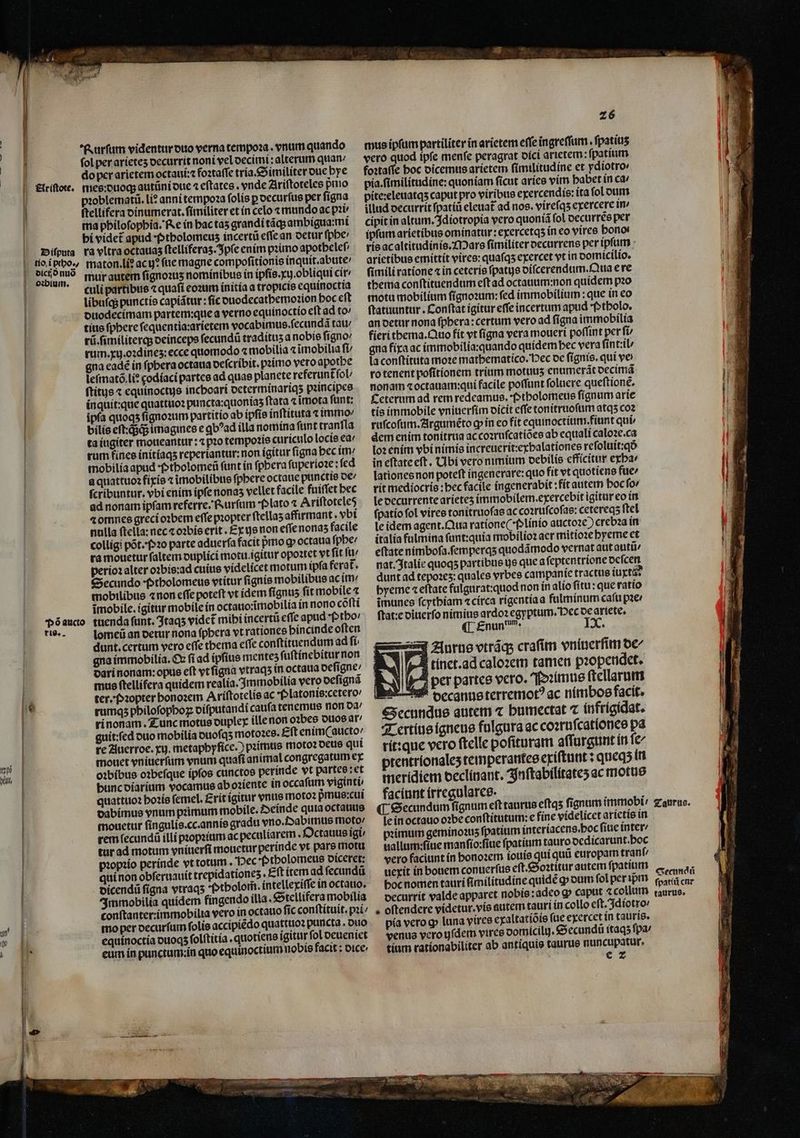 w 1 9 1 fol per arieteʒ oecurrit noni vel decimi: alterum quan: | do per arietem octaui:⁊ foꝛtaſſe tria. Similiter due bye ! pꝛoblematũ. li? anni tempoꝛa folis p decurſus per fígna ftellifera dinumerat. fimiliter et ín celo «mundo ac pi | ma philoſophia. Re in hac taʒ grandi tãq; ambigua:mi hi videt᷑ apud · Ptholomeuz incertũ eſſe an detur ſphe / ra vltra octauas ſtelliferaʒ. Ipſe enim pꝛimo apotheleſ⸗ maton. li? ac ij? fte magne compoſitionis inquit.abute / mur autem ſignoꝛuʒ nominibus in ipſis.xij.obliqui cit culi partibus ⁊ quaſi eoꝛum initia a tropicis equinoctia libuſq; punctis capiãtur: fic duodecathemoꝛion hoc eſt duodecimam partem:que a verno equinoctio eſt ad to tius ſphere ſequentia:arietem vocabimus.ſecundã tau rũ. ſimiliterq; deinceps ſecundũ traditus a nobis figno rum. xij. oꝛdineʒ: ecce quomodo ⁊ mobilia ⁊ ĩmobilia ſi / gna eadẽ in ſphera octaua deſcribit.pꝛimo vero apothe lefmató.li? codíaci partes ad quae planete referunt᷑ ſol / ſtitus equinoctys inchoari determinariqʒ pꝛincipes inquit:que quattuoꝛ puncta:quoniaʒ ſtata ⁊ ĩmota ſunt: | ipfa quoqʒ ſignoꝛum partitio ab ipſis inſtituta «immo bilis eſt:q;qᷓ; imagines e ꝗbꝰad illa nomina ftint tranſla ta iugíter moueantur: ⁊ pꝛo tempoꝛis curiculo locis ea / rum fines initiaqʒ reperiantur: non igitur figna bec im mobilia apud · Ptholomeũ funt in fpbera ſuperioꝛe: ſed | a quattuoꝛ fixis ⁊ ĩimobilibus fpbere octaue punctis de / fcribuntur. vbi enim ipfe nonas vellet facile fuiffet bec ad nonam ipfam referre. furfum Plato 2 Ariftoteles z omnes greci oꝛbem effe pꝛopter ftellas affirmant. vbi nulla ſtella: nec ⁊ oꝛbis erit . Ex ye non effe nonas facile colligi põt.Pꝛo parte aduerfa facit pᷣmo ꝙ octaua ſphe / ra mouetur faltem duplici motu igitur opoꝛtet vt ſit ſu / perioꝛ alter oꝛbis:ad cuius videlicet motum ipfa ferat. Secundo Ptholomeus vtitur fignis mobilibus ac ím/ mobilibus ⁊ non eſſe poteſt vt idem ſignuz ſit mobile ⁊ imobile. ígitur mobile in octauo:ĩmobilia in nono cõſti tuenda fant. Itaqʒ vidct mibi incertũ effe apud f» tbo' lomeũ an derur nona ſphera vt rationes bincinde often dunt. certum vero effe thema eſſe conſtituendum ad ſi gna immobilia. Ox fi ad ipſius mentes fuftínebitur non dari nonam: opus eft vt ſigna vtraqʒ in octaua deſigne / mus ftellífera quidem realia. Immobilia vero deſignã T ter. Pꝛopter bonozem Ariſtotelis ac Platonis:cetero / I rumqʒ pbilofopboz diſputandi cauſa tenemus non da / f ri nonam. Tunc motus duplex ille non oꝛbes duos ar guit:ſed duo mobilia duoſqʒ motoꝛes. £ft enim ( aucto / re Auerroe.xij. metaphyſice.) pꝛimus motoꝛ deus qui mouet vniuerſum vnum quaſi animal congregatum ex oꝛbibus oꝛbeſque ipſos cunctos perinde vt partes: et buncoiarium vocamus ab oꝛiente in occaſum viginti quattuoꝛ hoꝛis femel. Erit igitur vnus moto? pᷣmus:cui dabimus vnum pꝛimum mobile. Deinde quia octauus mouetur ſingulis. cc. annis gradu vno. Dabimus moto / rem ſecundũ illi pꝛopꝛium ac peculiarem . Octauus igi tur ad motum vniuerſi mouetur perinde vt pars motu pꝛopꝛio perinde vt totum . Pec ' ptholomeus diceret: Diſputa J| tlo.i pro» dict ð nud oꝛbium. 'Dó aucto rie. | dicendũ figna vtraqs Ptholom̃. íntellexiffe in octauo. Immobilia quidem fingendo illa. Stellikera mobilia conſtanter:immobilia vero in octauo fic conſtituit.pꝛi mo per decurſum ſolis accipiẽdo quattuoꝛ puncta. duo equinoctia duoqʒ ſolſtitia. quotiens igitur ſol deueniet eum in punctum:in quo equinoctium nobis facit: dice ^ vero quod ipſe menſe peragrat dici arietem: ſpatium foꝛtaſſe boc dicemus arietem ſimilitudine et ydiotro pite:eleuatqʒ caput pro viribus exercendis: ita ſol dum illud decurrit ſpatiũ eleuat ad nos. vireſqʒ exercere in / cipit in altum. Idiotropia vero quoniã fol decurrẽs per ipſum arietibus ominatur:exercetqʒ in eo vires bono ris ac altitudinis. Mars ſimiliter decurrens per ipſum arietibus emittit vires:quaſqʒ exercet vt in domicilio. fimili ratione ⁊ in ceteris ſpatijs diſcerendum. Qua e re thema conſtituendum eſt ad octauum:non quidem pꝛo motu mobilium fígnozum: fed immobilium: que in eo ſtatuuntur. Conftat ígitur effe incertum apud Ptholo. an detur nona fpbera: certum vero ad figna immobilia fieri thema. Quo fit vt figna vera moueri poffint per ft gna fixa ac immobilia:quando quidem bec vera ſintiil · la conſtituta moꝛe mathematico. Hec de fignis. qui ve ro tenent poſitionem trium motuus enumerãt decimã nonam ⁊ octauam:qui facile poffunt foluere queſtionẽ. Ceterum ad rem redeamus. Ptholomeus ſignum arie tis immobile vniuerſim dicit effe tonitruoſum atqʒ coꝛ ruſcoſum. Argumẽto gin eo fit equinoctium.fiunt qui⸗ dem enim tonitrua ac coꝛruſcatiões ab equali caloꝛe.ca lo: enim vbi nimis increuerit:exbalationes reſoluit:qð in eſtate eft. Ubi vero nimium debilis efficitur exha⸗ lationes non poteſt ingenerare: quo fit vt quotiens fue/ rit mediocris: hec facile ingenerabit: fit autem boc ſo⸗ le decurrente arieteʒ immobilem.exercebit igitur eo in ſpatio ſol vires tonitruoſas ac coꝛruſcoſas:cetereqʒ ſtel ie idem agent. Qua ratione(plinio auctoꝛe) crebꝛa in italia fulmina ſunt:quia mobilioꝛ acr mitioꝛe hyeme et eſtate nimboſa.ſemperqʒ quodãmodo vernat aut autũ / nat. Italie quoqʒ partibus ye que a ſeptentrione deſcen dunt ad tepoꝛeʒ: quales vrbes campanie tractus iuxta? byeme ⁊ eſtate fulgurat: quod non in alio ſitu: que ratio imunes ſcythiam ⁊circa rigentia a fulminum cafu pae ſtat:e diuerſo nimius ardoꝛ egyptum. Pec de ariete. ¶ Enun dum. Ix. Jurus vtrãq; craſim vniuerſim oc net. ad caloꝛem tamen pꝛopendet. ger partes vero. Pꝛimus ſtellarum decanus terremotꝰ ac nimbos facit. Secundus autem ⁊ bumectat ⁊ infrigidat. Tertius igneus fulgura ac coꝛruſcatſones pa rit: que vero ftelle pofituram aſſurgunt in fe prentríonales temperantes exiſtunt: queqʒ in meridiem declinant. Inſtabilitateʒ ac motus faciunt irregulares. eee, ¶ Secundum ſignum eſt taurus eſtqʒ fignum immobi / Taurus. ſe in octauo oꝛbe conftitutum: e fine videlicet arietis in pꝛimum geminoꝛuz fpatium interiacens. hoc fiue inter / uallum: ſiue manſio:ſiue ſpatium tauro dedicarunt. poc vero faciunt in honoꝛem iouis ui quũ europam trant/ uexit in bouem conuerſus eſt. Soꝛtitur autem ſpatium (ca hoc nomen tauri ſimilitudine quidẽ ꝙ dum fol peripm ſpatiũ ok occurrit valde apparet nobis: adeo g» caput ⁊ collum taurus. oſtendere videtur. vis autem tauri in collo cft. Idiotro / pia vero ꝙ luna vires exaltatiõis ſue exercet in tauris. venus vero uſdem vires domicilij. Secundũ itaqʒ fpar tium rationabiliter ab antiquis taurus nuncupatur. e 2