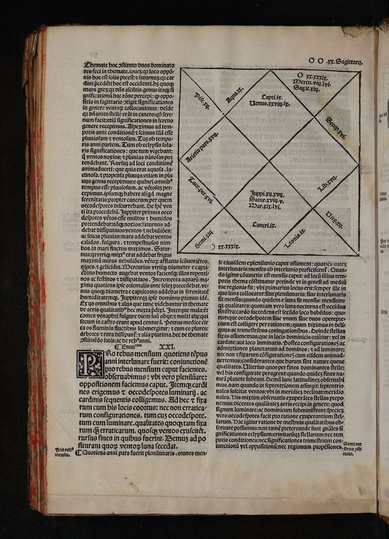 Pꝛo reb? Themate hoc ↄſtituto duos dominato fes feci in themate.ioueʒ:qꝛ loco oppóv dini pcedéti hoc eft occidenti.hʒ quoq; mars ꝑteʒ:qꝛ dñs aſcñtis.genus itaq; ſi gnificationũ hac rõne percepi: a» oppo ^. ſitio in fagittario ↄtigit:ſignificationes p^ in genere ventoz collocauimus: oeide qꝛ dñantes ſtelle erãt in cancro:qð fere: num facit:etiã ſignificationes in ſereno genere recepimus. Aſpeximus ad tem / poꝛis anni conditionẽ:⁊ ſcimus illã effe pluuioſam ⁊ ventoſam. Tuzʒ ob tempo / ris anni partem. Tum ob eclypſis ſola / tío ſignificationes: que tum vigebant: q̃ ventos noxios:⁊ pluuias dãnoſas poꝛ tendebant. Rurſuz ad loci conditionẽ animaduerti: que quía erat aquoſa la / cünofa.t pꝛopenſa pluuijs:etiam in plu uus genus recepimus:e quibus omnib? tempus effe pluuioſum.ac vétofus per / cepimus.ipſumq; habere aliqd magne ſerenitatis:pꝛopter cancrum:per quem oecodeſpotes diſcurrebant. De ſpẽ ven ti ita pꝛocedebã. Juppiter primus oeco deſpotes vétos effe multos z humidos poꝛtendebat:nõq; noxios:ſaturnus ad, debat diſſipatiuos ventos ⁊ nebuliões: ac ſeuas pluuias:mars addebatventos calidos. fulgura.⁊ tempeſtuoſos nim bos. in mari fluctus maximos. Satur⸗ nus:qꝛvtriq; mixtꝰ erat addebat frigus ? maximũ mirae nebuliões.vẽtoꝝ afflatus ĩcõueniẽtes. Bos gelicidia.Mercurius vtriſq; diameter e capꝛi Cono humecto augebat ventos facienſq; illos repenti nos ac feſtinos ⁊ diſſipatiuos. Incrementa aquarũ ma / xima quotiens ipſe oꝛientalis ante ſoleʒ pꝛecedebat.ve / nus quoqʒ diametra e capꝛicoꝛno addebat in ſerenitatẽ humiditatemq;. Juppiterqʒ ipfe dominus pꝛimus idẽ. Ex us omnibus ⁊ alus que tunc videbantur in themate de aeris qualitatib? bec mixta pᷣdixi. Interque mala:ét comes venaphꝛi fulgure diem ſuũ obujt:⁊ multi alij:qui ſecum in caſtro erant apud centurã. Petrus medice cir ca os fluminis fluctibus ſubmergitur: ⁊ cum eo plures: arhoꝛes ⁊ rura diſſipant᷑⁊ alia plurima.hec de tbemate ↄſtituẽdo ſatis:ac de rebꝰanni. . Enun dum XXI. Ro rebus menſium quotiens tẽpus Ad |y  anni interlunare fuerit: coniunctione e DAXp2o rebus menſium caput facientes. - obſeruabimus: vbi vero plenilñare: oppoſitionem faciemus caput. Itemq; cardi nes erigemus ⁊ oecodeſpotes luminarij. ac cardinis ſequentis colligemus. Ad bec ⁊ fixa rum cum his locis cooꝛtus: nec non erratica/ rum configurationes. tum cuʒ oecodeſpote. tum cum luminare.qualitates quoq; tam fixa rum qᷓ; erraticarum. quoſq; ventos exuſcitẽt. rurſus fines in quibus fuerint. Bemuʒ ad po ſituram quoꝝ ventoꝝ luna ſecedat. ¶ Quotiens anni pars fuerit plenilunaris. omnes men / Mercu.viij.j vi. S Capꝛi.ix. Uenus.xxviij.ix. €, 25 2 SN. 0 Spirou rwy, - ur. x vii. v. 8 Mar. xix.l vi. Cancri.ix. interlunaris:menſes ab interlunio pꝛoficiſcent᷑ Quan/ do igitar cõiunctio eft menſis caput: ad locũ illius tem poris thema cõſtituatur perínde vt in geneſi ad mediis tue regionis fit: vbi pꝛimarius locus erit:ſemper ille in quo luna collocatur:ſiue plenilunaris: fiue interlunaris ſit menſis:quando quidem e luna ſit menſis:menſium⸗ qʒ qualitates:quoniam vero luna nocturna eſt:occidua cium eft colligere per rationem: quam diximus in deli quijs:ac trimeſtribus coniugationibus. Deinde ſtellas fixas aſſumemus:que ín locis dominicis oꝛiũtur: vel in cardine:aut loco luminaris.Poſtea configurationes ac admixtiones planetarum ad oomínos: «ad luminare: necnon ⁊ fixarum cõfiguratione cum eifdem animad / uertemus:conſiderantes que barum ſint nature queue qualitates.Ulterius quos per fines dominantes ſtelle: vel his configurate peragrent:quando quídes fines na» turã planete ſubeant.Semũ lune latitudineʒ obſeruabi mus. nam quando in ſeptentrionem affürgít: feptentrio nales ſuſcitat ventos:vbi in meridieʒ declinat:meridio nales. Pis mixtim obſeruatis exuperãtes ſtellas pꝛepo nemus:dicentes qualitateʒ aeris recipi in 4051 quod ſignum luminare:ac dominicum ſubminiſtrant:ſpecieʒ vero oecodeſpotes facit po ratione exuperantium ſtel/ larum. Pac igitur ratione de meſtruis qualitatibus ob⸗ ſeruare poſſumus:non tamẽ pꝛetereunde funt gnãles fi gnificationes eclypſium:crinitarũqʒ ſtellarum:nec tem poꝛis conditiones:nec ſignificationes trimeſtrium con: pd | midio b Jp us Qi